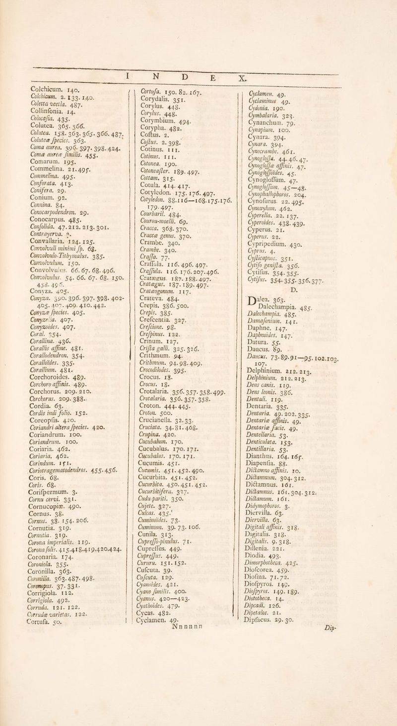 Colchicum. 140. Colchicum. 9. i 395 T5. Coletta veetla. 487. Collinfonia. r4. Colocafia. 435. Colutea. 565. $66. Colutea. 158. 363. 365. 366. 487. Colutec fpecies. 363. | : Coma aurea. 396. 997. 398.424. Come aurec fimilis. 455. Comarum. 195. Commelina. 2r. 49f. Commelina. 495. Conforata. 4t3. Conifera. 29. Conium. 99. Connina. 84. Conocarpodendron. 99. Conocarpus. 485. Confolida. 47.219. 913. 901. Contrayeroa. 9. Convallaria. 124. 125. Convolouli minimi fp. 6g. Convoloulo-Titbymalus. 385. Convoloulum. i50. Convolvulus. 66. 67. 68. 496. Convolsulus. 54. 66. 67. 68. 150. 458. 496. Conyza. 405. Conyza. 390. 396. 397. 398. 402- 405- 407. 409. 410. 442. Conyze fpecies. 405. Conyzella. 407. Conyzoides. 407. Coral. $54. Corallina. . 436. Corallis affine. 481. Corallodendron. 354. Coralloides. 395. Corallium. 481. Corchoroides. 489. Corchoro affinis. 489. Corchorus. 209. 210. Corchorus. 209. 388- Cordia. 63. Cordis indi folio. 152. Coreopíis. 420. Coriandri altera fpecies. 420. Coriandrum. ioo. Coriandrum. 100. Coriaria. 462. Coriaria. 462. Corindum. 141. ! Coriotragematodendros. 4.5 5. 456. Coris. 69. Coris. 68. Corifpermum. 3. Cornu ceroi. 881. Cornucopi&amp;. 490. Cornus. 38. Cornus. 38. 154. 206. Cornutia. 319. Cornutia. 919. Corona imperialis. X19. Corona [olis. 415.41 8.419.4 20.4.24. Coronaria. I74. Coroniola. 255. Coronilla. 363. Coronilla. 863. 487-498. Coronopus. 37. 331. Corrigiola. t12. Corrigiola. 492. Corruda. 121. 122. Corrude varietas, 122. Cortufa. so. [— H i Cortufa. so. 82. 167. Corydalis. 35r. Corylus. 448. Corylus. 448. Corymbium. 494. Corypha. 482. Coftus. 2. ! Coflus. 9. 398. Cotinus. irr. Cotinus. frr. Cotonea.. 190. Cotonea[ler. 189. 497. Cottam. 9315. Cotula. 414. 417. Cotyledon. 175. 176. 407. Cotyledon. 88.116—168.175.176. 179. 497. Courbaril. 494. Courou-moelli. 69. Cracca. 368. 370. Cracce genus. 970. Crambe. 340. Crambe. 2340. Cra(Ja. 77. Craffula. 116. 496. 497. Cra[Jula. 116. 176.207.496. Crategus. 187. 188. 497. Crategus. 187. 189. 497. Crateogonum. 117. Crateva. 484. Crepis. 386. 500. Crepis. 385. | Creícentia. 327. Cre[cione. 98. Crefpinus. 122. Crinum. 127, Crifla galli. 395. 426. Crithmum. 94. Critbmum. 94.98. 409. Crocodilodes. 395. (Crocus. I$. Crocus. 18. Crotalaria. 356. 357.358.499. Crotalaria. 356. 357. 358. Croton. 444.445. Croton. 5oo. - Crucianella. 32.53. Cruciata. 34. 81. 468. Crupina. .4.2C. Cucubalum. 170. Cucubalus. 170. 171. Cucubalus. 170. 171. Cucumis. 451. Cucumis. 451.452. 490. Cucurbita. 451. 452. Cucurbita. 450. 451. 452. Cucurbitifera. 327. Cudu-pariti. 350. Cujeie. 327. Culcas. 435. Cuminoides. 73. Cuminum. 939. 73. 106. Cunila -3.1 3. Cupre[]o-pinulus. 71. Cupreffus. 449. Cupre[Jus.. 449. Cufcuta. 39. Cufcuta. 129. Cyanoides. 421. Cyano fimilis. 400. Cyanus. 420—423. Cyatboides. 479. Cycas. 482. iNnnnnn Cyclamen. 49. Cyclaminus. 49. Cydonia. 190. Cynanchum. 79. . Cynapium. roo. Cynara. 994. Cynara. 394. Cynocrambe. 461. CynoglojJa. 44. 46. 47. Cynoglo[]e affinis. 47. Cynoglo[]ides. 45. Cynogloffum. 47. Cynoglo[]um. | 45—48. Cynofürus. 22. 495. Cynoxylum. 462. Cyperella, 22. 1237. Cyperoides. 438. 439. Cyperus. 2r. Cyperus. 22. Cypripedium. 430. Cyprus. 4. Cy[hicapnos. 95r. Cytifo genifla. 356. Cyufüus. 354.355. Cytifus. 354. 355- 356. 377- D. alea. 363. Dalechampia. 485. Dalechampia. 485. Damafonium. 14r. Daphne. 147. Dapbnoides. 147. Datura. 55. Daucus. 89. Daucus. 73. 89.91—95. 102.103. IO7. í | Delphinium. 212.215. Delpbinium. 9192. 213. Dens canis. 119. Dens leonis. 286. Dentali. r19. Dentaria. 3335. Dentaria. 49.202.355, Dentarie affinis. 49. Dentarie facie. 49. - Dentellaria. 59. Denticulata. 153. Dentillaria. $3. Dianthus. 164. 16g. Diapenfia. 8g. Di&amp;amno affinis. vo. Ditiamnum. 304. 312. Diétamnus. 16r. Dicamnus. 161. 304. 313. Di&amp;amum. 161. Didymopboros. 9. Diervilla, 63. Diervilla. 63. Digitali affinis. 218. Digitalis. 318. Digitahs. 9. 318. Dillenia. 221. Diodia. 493. Dimorpbotbeca.. 495. Diofcorea. 459. Diotma. zi. 2. Diofpyros. 149. Diofpyros. 149. 189. Diototbeva. 14. Dipcadi. 126. Dipetalos. 21. Dipfacus. 29. 30. Dip-