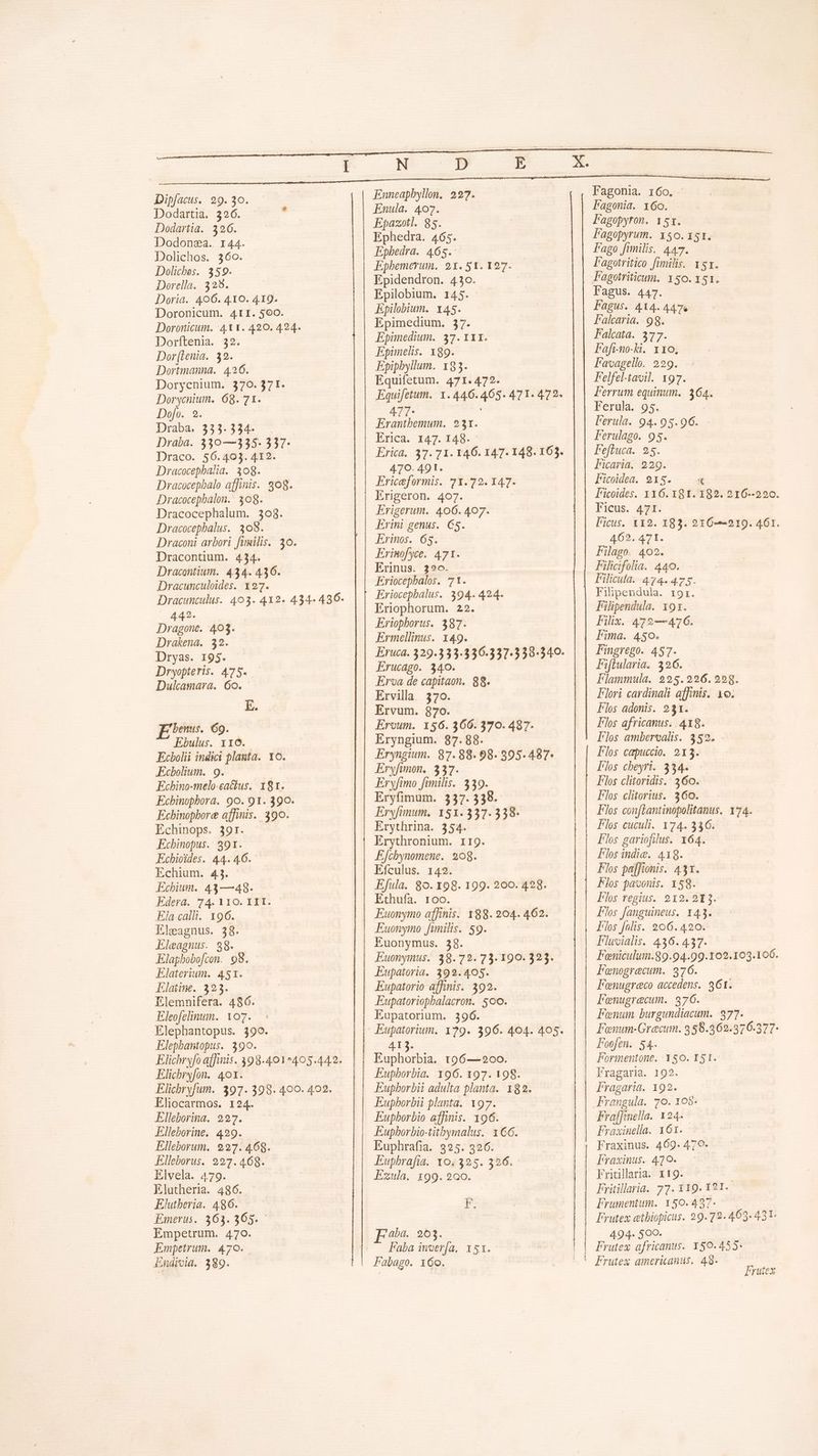 I Dip/acus. 29. 30. Dodartia. 326. Dodartia. 326. Dodonsa.. 144. Dolichos. 360. Doliches. 359. Dorella. 329. Doria. 406. 410. 4I9. Doronicum. A4rI. 500. Doronicum. 4t. 420. 424. Dorfteni. $8. Dor(Llenia. 32. Dortmanna.. 426. Dorycnium. 370.371. Dorycnium. 68. 71. Dofo. 9. Draba. 333. 334- Draba. 330—335- 5337- Draco. 56.403. 412. Dracocepbalia. 308. Dracocepbalo affinis. 808. Dracocepbalon.: 308. Dracocephalum. 308. Dracocepbalus. 308. Draconi arbori fimilis. 30. Dracontium. 434. Dracontium.. 4.34. 436. Dracunculoides. 127. id 442. Dragone. 403. Drakena. 32. Dryas. 195. Dryopteris. 475. Dulcamara. 6o. E. bemus. 69. Ebulus. 110. Ecbolii indici planta. YO. Ecbolium. 9. —— Echino-melo-cactus. 181. Ecbinopbora. 9o. 91. 390. Echinopbore affinis. 390. Echinops. 39r. Ecbinopus. 391. Echioides. 44. 46. Echium. 43. Echium. 43—48. Edera. 74. 110. 1 II. Ela.calli. 196. Eleagnus. 38. Eleagnus. 98. Elapbobo[con. 98. Elaterium. 451. Elaiine. 323. Elemnifera. 486. Eleofelinum. 107. Elephantopus. 390. Elephantopus. 390. Elicbryfon. 401. Elichbryfum. 397. 398. 400. 402. Eliocarmos. 124. Elleborina. 227. Elleborine. 429. Elleborum. 927.468. Elleborus. 227.468. Elvela. 479. Elutheria. 486. Elutberia. 496. Emerus. 363.365. Empetrum. 470. Empetrum. 479. Endivia. 389. Enneapbyllon. 227. Enula. 407. Epasotl. 85. Ephedra. 465. Epbedra. 465. Ephemerum. 21.51.1927. Epidendron. 430. Epilobium. 145. Epilobium. 145. Epimedium. 37. Epimedium. 37. 1X1. Epünelis. x89. Epiphyllum. 183. Equifetum. 471.472. 47T-* Erantbemum. 931. Erica. 147. 148. 479. 491. Ericeformis. 71.72. 147. Erigeron. 407. Erigerum. 406.407. Erini genus. C5. Erinos. 65. Erinofyce. 471. Erinus. 290. Eriocephalos. 71. Eriocepbalus. 394. 424. Eriophorum. 22. Eriopborus. 387. Ermellinus. 149. Erucago. 340. Erva de capitaon. 88. Ervila 370. Ervum. 870. Ervum. 156.366.370. 487. Eryngium. 87.88. Eryngium. 87.88.98. 395. 487- Eryfimon. 337. Eryfimo fimilis. 339. Eryfimum. 337.338. Eryfimum. 151.337.358. Erythrina. 354. Erythronium. i19. Efcbynomene. $08. Efículus. 142. Efula. 8o. 198. 199. 200. 428. Ethufa. 1oo. Euonymo affinis. 188. 204. 462. Euonymo fimilis. 59. Euonymus. 38. Euonymus. 38.72. 753. 190. 323. Eupatoria. 392.405. Eupatorio affinis. 392. Eupatoriopbalacron. 500. Eupatorium. 396. | 413. Euphorbia. r96— 200. Eupborbia. 196. 197. 198. Eupborbii adulta planta. 182. Eupborbii planta. 197. Eupborbio affinis. 196. FEuphorbio-titbymalus. 1 66. Euphrafia. 325. 326. Euphrafia. 10. 325. 326. Exula. 199. 200. aba. 963. Faba invería, 151. Fabago. 160. hann OD RARE EDERRE — ——————— M a —— MM —— € $ Fagonia. 160. - Fagonia. 160. Fagopyron. Ysr. Fagopyrum. 150.151. Fago fimilis. 447. Fagotritico fimilis. 1s. Fagotriticum. 150.151. Fagus. 447. Pagus. 414. 4476 Falcaria. 98. Falcata. 377. Fafr-no-ki.. 110, Favagello. 229. Felfel-tavil. 197. Ferrum equinum. 364. Ferula. 95. l'erula. 94.95.96. Ferulago. 95. Feftuca. 25. Ficaria. 229. Ficoidea. 915. n Ficoides. 116. 181. 182. 216--22o. l'icus. 112. 183. 216—219. 461. 402. 471. Filage. 402. Filcifolia. 440. Filicula. 474.475. Filhipendula. 19r. Filipendula. 191. Filx. 472—476. Fima. 450. Fingrego. 457. Fiflularia. 326. | Flammula. 225.926.998. Flori cardinali affinis. 1o. Flos adonis. 231. Flos africanus. . 418. l'los ambervalis. 352. Flos capuccio. 213. [los cheyri. 334. F'los clitoridis.: 360. Flos clitorius. 360. Flos confZantinopolitanus. 174. Flos cuculi. 174. 336. Flos gariofilus. 164. Flos indie. 418. Flos pa[[ionis. 431. Flos pavonis. 158. PjogPesius. 9190987. Flos fanguineus. 143. Flos falis. 206.420. Flwoials. 436.437. —— Feniculum.89.94.99.102.103.100. Foenogrecum. 376. Fenugreco accedens. 361. Fenugrecum. 376. Foenum burgundiacum. 9377. Fenum-Gracum. 358.362.376.377- Foofen. 54. Forinentone. Y50. I 51. Fragaria. 192. Fragaria. 192. Frangula. 70. 108: Fraffmella. 124. Fraxinella, 161. Fraxinus. 469. 470. Fraxinus. 470. — Friüillaria.. 119. | Fritillaria. 77. 119. I? 1. Prumentum. 150.497. - Frutex eibiopicus. 29. 72.463.431 494- 590. Frutex africanus. 150.455. Frutex amerianus. 48. Frutex