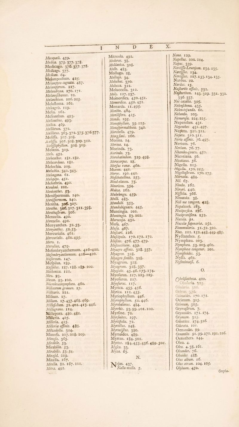 Mecapatli. 459. - Medica. 375« 377- 378. Medicago. 376. 377. 378. Medicago. 577. Medium. 64. | Melampodium. 425. Melampyro cognata. 487. Melampyrum. X17. Melandryna. 170. 171. Melanofchenus. 22. Melantbium. 206. 215. Melaftoma. 162. Meleagris. 119. Melia. 16r. Melianthus. 493. Meliautbus. 493. gMelica. 469. Melilotun. 372. Melilotus. 363. 372. 375- 376-377- Meliffa. 307. 308. Aielila. 307. 308. 309. 312. Meli[Jopbyllum. 308. 309. Melittis. 309. Melo. 451. Meloca&amp;ius. 181.182. Melocarduus. 181. Melochia. 209. Melochbia. | 342. 343. Melongona. 61. Melopepo. 451- Melothria, 490. Mendoni.. X21. Meniantbes. $5. Menifpermum. 140. Menifpermum. Y40o. Mentha. 306. 307: Mentba. 506, 307. 311. 398» Mentba[irum. 306. Menzelia. 492. Menzelia. 492. Menyanthes. 52.58. Menyantbes. 52.53. Mercurialis. 461. Mercurialis. 461.495- Meru. 5. Merulius. 479- Mefembryanthemum. 416--420. Mejfembryantbemuim. 416—420. Mejfereum.. 147. Mefpilus. 189. Mefpilus. 187. 188. 189. 202. Moetbonica. 121. Meu. 93. Meum. 993. 102. Microleuconympbea. 460. . Miliaceum gramen. 27. Militaris. 221. Milium. 27. ;' Milium. 27.437.468. 469. Millefolium.. 51. 401. 413. 446. Millegrana. 114. Millepora. 480. 481. Milleria. 425. Milleria. 425... Millerie affinis. 488. Milzadella. 314. Mimofa. 207. 208. 209. Mimofa. 865. Mirabile. 59. Mirabilis. 53. Mirabilis. 53. 54. Mirafol. 219. Mitella. 167. ... Mitella. 82. 167. 211. Mitra. 492. nm————Ó —RXSS Mitreola. 492. Modoras. 989. Moldavica. 308. Molle. 483. Mollugo. 29. Mollugo. 34. Molochbus. 370. Molucca. 912. Moluccella. 312. Moly. 127. 137- Momordica. 450. 451. Momordica. 450. 451. Monarda. 11.495. Monbin. 494. Monilifera. 425. Mondo. Y95. Monopbyllum. 35. 125. Monofpermaltbea. 342. Morcbella. 479. Morg fani. x60. Morina. I4. Morina. 14. Morinda. 73. AMorinda. 78. Morobatindum. 319.498. Morocarpus. 98. Morfus rane. 460. Morus. 44I. Morus. 192. 44.1. Mofcbatellina. X53. Moul-elavou. 75. Mouricou. 354. AMuroa. 162. Mukelengu. 459. Mull. 483. Munduli. 359. Mundubiguacu. 445. Muntingia. 202. Muntingia. 83. 292. Murucuja. 432. Mufa. 467. Mufa. 467. Mufcari. 126. Mufcipula. 170. 171. 172. Mujcus. 476. 477- 479- Mujcusbloem. 439. Myaero afhinis. 328. 337- Myagron. 328. Myagro fimilis. 328. Myagrum. 328. Myagrum. 328.337. Myofotis. 45. 46. 1373- 374» Myofuros. 117. 223. 229. Myofurus. 117. Myofurus. 117. Myrica. 455. 456. Myrica. x11. 455. Myriophyllum. 446. Myriophyllum. 5. 446. Myrobalanus. 484. Myrrbis. 93.99. 101. 102. Myrfine. 72. Mwyrfinites. 197. Myrtifolia. 72. Myrtillus. x48. Myrtociftus. 380. Myrtoides. 489. Myrtus. 184. 50r. My[ca.. 99. N. 3jas. 437. Nalla mulla. 5. Nana. 129. Napellus. 202. 214. Napus. 339. Narci[Jo-Leucojum. 124. 155. Narci[[us. 1 m Pe: | Narci[]us. 127. 133. 134. 135. Nardus. 22. Na[iurtio affinis. 992. Najturtium.| 143. 329. 331. 332. 336- 337- | Nec cacalia. 395. Nelen[chena. 435. Nelen-tsjunda. 6o. Nelumbo. 203. Nemorofa. 924.225. Nepenthes. 43r. Nepentbes. 431.497. Nepeta. 310. 311. Nepeta. 310. 311. Nerio affinis. 76.497. Ner: 76.4 Nerium. 76. 77. Nbambu-guacu. 450. Nicotiana. 56. Nicotiana. 86. Nigella. 215. iNigc/a. 170.215, Nigellafirum. x70. 175. Nüroala. 484. Nil. 67. Ninbo. x61. Niruri. 440. Ni[]olia. 366. Niwatoka. 38. Noli me tangere. 428. Nopalxocb. 183. Nuciperfica. xgc. Nuciprunifera. x52. Nucula. 9t. Nucule faponarie. 152. Nummularia. $x.52. 320. Nux. 112. 152.449.449. 485. Nyctanthes. 5. Nympha. 203. Nymphea. 53. 209. 460. Nympbece congener. 202. Nympboides. 55. Nyfía. 462. Nyfunimotft. 6. O. 1 . PII 1c e f? 29190061 [1 ^ o Ao SP &amp; ; » du €8 £3 r4  E 8 3px €9 £^» V7 L ULLUS LÜP» 4 do o Ocimum. 315. Ocimum. 315. Ocymafirum. 7. Ocymoides. 171. 174. Ocymum. 315. Odontites. 174. 326. Odorata. iot. Olea. 4. Olus atrum. 104. 105. Quipba-