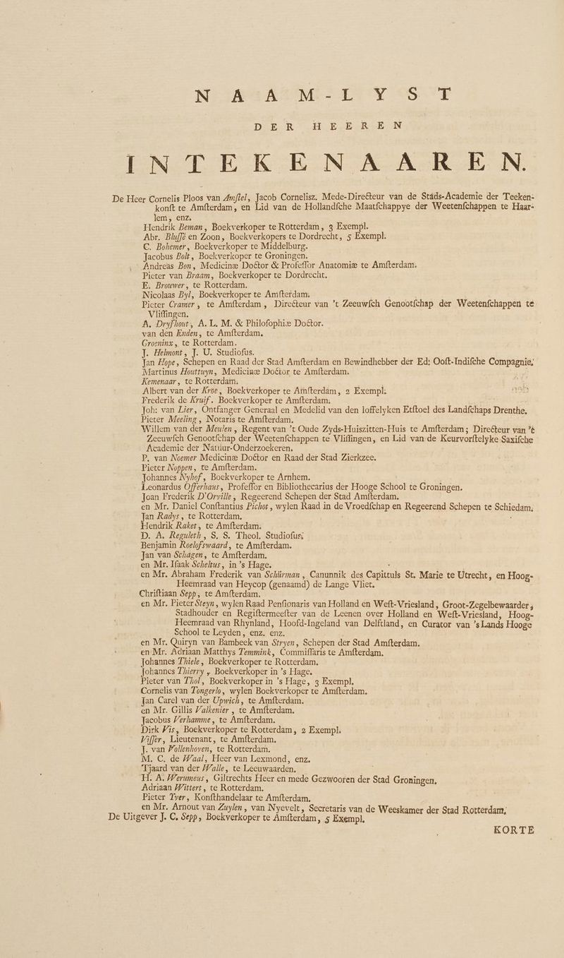 Niwa yes DEE. R lt EBEN INTEKENAAREN De Heer Cornelis Ploos van Amftel, Jacob Cornelisz. Mede-Direfteur van de Städs-Academie der Teeken- konft te Amfterdam, en Lid van de Hollandfche Maatfchappye der Weetenfchappen te Haar: lem, enz | Hendrik Beman, Boekverkoper te Rotterdam , 3 Exempl. Abr. Bluffe en Zoon, Boekverkopers te Dordrecht, 5 Exempl. C. Bohemer, Boekverkoper te Middelburg. | Jacobus Bolt, Boekverkoper te Groningen. ‚ Andreas Bon, Medicine Doétor & Profeffor Anatomie te Amfterdam. Pieter van Braam, Boekverkoper te Dordrecht, E. Brouwer, te Rotterdam. Nicolaas Byl, Boekverkoper te Amfterdam; 5 ER | Picter Cramer, te Amfterdam , Dire@teur van ’t Zeeuwfch Genootfchap der Weetenfchappen te Vlifingen. A. Dryfhout, A.L. M. & Philofophie Doctor. van den Enden, te Amfterdam. Groeninx , te Rotterdam. J. Helmont, J. U. Studiofus. Tan Hope, Schepen en Raad der Stad Amfterdam en Bewindhebber der Ed: Ooft-Indifehe Compagnie, Martinus Houttuyn, Medicine Doêtor te Amfterdam. Kemenaar , te Rotterdam: [ | ee Albert van der Krve, Boekverkoper te Amfterdam, 2 Exempl: Frederik de Kruif. Boekverkoper te Amfterdam: | RE z Joh: van Lier, Ontfanger Generaal en Medelid van den loffelyken Etftoel des Landfchaps Drenthe, Pieter Meeling , Notaris te Amfterdam. Willem van der Meulen, Regent van ’t Oude Zyds-Huiszitten-Huis te Amfterdam; Dire&teur van ’t Zeeuwfch Genootfchap der Weetenfchappen te Vliffingen, en Lid van de Keurvorftelyke Saxifche _# ie t Academie der Nätuur-Önderzoekeren, P. van Noemer Medicine Doctor en Raad der Stad Zierkzee. Pieter Noppen, te Amfterdam. Johannes Nyhof, Boekverkoper te Arnhem. | | er Leonardus Offerhaus, Profeffor en Bibliothecarius der Hooge School te Groningen. Joan Frederik D’Orville, Regeerend Schepen der Stad Amfterdam. en Mr. Daniel Conftantius Pichot , wylen Raad in de Vroedfchap en Regeerend Schepen te Schiedam: Jan Radys, te Rotterdam. | | Hendrik Raket, te Amfterdam: D. A. Regukth, S, S. Theol. Studiofuss Benjamin Roelofswaard, te Amiterdam. Jan van Schagen, te Amfterdam. en Mr. Ifaak Scheltus, in ’s Hage. 1, | en Mr. Abraham Frederik van Schürman , Canunnik des Capittuls St. Marie te Utrecht, en Hoog- Heemraad van Heycop (genaamd) de Lange Vliet. Chriftiaan Sepp, te Amfterdam, | en Mr. Pieter Steyn, wylen Raad Penfionaris van Holland en Weft-Vriesland , Groot-Zegelbewaarder ; Stadhouder en Regiftermeefter van de Leenen over Holland en Weft-Vriesland, Hoog- Heemraad van Rhynland, Hoofd-Ingeland van Delftland, en Curator van ’s Lands Hooge School te Leyden, enz. enz. | en Mr. Quiryn van Bambeek van Stryen, Schepen der Stad Amfterdam. en Mr. Adriaan Matthys Temmink, Commiflaris te Amfterdam. Johannes Thiele, Boekverkoper te Rotterdam. Johannes Thierry „ Boekverkoper in ’s Hage, Pieter van hol, Boekverkoper in ’s Hage, 3 Exempl. Cornelis van Tongerlo, wylen Boekverkoper te Amfterdam. Jan Carel van der Upwich, te Amfterdam. en Mr. Gillis Valkenier , te Amfterdam. acobus Verhamme , te Amfterdam. Dirk Vis, Boekverkoper te Rotterdam, 2 Exempl, Viffer, Lieutenant, te Amfterdam. . van Wollenhoven, te Rotterdam. M. C. de Waal, Heer van Lexmond, enz. rg van der Walle, te Leeuwaarden. H. A. Werumeus, Giltrechts Heer en mede Gezwooten der S Oni Adriaan Wittert, te Rotterdam. en Es en Konfthandelaar te Amfterdam. __ en Mr. Arnout van Zuylen, van Nyevelt, Secretaris van de | otterdam, De Uitgever J. C. Sepp, Boekverkoper te alten ‚5 Exempl, a a Born, KORTE