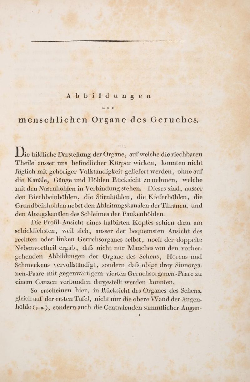 Abbildungen der menschlichen Organe des Geruches. D.:. bildliche Darstellung der Organe, auf welche die riechbaren Theile ausser uns befindlicher Körper wirken, konnten nicht füglich mit sehöriger Vollständigkeit geliefert werden, ohne auf die Kanäle, Gänge und Höhlen Pücksicht zunehmen, welche mit den Nasenhöhlen in Verbindung stehen. Dieses sind, ausser den Riechbeinhöhlen, die Stirnhöhlen, die Kieferhöhlen, die Grundbeinhöhlen nebst den Ableitungskanälen der Thränen, und den Abzugskanälen des Schleimes der Paukenhöhlen. Die Proßil-Ansicht eines halbirten Kopfes schien dazu am schicklichsten, weil sich, ausser der bequemsten Ansicht des rechten oder linken Geruchsorganes selbst, noch der doppelte Nebenvortheil ergab, dals nicht nur Manches von den vorher- gschenden Abbildungen der Organe des Sehens, Hörens und Schmeckens vervollständigt, sondern dafs obige drey Sinnorsga- nen-Paare mit gegenwärtigem vierten Geruchsorganen -Paare zu einem Ganzen verbunden dargestellt werden konnten. So erscheinen hier, in Püücksicht des Organes des Sehens, gleich auf der ersten Tafel, nicht nur die obere Wand der Augen- höhle («.u.), sondern auch die Centralenden sämmtlicher Augen-