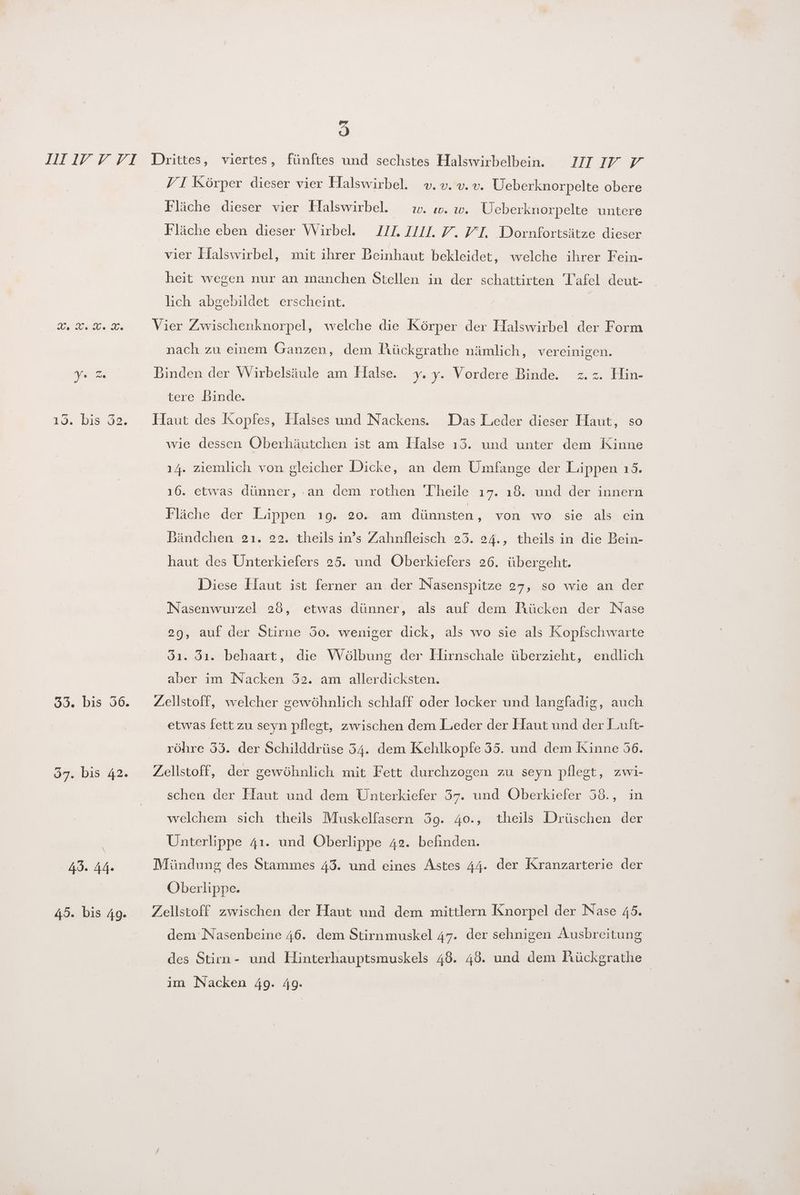 IlI1IY V VI Drittes, viertes, fünftes und sechstes Halswirbelbein. UIIV V VI Körper dieser vier Halswirbel. v.v. v. ©. Ueberknorpelte obere Fläche dieser vier Halswirbel. zw. w. w. Ueberknorpelte untere Fläche eben dieser Wirbel. UILII.Y.YVI. Dornfortsätze dieser vier Halswirbel, mit ihrer Beinhaut bekleidet, welche ihrer Fein- heit wegen nur an manchen Stellen in der schattirten Tafel deut- lich abgebildet erscheint. %%.%.% Vier Zwischenknorpel, welche die Körper der Halswirbel der Form nach zu einem Ganzen, dem Pückgrathe nämlich, vereinigen. N Binden der Wirbelsäule am Halse. y.y. Vordere Binde. z.z. Hin- tere Binde. 13. bis 32. Haut des Kopfes, Halses und Nackens. Das Leder dieser Haut, so wie dessen Oberhäutchen ist am Halse ı3. und unter dem Kinne 14. ziemlich. von. gleicher Dicke, an dem Umfange der Lippen 19. 16. etwas dünner, .an dem rothen ‘Theile ı7. ı6. und der innern Fläche der Lippen ı9. 20. am dünnsten, von wo sie als ein Bändchen 2ı. 22. theils in’s Zahnfleisch 23. 24., theils in die Bein- haut des Unterkiefers 25. und Öberkiefers 26. übergeht. Diese Haut ist ferner an. der Nasenspitze 27, so wie an der Nasenwurzel 28, etwas dünner, als auf dem Mücken der Nase 29, auf der Stirne do. weniger dick, als wo sie als Kopfschwarte 3ı. 31. behaart, die Wölbung der Elirnschale überzieht, endlich aber ım Nacken 32. am allerdicksten. 33. bis 36. Zellstoff, welcher gewöhnlich schlaff oder locker und langfadig, auch etwas fett zu seyn pflegt, zwischen dem Lieder der Haut und der Luft- röhre 33. der Schilddrüse 34. dem Kehlkopfe 35. und dem Rinne 56. 37. bis 42. .. Zellstoff, der gewöhnlich mit Fett durchzogen zu seyn pflegt, zwi- schen der Haut und dem Unterkiefer 37. und Oberkiefer 38., in welchem sich theils Muskelfasern 39. 40., theils Drüschen der Unterlippe 41. und Oberlippe 42. befinden. 43. 44» Mündung des Stammes 43. und eines Astes 44. der Kranzarterie der Oberlippe. | 45. bis 49. Zellstoff zwischen der Haut und dem mittlern Knorpel der Nase 45. dem Nasenbeine 46. dem Stirnmuskel 47. der sehnigen Ausbreitung des Stirn- und Hinterhauptsmuskels 48. 48. und dem Jiückgrathe im Nacken 49. 49. |