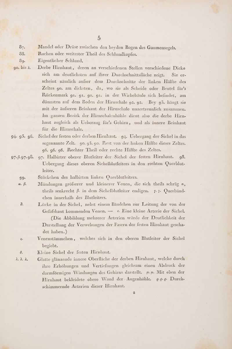 94- 95. 96. 97.8.97.90. 9% 0, AA 1 Ö Mandel oder Drüse zwischen den beyden Bogen des Gaumensegels. Piachen oder weitester Theil des Schlundkopfes. Eigentlicher Schlund, Derbe Hirnhaut, deren an verschiedenen Stellen verschiedene Dicke sich am deutlichsten auf ihrer Durchschnittsfläche zeigt. Sie er- scheint nämlich aufser dem Durchschnitte der linken Hälfte des Zeltes go. am dicksten, da, wo sie als Scheide oder Beutel für’s Piückenmark 91. 91. gı. 91: in der Wirbelsäule sich befindet, am dünnsten auf dem Boden der Hirnschale 92. 92. Bey 93. hängt sie mit der äulseren Beinhaut der Hirnschale unzertrennlich zusammen. Im ganzen Bezirk der Hirnschalenhöhle dient also die derbe Hirn- haut zugleich als Ueberzug für’s Gehirn, und als innere Beinhaut für die Hirnschale. | Sichel der festen oder derben Hirnhaut. 94. Uebergang der Sichel in das sogenannte Zelt. 90. 95. 90. Jiest von der linken Hälfte dieses Zeltes. 06. 96. 96. Piechter Theil oder rechte Hälfte des Zeltes. 97. Halbirter oberer Blutleiter der Sichel der festen Hirnhaut. 98. Uebergang dieses oberen Sichelblutleiters in den rechten Querblut- leiter. Stückchen des halbirten linken Querblutleiters. Mündungen gröfserer und kleinerer Venen, die sich theils schräg «, theils senkrecht $- in dem Sichelblutleiter endigen. 7.7. Querbänd- chen innerhalb des Blutleiters. Lücke in der Sichel, nebst einem Bändchen zur Leitung der von der Gefäfshaut kommenden Venen. — e. Eine kleine Arterie der Sichel. (Die Abbildung mehrerer Arterien würde der Deutlichkeit der Darstellung der Verwebungen der Fasern der festen Hirnhaut gescha- det haben.) Venenstämmchen,, welches sich in den oberen Blutleiter der Sichel begiebt. Kleine Sichel der festen Hirnhant. Glatte glänzende innere Oberfläche der derben Hirnhaut, welche durch ihre Erhöhungen und Vertiefungen gleichsam‘ einen Abdruck der darmförmigen Windungen des Gehirns darstellt. «u. Mit eben der Hirnhaut bekleidete obere Wand der- Augenhöhle. g.g.0. Durch- schimmernde Arterien dieser Hirnhaut.