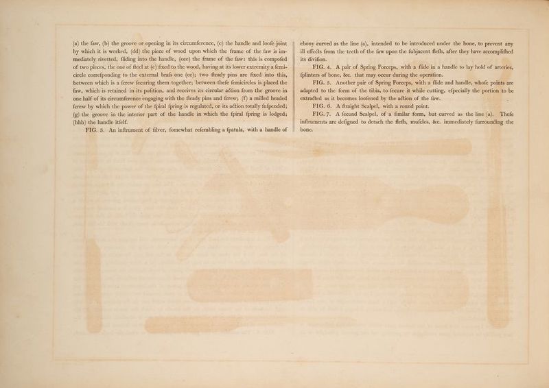 by which it is worked, (dd) the piece of wood upon which the frame of the faw is im- mediately rivetted, fliding into the handle, (eee) the frame of the faw: this is compofed of two pieces, the one of fteel at (e) fixed to the wood, having at its lower extremity a femi- circle correfponding to the external brafs one (ee); two fteady pins are fixed into this, between which is a {crew fecuring them together; between thefe femicircles is placed the faw, which is retained in its pofition, and receives its circular action from the groove in one half of its circumference engaging with the fteady pins and fcrew; (f) a milled headed {crew by which the power of the {piral {pring is regulated, or its action totally fufpended; (g) the groove in the interior part of the handle in which the gis {pring is lodged; (hhh) the handle itfelf. FIG. 3. An inftrument of filver, fomewhat refembling a fpatula, with a handle of ill effects from the teeth of the faw upon the fubjacent flefh, after they have eae its divifion. FIG. 4. A pair of Spring Forceps, with a flide in a handle to lay hold of arteries, {plinters of bone, &amp;c. that may occur during the operation. FIG. 5. Another pair of Spring Forceps, with a flide and handle, whofe points are adapted to the form of the tibia, to fecure it while cutting, efpecially the penton to be extracted as it becomes loofened by the action of the faw. FIG. 6. A ftraight Scalpel, with a round point. FIG. 7. A fecond Scalpel, of a fimilar form, but curved as the line (a). Thefe inftruments are defigned to detach the flefh, mufcles, &amp;c. immediately furrounding the bone.