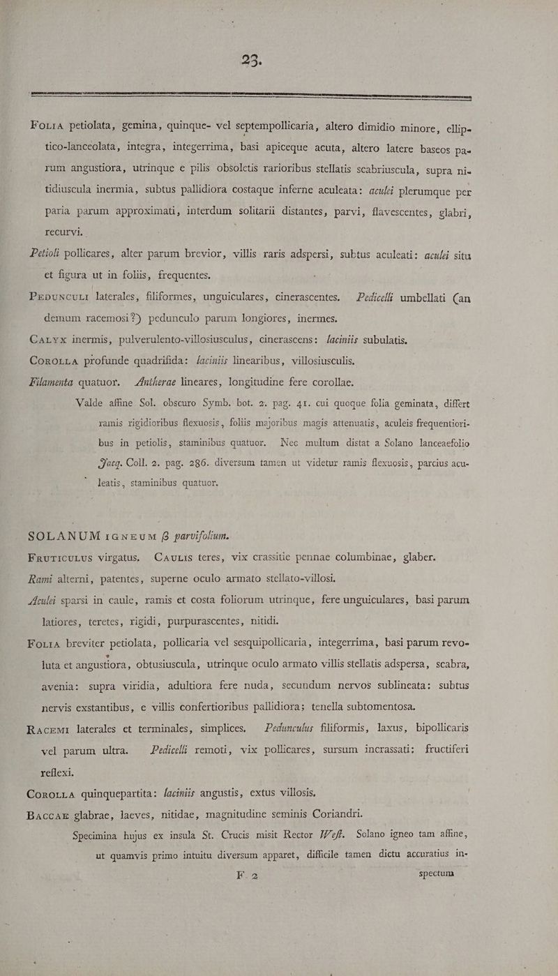 25. ÍPREUNNNIBUULINPU-MICHUDMRNUINr T UUNIPTPS OM SEDEUSEDURSEECRMUNEIEEEURN EH SONETUNEPSCUPPSEESEPHEREEU UNA. ForiA petiolata, gemina, quinque- vel septempollicaria, altero dimidio minore, ellip- tico-lanceolata, integra, integerrima, basi apiceque acuta, altero latere bascos pa« rum angustiora, utrinque e pilis obsolctis rarioribus stellatis scabriuscula, Supra ni- tidiuscula inermia, subtus pallidiora costaque inferne aculeata: aculei plerumque per paria parum approximat, interdum solitarii distantes, parvi, flavescentes, glabri, recurvi. Petioli pollicares, alter parum brevior, villis raris adspersi, subtus aculeati: acul&i situ et figura ut in folüs, frequentes. PrpuxcuLI laterales, filiformes, unguiculares, cinerascentes. — Pedici umbcellatüi (an demum racemosi?) pedunculo parui longiores, inermes. Carvx inermis, pulverulento-villosiusculus, cinerascens: (ageiniir subulatis. Conorra profunde quadrifida: /acimiis linearibus, villosiusculis. Filamenta quatuor. — Zfuiherae lineares, longitudine fere corollae. Valde affine Sol. obscuro Symb. bot. 2. pag. 4r. cui quoque folia geminata, differt ramis rigidioribus flexuosis, foliis majoribus magis attenuatis, aculeis frequentiori- bus in petiolis, staminibus quatuor. Nec multum distat a Solano lanceaefolio Jatg. Coll. 2. pag. 286. diversum tamen ut videtur ramis flexuosis, parcius acu- leatis, staminibus quatuor. SOLANUM iaGxzudM f parvifolium. FnauriCULUS virgatus, CAuLiS teres, vix crassiüe pennae columbinae, glaber. Rami alterni, patentes, superne oculo armato stellato-villosi. AAculei sparsi in caule, ramis et costa foliorum utrinque, fere unguiculares, basi parum latiores, teretes, rigidi, purpurascentes, nitidi. FoLrA breviter petiolata, pollicaria vel sesquipollicaria, integerrima, basi parum revo- luta et angustiora, obtusiuscula, utrinque oculo armato villis stellatis adspersa, scabra, avenia: supra viridia, adultiora fere nuda, secundum nervos sublineata: subtus nervis exstantibus, e villis confertioribus pallidiora; tenella subtomentosa. RacEMi laterales et terminales, simplices, — Pedunculur filiformis, laxus, bipollicaris vel parum ultra. JPedicli remoti, vix pollicares, sursum incrassati; fructifcri reflexi. Conorra quinquepartita: acimir angustis, extus villosis, Baccax glabrae, laeves, nitidae, magnitudine seminis Coriandri. Specimina hujus ex insula St. Crucis misit Rector J//zff. Solano igneo tam affine, ut quamvis primo intuitu diversum apparet, difficile tamen dictu accnratius in- F.2 spectum