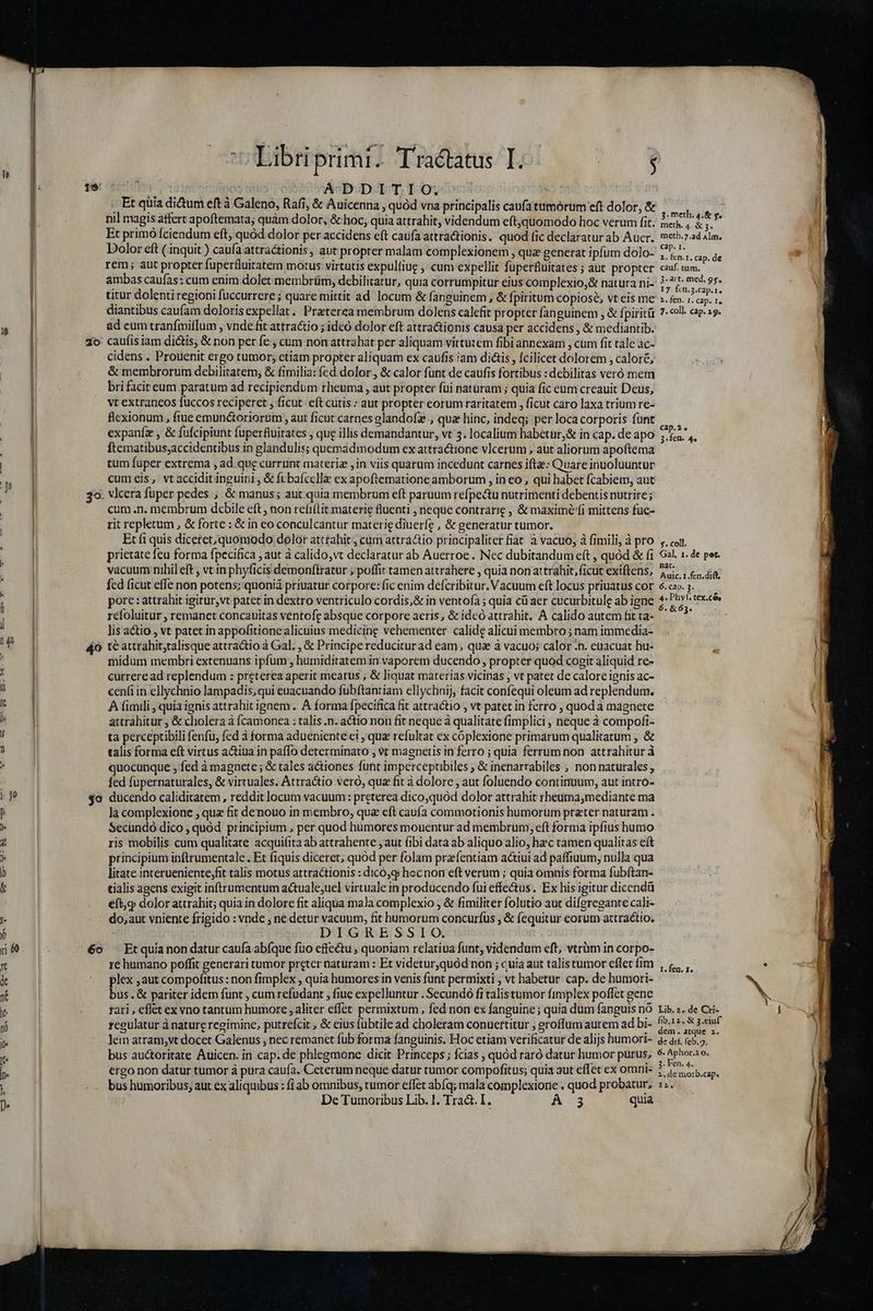 [| n JI (adiatcutnos m un vec DD T. T Oycocdep o dab | . Et quia di&amp;um eft à Galeno, Rafi, &amp; Auicenna , quód vna principalis caufatumoórum eft dolor, &amp; nil magis affert apoftemata; quàm dolor, &amp; hoc, quia attrahit, videndum eftjquomodo hoc verum fit. Et primó fciendum eft, quod dolor per accidens eft caufa attra&amp;tionis. quod fic declaratur ab Auer. Dolor eft ( inquit ) caufa attractionis , aut propter malam complexionem , qu generat ipfum dolo- rem; aut propter fuperfluitatem motus virtutis expulfiue ,. cum expellit fuperfluitates ; aut propter ambas caufas: cum enim dolet membrüm, debilitatur, quia corrumpitur eius complexio,&amp; natura ni- titur dolenti regioni fuccurrere ; quare mittit ad locum &amp; fanguinem , &amp; fpiritum copiose, vt eis me diantibus caufam dolorisexpellat. Praterea membrum dolens calefit propter fanguinem , &amp; fpiritü * n2 ad cum tranfmiflum , vnde fit attractio ; ideo dolor eft attractionis causa per accidens , &amp; mediantib. | zo. cauíisiam dictis, &amp; non per fe, cum non attrahat per aliquam virtutem fibi annexam , cum fit tale ac- cidens . Prouenit ergo tumor; etiam propter aliquam ex caufis iam dictis , fcilicet dolorem , calore; I. &amp; membrorum debilitatem; &amp; fimilia: fed dolor , &amp; calor fünt de caufis fortibus : debilitas veró mem ) i bri facit eum paratum ad recipiendum rheuma , aut propter fui naturam ; quia fic eum creauit Deus, | vt extraneos füuccos reciperet , ficut eft cutis : aut propter eorum raritatem , ficut caro laxa trium re- flexionum , fiue emunctoriorum , aut ficut carnes glandofz , qua hinc, indeq; per loca corporis fünt expaníz , &amp; fufcipiunt fuperfluitates , que illis demandantur, vt 3. localium habetur,&amp; in cap. de apo Ítematibus;accidentibus in glandulis; quemadmodum ex attractione vlcerum ; aut aliorum apoftema | tum fuper extrema , ad que currunt materiz in viis quarum incedunt carnes ifta: Quare inuoluuntur cum eis, vt accidit inguini , &amp; ft bafcell ex apoftematione amborum , in eo , qui habet fcabiem, aut | 3o. vlcera fuper pedes ,. &amp; manus; aut quia membrum eft paruum refpe&amp;tu nutrimenti debentis nutrire; | cum.n. membrum debile eft ; non refiftit materie fluenti , neque contrarie , &amp; maximé(i mittens füe- rit repletum, &amp; forte : &amp; in eo conculcantur materie diuerfe , &amp; generatur tumor. Et fi quis diceret, quomodo dolor attrahit; cum attra&amp;io principaliter fiat à vacuo, à fimili, à pro prietate feu forma fpecifica , aut à calido,vt declaratur ab Auerroe . Nec dubitandum eft , quód &amp; fi vacuum nihil eft , vt in phyficis demonftratur ; poffit tamen attrahere , quia non attrahit, ficut exiftens, | fed ficut effe non potens; quonià priuatur corpore: fic enim defcribitur. Vacuum eft locus priuatus cor pore: attrahit igitur,vt patet in dextro ventriculo cordis,&amp; in ventofa ; quia cü aer cucurbitule ab igne : | refoluitur , remanet concauitas ventofe absque corpore aeris, &amp; ideó attrahit. A calido autem fit ta- lis actio , vt patet in appofitioncalicuius medicine vehementer calide alicui membro ; nam immedia- meth. 4. &amp; s. meth.7.ad Alm, cap. I. 2. fen. 1. cap. de cauf. tum. 3-art. med. 95. 17. fcn.3.cap.1., 2. fen. 1. cap. r. 7. coll. cap. 19. 2 fen. 4e f. coll. Gal, 1. de pet. nat. Auic. 1.fen.dift, 6. cap. 3. 4. Phyf. tex.cós 6.&amp;63.- Eu 4o te attrahit;talisque attractio à Gal. , &amp; Principe reduciturad eam, qua à vacuo; calor -n. euacuat hu- d midum membri exrenuans ipfum , humiditatem.in vaporem ducendo , propter quod cogit aliquid re- : currere ad replendum : preterea aperit meatus ; &amp; liquat materias vicinas , vt patet de calore ignis ac- Pg cenfi in ellychnio lampadis,qui euacuando fübftantiam ellychnij, facit confequi oleum ad replendum. JE A fimili , quia ignis attrahit ignem . À forma fpecifica fit attractio , vt patet in ferro ; quod à magnete l attrahitur , &amp; cholera à fcamonea : talis .n. actio non fit neque à qualitate fimplici , neque à compoft- Sm ta perceptibili fenfu, fed 3 forma adueniente ei ; qua refultat ex cóplexione primarum qualitatum , &amp; M talis forma eft virtus actiua in paffo determinato , vt magnetis in ferro ; quia ferrumnon attrahitur à - ! quocunque , fed à magnete ; &amp; tales actiones funt imperceptibiles ; &amp; inenarrabiles , nonnaturales , ; | fed fupernaturales, &amp; virtuales. Attractio vero, qua fit à dolore , aut foluendo contimum, aut intró- ha» $a ducendo caliditatem , reddit locum vacuum: preterea dicoquód dolor attrahit rheuma,mediante ma P la complexione , que fit denouo in membro, qua eft caufa commotionis humorum prater naturam . « | Secundo dico , quód principium , per quod humores mouentur ad membrum; eft forma ipfius humo it ris mobilis cum qualitate acquifita ab attrahente ;aut (ibi data ab aliquo alio, hac tamen qualitas eft - | principium inftrumentale . Et fiquis diceret; quód per folam prafentiam actiui ad paffiuum, nulla qua b litate interueniente;fit talis motus attractionis : dicó,g9 hocnon eft verum ; quia omnis forma fubftan- &amp; | tialis agens exigit inftrumentum actuale;uel virtuale in producendo fui effectus. Ex his igitur dicendü . «eft dolor attrahit; quia in dolore fit aliqua mala complexio , &amp; fimiliter folutio aut diferegante cali- JEN I . : do;aut vniente frigido : vnde , ne detur vacuum, fit humorum concurfus , &amp; fequitur eorum attractio, é 1| | DIGRESSIO. | ne - | €o Etquianon datur caufa abíque fuo effe&amp;u , quoniam relatiua funt, videndum eft, vtrüm in corpo- ic | re humano poffit generari tumor preter naturam : Et videtur,quód non ; cuia aut talistumor effec fim , &amp;. ,. d ^. plex ,autcompofitus: non fimplex , quia humores in venis funt permixti , vt habetur. cap. de humori- * bus. &amp; pariter idem funt , cum refudant , fiue expelluntur . Secundó fi talistumor fimplex poffet gene  | . . fati, eflet ex vno tantum humore , aliter effet permixtum, fed non ex fanguine; quia dum fanguis nO Lib. :. de Cri- ni | regulatur à nature regimine, putrefcit , &amp; eius fübtile ad choleram conuertitur , groffum autem ad bi- EU Qu prat  | ^ Jematram,vt docet Galenus , nec remanet fub forma fanguinis. Hoc etiam verificatur dealijs humori- ge à (eb...  | bus auctoritate Auicen. in cap. de phlegmone dicit Princeps; fcias quód raró datur humor purus, H CEA S  E ergo non datur tumor à pura caufa. Ceterum neque datur tumor compofitus; quia aut effet ex omni- 7 4555 cp, 4 -. bushümoribus, aut ex aliquibus : fi ab omnibus, rumor effet abíq; mala complexione . quod probatur, 1;.
