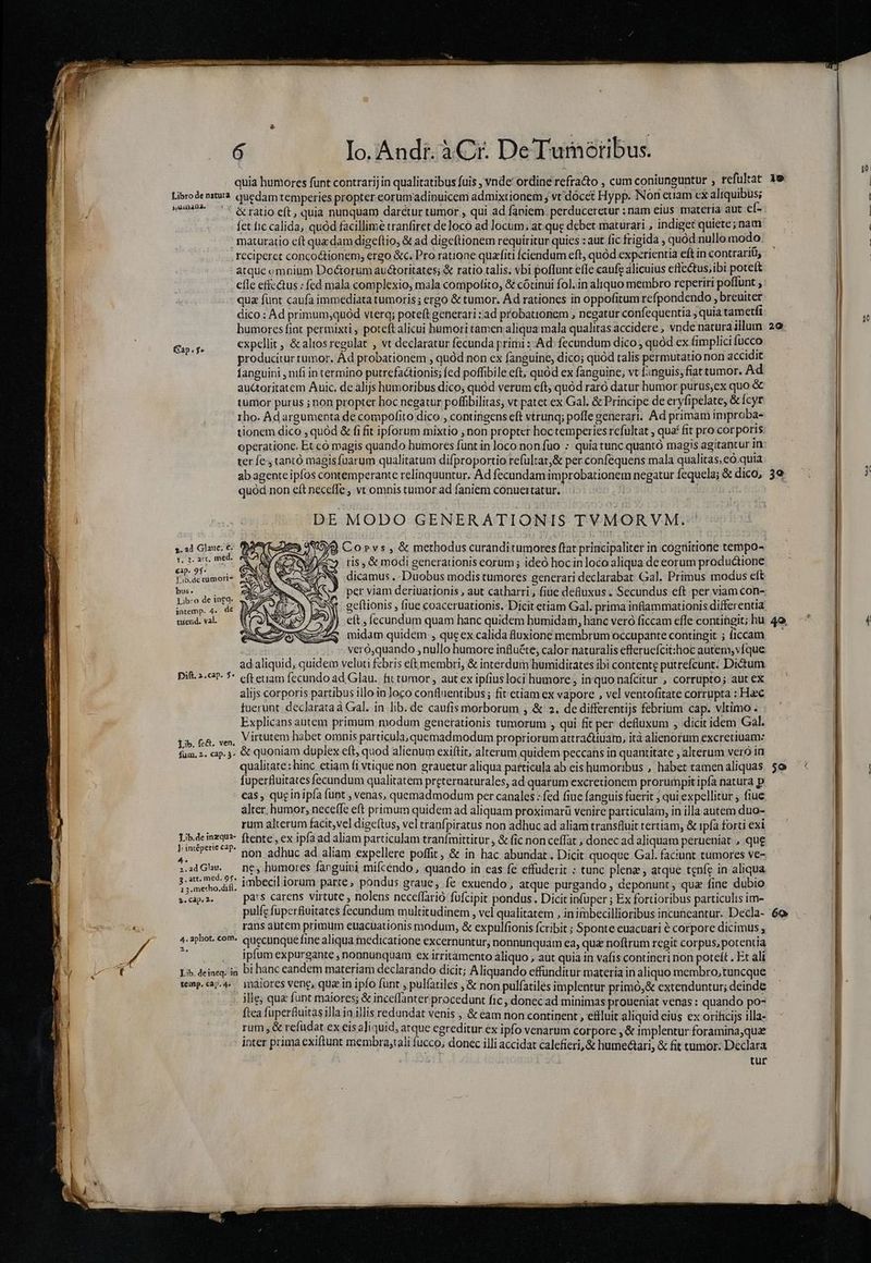 quia humores funt contrarij in qualitatibus fuis , vnde' ordine refracto , cum coniunguntur , refultat Librodenitua. quedam temperies propter eorumadinuicem admixtionem ; vt'dócet Hypp. Nor euam cx altquibus; »^ ''&ratio eft, quia nunquam daretur tumor , qui ad faniem. perduceretur : ram eius materia aut ef- fet fic calida, quod facillime tranfiret deloco ad locum. at.que debet maturari , indiget quiete ;nam ' maturatio eft quzdam digeftio, & ad digeftionem requiritur quies : aut fic frigida , quód nullo modo. rcciperct conco&tionem, ergo &c. Pro ratione quafiti Íciendum eft, quód experientia eft in contrari(i, atque omnium Doctorum auctoritates; & ratio talis. vbi poflunt effe caufg alicuius effectus,ibi poteft qua fünt caufa immediata tumoris; ergo & tumor. Ad rationes in oppofitum refpondendo , breuiter dico : Ad primum,quód vterq; poteft generari :ad probationem , negatur confequentia , quia tametfi humores fiot permixti , poteftalicui bumori tamen aliqua mala qualitas accidere , vnde natura illum expellit , & altos regulat , vt declaratur fecunda prirni : Ad. fecundum dico , quód ex fimplici fucco | producitur tumor. ÀÁd probationem , quód non ex fanguine, dico; quód talis permutatio non accidit 1 fanguini nifi in termino putrefactionis; fed poffibile eft; quód ex fanguine, vt linguis, fiat tumor. Ad auctoritatem Auic. de alijs humoribus dico; quód verum cft; quód raró datur humor purus,ex quo & (Sap. f» 3 rho. Ad argumenta de compofito dico , contingens eft vtrunq; pofle generari. Ad primam improba- is tionem dico , quód & fi fit ipforum mixtio ; non proptcr hoc temperies refültat , qua fit pro.corporis operatione. Et có magis quando humores funt in loco non fuo ; quiatunc quantó magis agitantur in ter fe: tantó magis fuarum qualitatum difproportio reful:at,& per confequens mala qualitas, eó quia ab agente ipfos contemperante relinquuntur. Ad fecundam improbationem negatur fequela; & dico, quod non e(t neceffe , vt omnis tumor ad faniem conuertatur. | Li d DE MODO GENERATIONIS TVMORVM. H | $. ad Glauc; £. il r.c, med. | €ap. 95- t j Lib.decumori^ ; bus. Libro de in£q. intemp. 4. dé vuend. val. /) Co»rvs , & methodus curanditumores ftat principaliter in cognitione tempo- ris & modi generationis eorum ; ideó hoc in locoaliqua de eorum productione dicamus . Duobus modis tumores generari declarabat Gal. Primus modus eft ! per viam deriuationis , aut catharri , fiue deduxus. Secundus eft per viam con- | geftionis , fiue coaceruationis, Dicit etiam Gal. prima inflammationis differentia eft, fecundum quam hanc quidem humidarn, hanc veró ficcam effe contiügit; hu | iN. 27 A midam quidem , que ex calida luxione membrum occupante contingit ; ficcam | -. . veró,quando , nullo humore influéte, calor naturalis efferuefcit:hoc autem, vfque | | P Es erui rta it ipic aua RU) ad aliquid, quidem veluti fbris eft membri, & interdum humiditates ibi contente putrefcunt: Dictum pif. ».c4?- 7* eft etiam fecundo ad Glau.. fi tumor , aut ex ipfiusloci humore , inquo nafcitur , corrupto; aut ex alijs corporis partibus illo in loco confluentibus ; fit ctiam ex vapore , vel ventofitate corrupta : Haec fuerunt. declarata à Gal. in lib. de caufis morborum , & 2. de differentijs febrium cap. vltimo | Explicans autem primum modum gencetationis tumorum , qui fit per defluxum , dicit idem Gal. | fi. fs&. ven. Virtutem habet omnis particula, quemadmodum propriorum attractiuam, ità alienorum excreriuam: 1- fam, z. cap. $. & quoniam duplex eft, quod alienum exiftit, alterum quidem peccans in quantitate , alterum vero in | qualitate: hinc. etiam fi vtiqué non grauetur aliqua particula ab eis humoribus , habet camen aliquas fuperfiuitates fecundum qualitatera preternaturales, ad quarum excretionem prorumpit ipfa natura p eas , qug in ipfa funt , venas, quemadmodum per canales : fed fiue fanguis fuerit ; qui expellitur fiue alter. humor, neceffe eft primum quidem ad aliquam proximarü venire particulam, in illa autem duo- Asp rum alterum facit,vel digeftus, vel tranfpiratus non adhuc ad aliam transfluit tertiam, & ipía forti exi apes ftente , ex ipfa ad aliam particulam tranfmittitur , & fic non ceffat , donec ad aliquam perueniat , que AUN non adhuc ad aliam expellere poffit, & in hac abundat. Dicit quoque Gal. faciunt tumores ve- 2d Ur ne; humores farguivi mifcéndo , quando in eas fe effuderit ; tunc plene , atque tenfe in aliqua dne bodid, imbecil iorum parte, pondus graue, fe exuendo, atque purgando , deponunt, qua fine dubio pulfe fuperfiuitates fecundum multitudinem , vel qualitatem , in imbecillioribus incuncantur. Decla- € rans autem primum euacuationis modum, & expulfionis fcribit ; Sponte euacuari é corpore dicimus , ( E aphot, Eom. quecunque fine aliqua medicatione excernuntur, nonnunquam ea, qu& noftrum regit corpus, potentia lh ipfum expurgante , nonnunquam ex irritamento aliquo ; aut quia in vafis contineri non poteít . Et ali temp. cay. 4» maiores vene; quein ipfo fünt , pulfatiles , & non pulfatilés implentur primó,& extenduntur; deinde , ille; qua funt maiores; & inceffanter procedunt fic, donec ad minimas proueniat venas : quando po- fica fuperfiuitasilla in illis redundat venis , & eam non continent , etluit aliquid eius ex orificijs illa- rum , & refüdat ex eis aliquid, atque egreditur ex ipfo venarum corpore ,& implentur foramina,quz inter prima exiftunt membra,tali fucco, donec illi accidat calefieri, & hume&ari, & fit tumor: Declara tur 20 40. 9