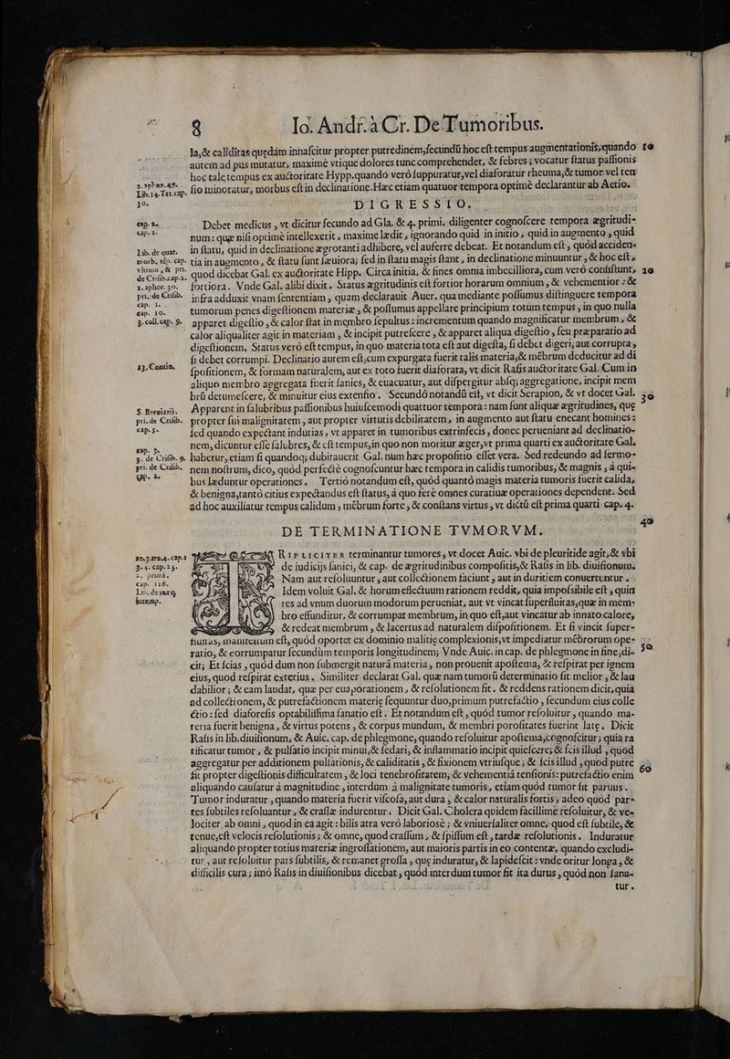 ALL E eui aim n nm - ——€— E. Io. And. à Cr. De Tumoribus. la,&amp; caliditas quedám inhafcitur propter putredinem,fecundü hoc cft tempus augmentationis;quando re autem ad pus mutatur, maxime vtique dolores tunc comprehendet, &amp; febres ; vocatur ftatus paffionis hoc taletempus ex auctoritate Hypp.quando veró fuppuratur,vel diaforatur rheuma;&amp; tumor vel ten n e Tecap, flo minoratur, morbus eft in declinatione.Hac etiam quatuor tempora optime declarantur ab Aetio. - es NY DIGRESSIO. sese piae e En Debet medicus , vt dicitur fecundo ad Gla. &amp; 4. primi. diligenter cognofcere tempora egritudi- t num: que nifi optimé intellexerit , maxime ledit , ignorando quid in initio , quid in augmento ; quid lideque. in flatu, quid in declinatione &amp;grotanti adhibere, vel auferre debeat. Et notandum eft ; quód acciden- morb. t&amp;»- ca. tia in augmento, &amp; ftatu (unt [zuiora; fed in ftatu magis ftant , in declinatione minuuntur ; &amp; hoc ett ;. prid quod dicebat Gal. ex auctoritate Hipp. Circa initia, &amp; fines omnia imbecilliora, cum.veró confiftunt; 29 i.aphor3o. fortiora. Vnde Gal. alibi dixit . Sratus agritudinis elt fortior horarum omnium , &amp; vehementior : &amp; Bh 4 Cn^^ irfra adduxit vnam fententiam ; quam declarauit Auer. qua mediante poffümus diftinguere tempora €ap. 10. tumorum penes digeftionem materiz ; &amp; poffumus appellare principium totum tempus , in quo nulla pcllcp-9- apparet digeílio , &amp; calor ftat in membro fepultus : incrementum quando magnificatur membrum, &amp; calor aliqualiter agit in materiam &amp; incipit putrefcere , &amp; apparet aliqua digeítio , feu prz paratio ad digeftionem. Status veró eft tempus, in quo materia tota e(t aut digefta, fi debet digeri;aut corrupta; ... — fidebetcorrumpi. Declinatio autem eft;cum expurgata fuerit talis materia;&amp; mébrum deducitur ad di 43. Conun. ; Ay auque os Ais . ; h Ípofitionem, &amp; formam naturalem, aut ex toto fuerit diaforata, vt dicit Rafis auctoritate Gal. Cum in aliquo membro aggregata fucrit fanies; &amp; euacuatur, aut difpergitur abíq; aggregatione, incipit mem S Bewass. Apparent in falubribus paffionibus huiufcemodi quattuor tempora : nam funt aliqua egritudines, que pide Cub. propter fui malignitatem , aut propter virtutis debilitarem, in augmento aut ftatu enecant homines: Waiid* Ícd quando expedant indutias , vt apparet in tumoribus extrinfecis , donec perueniant ad declinatio- ITE nem, dicuntur effe falubres, &amp; cft tempus;in quo non moritur eger,vt prima quarti ex auctoritate Gal. ;. de Cit. o. habetur, etiam fi quandoq; dubitaucrit Gal. num hzc propofitio effet vera. Sed redeundo ad fermo- DE TERMINATIONE TVMORVM. Rirtrcirzn terminantur tumores , vt docet Áuic. vbi de pleuritide agit, &amp; vbi de iudicijs faniei, &amp; cap. de egritudinibus compofitis)&amp; Rafis in lib. diuifronum. Nam aut refoluuntur , aut collectionem faciunt , aut in duritiem conuertuntur . Zr QI 36.3.tr2.4. C3p.1 AN 3-4. Cap. 23* z. primj. Cap. 116. Li. dem g, $ntemp. T3 difficilis cura ; imo Rafisn diuifionibus dicebat ; quod interdum tumor fit ita durus , quód non fana- [JA Lot E oat | tur.