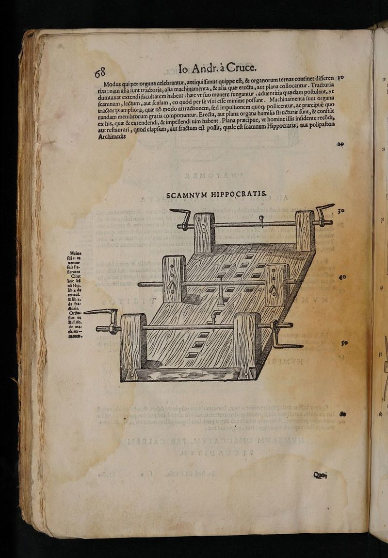IE n Modus quiper organa celebrantur, antiquiffimus quippe eft, &amp; organorum ternas continet differen 39  LIO: i tias; nam alia funt tra&amp;toria, alia machinamenta , &amp; alia qu&amp; erecta , aut plana collocantur . Tra&amp;aria | dumtaxat extendi facultatem habent : hec vt fuo munere fungantur , aduentitia quadam poftulant; yt : fcamnum , lectum , aut fcalam , eo quód per fe vfui effe minime poffunt. Machinamenta funt organa tra&amp;orijsampliora, quz nó modo attractionem, fed impulfionem quoq; pollicentur; ac precipue quo rundam membrorum gratja componuntur. Erecta, aut plana organa humilis tru&amp;ura funt, &amp; conftác ex his, quz &amp; extendendi, &amp; impellendi uim habent . Plana przcipue, vt homine illis infidente recódis | au: reftaurari , qnod clapfum ; aut fratum eft poffit; quale e(t (camnum Hippocratis; aus polipafton Archimedis SCAMNVM HIPPOCRATIS. fy  Hoiue TUM fcn im ta d wentoe l i ! fuir Pa- P ficrates Citat hoc (c£ nü Hip. lib.« de MIS srcicul. m. uU &amp; lib.z« EM dt (ràa- 1481 &amp;uris. mu ! Orib&amp;- fius ex Rafib.