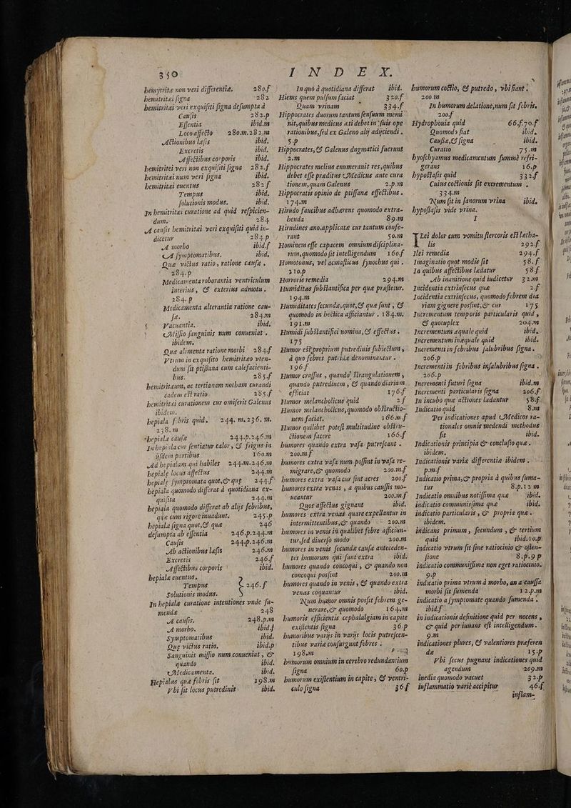 bémnytrite non veri differentia, 28of bemaitritai figna 282 beumitiitai vei exquifiti figua defumpta à Cati[is 282.p E [entia ibid.m Locoaffeio ^ 280.m.29 2.78 JAEionibus le[is ibid. Excretis ibid, JA ffe&amp;libus corporis ibid, bemitritei veri non exquifiti figua — 282.f bemitritei uum veri [igna ibid. bemitritei euentus 282f Tempus ibid, folutionis modus, ibid. Jn bewitritai curatione ad. quid. vefpicien- dum. 284 «Ll canis bemitritei veri exquifiti quid in- dicetur 284p .A morbo ibid.f CA fyniptomatibus. ibid, Que vicus vatio, ratione canfz , 284.p Medicamenta roborantia ventriculum interius , €9 exterius admotu . 2894.p Medicamenta alterantia ratione. cau- f4- 284.m i Vacuantia. ibid, cAMilfio fanguinis mum conueniat . ibidem, Que alimenta ratione morbi! 284.f Vno inexquifito bemitriteo vten- dum (it ptiffana cum calefacienti- bus. 285.f bemitiiteum, ac tertianam notbam curandi eadem e$1 ratio 285.f bemitritaei curationem cur omi[erit Galenus ibid: in, bepiala. f bris quid. 239. i bepiale caufe 244.p.246:m Jn bepiclacur fentiatur calor, 9. frigus in üfdeim partibus 160. Ad bepialam Qui babiles | 244.m.246.m bepia!g locus affectus 244. bepialg fympromata quot, qug bepiala quomodo differat à quotidiana ex- quita 244.h bepiala. quomodo differat ab alijs febribus, 244. 0.236, 1h. que cum vigore imuadunt, 245.p bepiale [igna quot,C$ qua 246 defampta ab e[Jentia 246.p.244.m Caufis 2444.246.m Ab actionibus lefis 246.m Excretis 246.f A ffectibus corporis ibid. bepiala euentus, : Tempus : 246.f Solutionis modus. In bepiale curatione intentiones vude fu- menda 248 .A caufis. 248.p.m A morbo. ibid .j Symptomatibus ibid. Que viclus ratio. ibid.p Sanguinis miffio muta conueniat , e quando ibid. c AMedicamenta. ibid. Hepialus qua febris fit 198.m y li [it locus putredinis ibid. I UNGADUOSBSUX .. Inquo à quotidiana differat ibid. Hieins quem pul[um faciat 32of Duam vrinam 334.f Hippocrates duorum tantum fenfuum memi nit,quibus medicus ati debet in : fuis ope rationibus, fed ex Galeno alij adijciendi . 5. p Hippocrates, C9 Galenus dngmatici fuerunt 2. Hippocrates melius enumerauit res quibus debet efe praeditus «Medicus ante cura tionem,quam Galenus 2.p.m Hippocratis opinio de. ptiffane effectibus . 174.1 Hirudo faucibus adbarvens quomodo extra- benda 89.11 Hirudines ano.applicata cur tantum confe- rant 50.11 Hominern e[fe capacem. omnium difüplina- vira, quomodo fit intelligendum — 1 6o.f Homotonus, vel acia[licus. f ynocbus qui . 210.p Horroris vemedia 294.m umiditas fubslantifica per qua praftetur. 194.5 Humiditates fecund.e,quot,C$ qua [unt , €8 quomodo in beclica afficiantur , 184.m. I9I.f Humidi fubslantifici nomina,C2. effectus . 175 Humor estproprium putredinis fubiettum , d quo febves. putida denominautur . 196. Humor craffus , quando) Sirangulationem , quando putredinem , € quando diariam efficiat 176.f Humor imelancbolicus quid 2f Hinnor melancbolicus,quomodo obsiruttio- nem faciat. j 166.m.f Humor quilibet potefl multitudiue ob$lru- ionem facere 166.f bumores: quaido extra. vafa putrefcaut. . ^ 200.m.f buinores extra vafa num poffint in vafa ve- migrare,e quomodo 200.11.f. bumores extra. va[acur fint acres — 200.f bumores extra venas , a quibus caufis mo- neantur 200.11.f Quos affe&amp;ius gignant ibid. bumores: extra. venas. quare expellantur in intermittentibus,c quando 260.11 bumores in venis in qualibet febre afficien- tur, fed diuerfo modo 200.1 bunores in venis. fecunda cau[a anteceden- tes bumorum qui funt extra ibid. bumores quaudo concoqui , «7 quando non concoqui pos[int 200.1 yenas coquantur ibid. qum busgor omnis posfit febvem ge- nerare, ci quomodo L64.0 bumoris efficientis cepbalalgiam in capite exillentis figna 36.p bumoribus varijs in varijs locis putre[ceu- tibus varia con[urgunt febres . 198. buniorun omnium in cerebro vedundantium figna 60.p bumorum exiflentium in capite , €? ventri- culo figna | s c$6f £c bumorum co&amp;lio, € putredo , vbi fiant . 200.22 » fih In bumorum delatione,num [it febris, | i à  I ! Hydropbouia quid 66.f.7o.f | ij . , Quomodo fiat ibid, e Caufi«e,t3 [ista sbid. ji Curatio 75. T | byofchyamus medicamentum fum? vefri- jl gerans 16.p M jfi byposiafis quid issf£. I jn Cuius co&amp;lionis fit excrementum -, hi id 334m E 'Num (it in [anorum vrina ibid. M jn bypo[lafis vide vrina. Jp on I 3s 009 EL * Lei dolor cum vomitu flercoris esiletba- — |. W) lis f 292. f. lU ji Ilei remedia ag4.f M]. I Imaginatio quot modis [it s8.f NO D In quibus affectibus ledatur s8f A inanitione quid iudicetur — 3 2.m h qTucidentia extrinfecus qua 2f Jucideutia extrinecus, quomodo febrem dia viam gignere pos[int,c cur 175 Iucrementum temporis particularis quid , &amp;$ quotuplex 204m |J n Incrementum aquale quid ibid. :] | Incrementum inequale quid ibid. 4 lucremenri in febribus. [alubribus figna. 206. 3 | Hh Incrementiin febribus infalubribus figna .— P 206.p : T 1777 Incrementi futuri [igna ibid.m. |. d fit, Incrementi particulavis figna 206.f. NS In incubo que actiones ladantur 58.f [T Indicatio quid 8m l er indicatioues apud «Medicos va-. 1 l tionalcs omnis medendi wnetbodus | fit ibid. Indicationis principia cz conclu[io qua . V ibidem. Indicationis varie differentia ibidem . pf U Indicatio prima,ct propria à quibus [uma- it fi tur 8.p.12 m ditat Indicatio omuibus notif/ ma que... ibid. 1 indicatio communis [ima qua ibid. ? indicatio particularis , €» propria qu&amp; . ? ibidem. j n indicans primum , fecundum , gr tertium j quid ibid.1o.pr indicatio vtrum fit fime vatiocinio ct oflen- | fione 8.p.9 p | indicatio cominuni]]ima non eget vatiocinio. 9.p indicatio prima vtrum à morbo, an a cau[Ja morbi fit fumenda 12.p.m indicatio a (ymptomate quando famenda : ibia.f d | : Hif in indicationis definitione quid per. nocens , ? cr quid periusans eft intelligendum. | ifs  9. : l4 inii | indications plures, €2 valentiores preferem M i, de 2r Vbi fecus pugnant. indicationes quid... ji | agendum 209. if. inedia quomodo vacuet 32.p | f inflammatio varié accipitur 464) i,