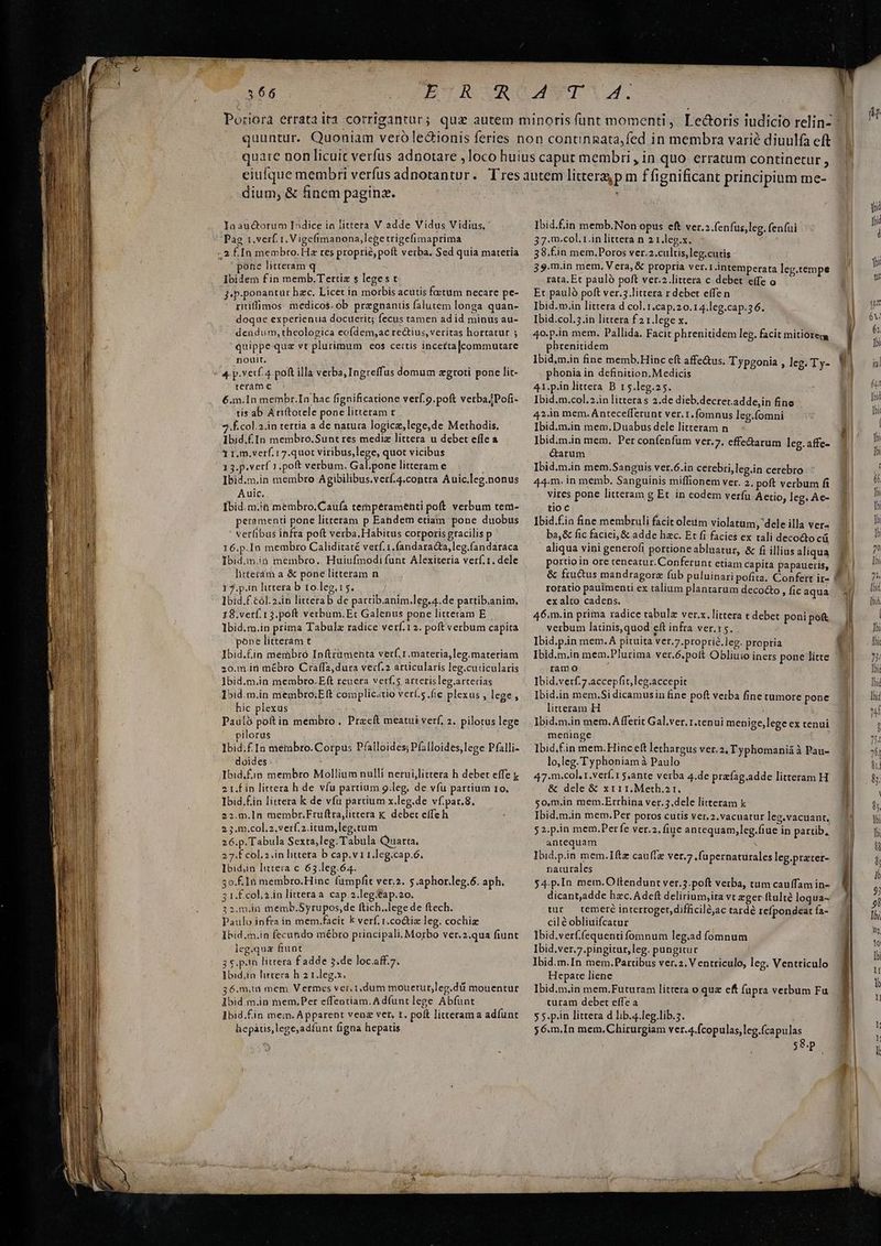 66 dium; &amp; finem paginz. laauctorum I5dice in littera V.adde Vidus Vidius. Pag 1,verf. 1. Vigefimanona,legetrigefimaprima ..2..In membro. Ha res proprie, poft verba. Sed quia materia pone litteram q Ibidem fin memb.Tertiz s leges t J-p.ponantur hzc. Licet in morbis acutis foetum necare pe- ritiffimos medicos. ob pregnantis falutem longa quan- doque experientia docuerit; fecus tamen ad id minus au- dendum, theologica eofdem,ac rectius, veritas hortatur ; quippe quz vt plurimum cos certis incerta |commutare nouit. - 4. p.verf. 4. poft illa verba, Ingreffus domum zgroti pone lit- teram c €.m.In membr.In hac fignificatione verf.o.poft verbajPofi- tis ab Ari(totele pone litteram r 2.f.col.2.in tertia a de natura logicz,lege,de Methodis. Ibid.£In membro.Sunt res mediz littera u debet effe a 3 r.m.verf.17.quot viribus,lege, quot vicibus 13.p.verf 7 poft verbum. Gal.pone litteram e ; Ibid.m.in membro Agibilibus.verf.4.contra Auic.leg.nonus Auic. Ibid. m.;ià membro.Caufa temperamenti poft verbum tem- peramenti pone litteram p Eahdem etiam. pone duobus vetlibus infra poft verba. Habitus corporis gracilis p 16.p.In membro Caliditaté verf. 1.fandaracta,leg.fandaraca Ibid,in.ià membro. Huiufmodi funt Alexiteria verf. 1. dele littetám a &amp; pone litteram n 1 7.p.in littera b to.leg.15. Ibid.f.&amp;ól. 2.in litterab de partib.anim.leg.4.de partib.anim. 18.verf. 13.poft verbum. Et Galenus pone litteram E Ibid.m.in prima Tabulz radice verf.12. poft verbum capita pone litterám t Ibid.£in membro Inftrumenta verf. 1.materia,leg.materiam 20.m.it mébro Craffa,dura verf.2 articularis leg.cuticularis l]bid.m.in membro.Eft reuera verf.5 arterisleg.arterias I5id.m.in membro:Eft complic.tio verí.5.fic plexus , lege , hic plexus Pauló poftin membro . Praeít meatui verf, 2. pilotus lege pilorus Ibid.f. In meinbro. Corpus Píalloides;Pfalloides,lege Pfalli- doides dbid.fÉin membro Mollium nulli nerui,littera h deber effe j 2 tf in littera h de víu partium g.leg, de vfu partium 10. Ibid.f.in littera k de vfu partium x.leg.de vf.par.8. 22.m.In membr.Fruftra,littera K debet effe h 2 5.m.col.2,verf.2.icüm, leg. tum 26.p. Tabula Sexta,leg. Tabula Quarta, 27.£ col.a.in littera b cap.v 1 1.leg.cap.ó. Ibid,in littera c 63.leg.64..— 3o.É. In membro.Hinc fumpftt ver.2. 5.aphor.leg.6. aph. 3 1.£col.a.in littera a cap .2.legtap.20. 32.m.in memb.Syrupos,de ftich..lege de ftech. Paulo infra in mem.facit k verf. r.co&amp;tiz leg. cochiz Ibid.m.in fecundo mébro principali. Morbo ver.2.qua fiunt leg.qua fiunt 3 s. pin littera f adde 5.de loc.aff.7. Ibid.in littera h 2 1.leg.x. 36.niid mem Vermes ver. 1,dum mouetur,leg.dü mouentur Ibid.m.in mem,Per effentiam.Adíuntlege Abfunt Ibid.fin mem. Apparent vene ver, t. poft litterama adfunt hepatis,lege,adfunt figna hepatis Ibid.£in memb.Non opus eft ver.2 fenfus, leg. (enfui 37.m.col.1.in littera n 2 1.leg.x. 38.£in mem.Poros ver.2.cultis,leg.cutis 39.m.in mem, V era, &amp; propria ver. r.intemperata leg.tempe rata. Et pauló poft ver.2.littera c debet effe o Et pauló poft ver.3.littera r debet effen Ibid.m.in littera d col.1.cap.20.14.leg.cap.56. Ibid.col.5.in littera f 2 1.lege x. 40.p.in mem. Pallida. Facit phrenitidem leg. facit mitiorem phtenitidem Ibid.m.in fine memb.Hinc eft affectus. Typgonia , leg. Ty- phonia in definition.Medicis | 41.p.in littera B r15.leg.25. Ibid.m.col.2.in litteras 2.de dieb.decret.adde,in fine 42.in mem. Ántecelfferunt ver. 1. Íomnus leg.fomni Ibid.m.in mem.Duabus dele litteram n Ibid.m.in mem, Per confenfum ver.7. effe&amp;arum leg.affe- ctarum Ibid.m.in mem.Sanguis ver.6.in cerebri, leg.in cerebro 44m. in memb. Sanguinis miffionem ver. 2, poft verbum fi vires pone litteram g Et in eodem verfü Aetio, leg. Ae- t1O C Ibid.fin fine membruli facit oleum violatum, dele illa ver- ba,&amp; fic faciei, &amp; adde hac. Et fi facies ex tali decocto ci aliqua vini generofi pottione abluatur, &amp; fi illius aliqua portio in ore teneatur. Conferunt etiam capita papaueris, &amp; fructus mandragorz fub puluinari pofita. Confert ir- roratio pauímenti ex talium plantarum decocto , fic aqua exalto cadens. 46.m.in prima radice rabule ver.x.littera t debet poni poft verbum latinis, quod eft infra ver.15. Ibid.p.in mem.4A pituita ver.7.proprié.leg. proptia ramo Ibid.verf.7 accepfit,leg.accepit Ibid.in mem.Si dicamusin fine poft veiba fine tumore pone litteram H Ibid.m.in mem. A fferit Gal.ver. r.tenui menige,lege ex tenui meninge d Ibid.fin mem.Hinc eft lethargus ver.2, Typhomaniá à Pau- lo,leg. Typhoniam à Paulo 47.m.col. r.verf.1 5.ante verba 4.de prafag.adde litteram H &amp; dele &amp; xti 11.Meth.2r. $o,m.in mem.Errhina ver.3.dele litteram k Ibid.m.in mem.Per poros cutis ver.2.vacuatur leg.vacuant, 5 2.p.in mem.Perfe ver.2. (iue antequam,leg.fiue in partib, antequam Ibid.p.in mem.Iftz cau(fe ver.7 .fupernaturales leg.prater- naturales $4.p.In mem.Oftendunt ver.3.poft verba, tum cauffam in- dicant,adde hzc. Adeft delirium,ita vt eger ftulté loqua- tr —temeré interroget,difficilóac tardé refpondeat fa- cil é obliuifcatur Ibid.verf.fequenti fomnum leg.ad fomnum Ibid.ver.7.pingitur,leg. pungitur Ibid.m.In mem.Partibus ver.2. V entriculo, leg. Ventticulo Hepate liene Ibid.m.in mem.Futuram littera o quz ef fupra verbum Fu turam debet effe a 5 y.p.in littera d lib.4.leg.lib.5. 56.m.In mem.Chirurgiam ver.4.fcopulas, leg.fcapulas T