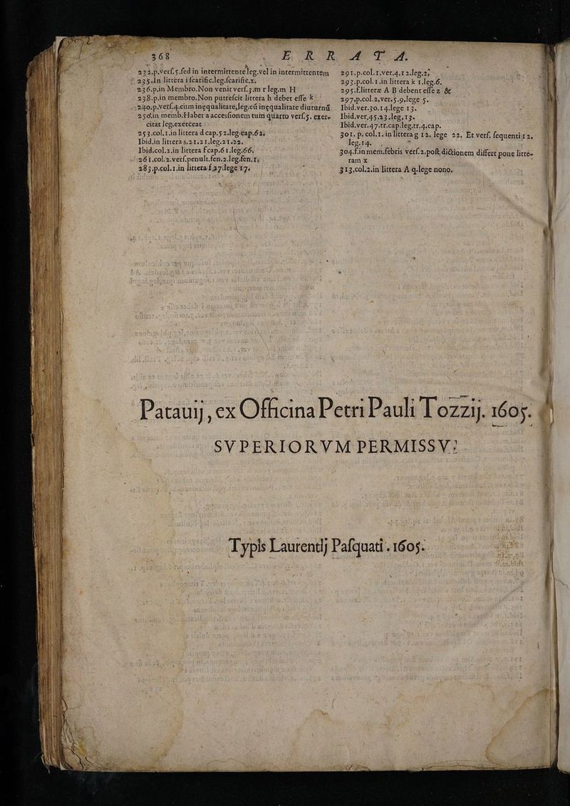 368. 22. p.vetf. 5.fed in intermittenteleg. velin intermittentem ^ 235.1n littera i fcarific.leg.fcarific.x. 236.p.in Membro.Non venit verf.5 m r leg.m H 238.p.in membro.Non putrefcit littera b debet effe k 25c.n memb.Habet a accesfionem tuti quarto Verf. exete citat leg,exerceat - 253.col.r.in littera d cap.5 2.leg: cap. 61; Ibid.in littera s.21.2 1.leg.21.22. 285. p.col. rin littera tap lege 17. Nome 291. p.col.1.ver.4.1 2.leg.2; 293:p.col.1 in littera k 1.leg.6, 295:Élittere A B debenteffez &amp; 297.p.col.2.ver.5.9.lege 5. Ibid.ver.30.14.lege 15. Ibid.ver,45.23.1leg.15. Ibid.ver.47.tr.cap.leg.tr.4.cap. leg.14. 315.col.2,in littera A q.lege nono.