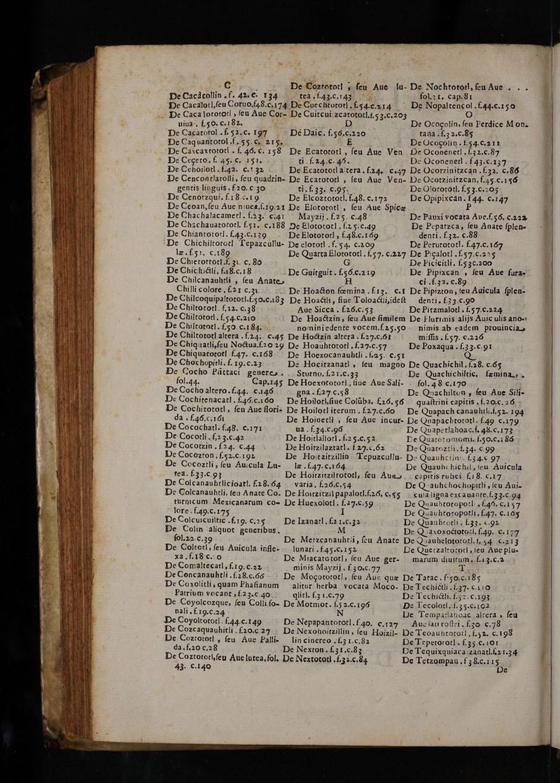 C... DeCoztotod , feu Aue lu- De Nochtototl, feu Aue , . De Cacácollin , f. 42. €. 134 tea , f.43.C.142 | fol.; t. cap.Sr Dc Cacalotl,feu Coruo.f48.c.174 De Cuechtototl.f£.54.c.514 ^ De Nopaltencol .£44.c.150 De Caca lorotot! , fea Aue Cor- De Cuitcui:zcatototl.f.5 3.c.203 O uiua , £50. c. 182. D De Ococolin,feu Perdice M on. De Cacatotol . f. 52.c. 197 De Daic. f.56.c.220 tana .f.5 2.c.85 De Caquantotol .£. 55. c, 215. E De Ocogolin.f£.54.c.2 11 De Caxcaxtototl . f, 46.€. 158. De Ecatototl , feu Aue Ven De Oconenetl :13210,87 De Cegeto.f. 45. €. 151. ti .f.24.c. 465. De Oconenet . f 43.c.157 De Cehoilotdl .f.42.. €. 132 De Ecatototlaitera.f24,. c.47 De Ocorzinitzcan .f.52. c.86 De Cencoatlatolli, feu quadrin- De Ecatototl ; feu Aue Ven- De Ocotzinitzcan. f.45.c.156 gentis linguis. f20. c 30 ti. f. 33. c.95. De O!orototl. £53.c.:05. De Cenorzqui. 18.0.19 De Elcoztototl. f.48. c.172 De Opipixcán.f44. c.147 De Ceoan,feu Aue nine&amp;.f.19.21 De Elotototl , feu Aue Spice P De Chachalacametl.£.23. c.41 ^ Mayzij.f25. c.48 De Pauxi vocata Ave.f.56. c.222. De Chschauatorotl. f51. c.188 De Elotototl | £.2 5.6.49 De Pcpatzca, feu Anate fplen- De Chiantototl. £.45.c.139 De Elotototl , £.48.c. 169 denti. £32. c.88 De Chichiltotoc! T'epazcullu- De elototl .f. 54. c.209 De Perutototl. £47.c.167 le.f.51. c.189 De Quarta Elotototl. £.57. c.227 De P'calotl .f.57.c.255 De Chietortotl.f. 21. c..80 G De PFicicitli. f.55c.200 De Chichi&amp;li, £48.c.18 De Guitguit. f.56.c.219 De Pipixcan , feu Aue fura- De Chilcanauhtli , feu Anate; H ci .f.32. c.89 Chilli colore , £2 1 c.» De Hoa&amp;on femina . £13. c.1 De Pipizton, teu Áuicula fplen- De Chilcoquipaltototl.£50.c183 De Hoaáli, fiue Toloa&amp;iijideft ^ denti. £33.c.90 De Chiltototl. £32. c.38 Aue Sicca . £26.c.53 De Pitzmalotl . .57.C.224 De Chiltoto:., Í,$4.C.210 De Hoazin, feu Aue fimilem De Fluriinis alijs Auic ulis ano« De Chilcototl. £59. c.184. nominiedente vocem.f25.50 — nimis ab cadem prouincias De Chiltototl altera £24... 0.45 De Hoóizin altera .£27.c.61 miflis . 57. €.226 De Chiquatli,feu No&amp;ua.£20 29 De Hoauhtototl . £27.c.57 De Poxaqua . f.33.C.91 De Chiquatototl £47. c.168 —— De Hoexocanauhtli . (.25. C.51 De Chochopitli. f. 19. c.23 De Hocitzanatl , feu magoo De Quachichil.f.28. c.65 De Cocho Püttaci genere . . Sturno.f.21.c.33 De Quachichiltic.. femina, , fol.44. Cap.145 De Hoexototorl , (ine Aue Sli- fol. 48 c.170 De Cocho altero.£44. c446 gna -£.27 c.58 De Qnachilton , feu Aue Sili- Dc Cochitenacatl.£46.c160/— De Hoilotl/fiue Colüba. £26. $6 quaitrini capitis .f.20,c. 26 De Cochitototl , feu Aue flori« De Hoilotl iterum. £27.c.60 — De Quapach canauhtli.f.52.. 194 da . £46.c.161 De Hoinetli , feu Aue incur- De Quapachtototl. f49 c.179 De Cocochatl. £48. c.171 ua . f.24.C.9á De Quapetlahoac.f. 48.c.172 De Cocotli £2 3.c.42 De Hoitlallotl . f.25.c.52 De Quatotomomi. f.50.c,: 86 De Cocotzin . £24. c.44 De Hoirzilaztatl. £.27.c.62 De Quatoztii.£34. c,99 De Cocozton , .52.c.192 De Hoitzitzillin. Tepuzcullu- De Quauhciln:. £34.c 97 De Cocoztli,íeu Auicula Lu- le £47. c.164 De Quauhcbichil, (eu Auicula tea. f.53.c. De Hoirzitziltototl, feu Aue 5. |. cepitis rubei £18. c.17 De Colcanauhtlicioatl. 28.64 | varia, £.26.c.54 De Q auhchochopitli , eu Aui- De Colcanauhtli, ten Anate Co. De Hoirzitzil papalotl.f.26, c. $5 culalignaexcauante.f.33.C. 94 turnicum. Mexicanarum cos De Huexolotl. f.27.c.59 De Quauhtotopotl: . £46. c.157 lore .f,49.C.175 I De Quauhtoropotli. £47. C165 De Colcuicuittic .f.19. c,» 5 De Izanatl , £2 1.c.32 De Quauhrotli . £33. «.9n De Colin aliquot generibus, M De Q iaxoxoctoto:i. f.49. c. 177 f0l.22.c.39 De Metzcanauhtii, feu Anate De Qsauhelotorotl.f. 54. 6.213 De Coltoetl, feu Auicula infle- / lunari .£45.c.152 De Que:zalrocotl , feu Àue plu- xa.f.18 c. o De Miacatototl; fen Aue ger- ^ marum diuitum, f.13.C.2 De Comaltecatl ,f.19.c.22 minis Mayzij . £ 30.c.77 2 s De Concanauhtli .£.28.c.66 De. Mogototot!, feu Aue quz De Tatac.f:50.c.185 De Cosolitli; quam Phafianum — alitur herba vocata Moco- De Techictli £37. c1:0 Patrium vocant ,£23.c.40 glitl. f.5 1.c.79 De Techidli.f.52.€.193 De Coyolcozque, feu Collifo- De Motmor. f.5 2.c.196 : De Tecolotl.f.55.c:102 nali ,f.19.c.24 N Dc Tempa:ianoac altera . feu De Coyoltotoi. £.44.c. 149 De Nepapantototl.f40, c,127 — Auciauroftri. £30. c.78 De Cozcaquauhitli . f.10.c 27 | De Nexohoitzillin, feu Hoizil- De Teoauhtoto:! . Í.52. c. 198 De Cozrototl , feu. Aue Palli^— lincinereo -f.3 1.c.82 De Teperorotl. f.55 c. 101 da.f.20 c.28 De Nexton. f.531.c.82 De Tequixquiaca:zanatl.f.2 1.54 De Coztototlfeu Auelutea,fol. De Nextototl .£.52.c.84 De Tetzompau .£38.c.115 43. C.140 ! De