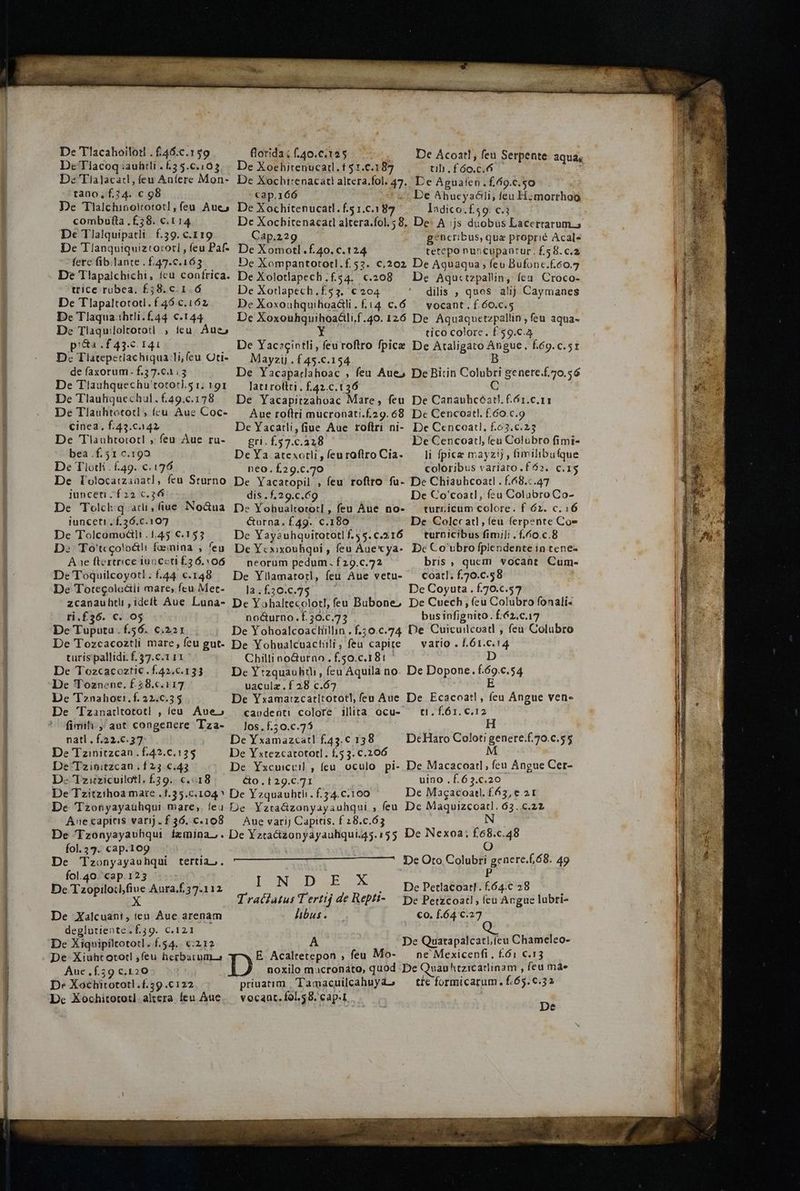 De Tlacahoilotl . £46.c.159 florida; .40.c.125 De Acoatl, feu Serpente aqua, De Tlacoq ;auhtli . l3 5.c.103 De Xoehitenucarl.f51.c.187 til. f óo.c.6 i: Dez Tlalacacl, feu Anfere Mon- De Xochi:enacati altera, fol, 47. Le Agnaíen.£69.c.50 tano, f.34. c 98 cap.166 De Ahueyaáli, feu Hzmorrhoo De Tlalchinoltotot!, feu Aue; De Xochitenucatl. f.51.c.187 Indico.f£59. c.3 combufla . £58. c. 114 De Xocbitenacatl altera.fol.58. De: A (js duobus Lacertarum.» De Tlalquipatli | f.39. c. 119 Cap.229 g?ncribus, que proprié Acals De Tlanquiquiztocoti, (eu Pa De Xomotl.f.40.c.124 tetepo nuncupantur. f.58.c.2 ferc fibilante.£47.c.163.— .— De Xompantototl.f.52. c.202 De Aquaqua feu Bufonc.f£.60.7 De Tlapalchichi, (cu confrica. De Xolotlapech.f4. c.208 — De Aqu«tzpallin, feu. Croco- trice ruobea. £58. c. 1.6 De Xotlapech.f.52. € 204 dilis , quos alij Caymanes De Tlapaltototl. f 46.c.162 De Xoxouhquihoactli. f.14 c.6 — vocant. f.60.c.5 De Tlaqua ihtli.f44 c.144 De Xoxouhquihoa&amp;li.f.40. 126 De Aquaquetzpallin, feu aqua- De Tlaquiloltototl ; ieu. Aue; Y tico colore. £$9.€.4 pia .f 43.6. 141 De Yac:cintli, feu roftro fpice De Ataligato Angue. f.69.c.5x Dc Tlatepetiachiqua:li,feu Oti- Mayzij . f 45.c.154 B de faxorum. £.37.c4,3 De Yacapacahoac , feu Aue; De Birin Colubri genere.f,70.56 De Tlauhquechu'tototls1;191 — latiroliti. f.42.c.136 C De Tlauhquechaul.f49.c.178 — De Yacapitzahoac Mare, feu De Canauhcoatl. f.ór.c.11 De Tlauhtototl; fcu Aue Coc- — Aue roftri mucronati.f.29.68 Dc Cencoatl. f.60.c.9 cinea, f.43.c442 De Yacatli,fiue Aue roftri ni- De Cencoatl, f63.c.23 De Tiauhtototl , feu Aue ru- — gri. f.57.c.228 De Cencoatl, feu Colubro fimi- bea .f. 31 0.199 De Ya. atexotli,feuroflrroCia- — li fpica mayzij , fimilibufque De Tlotli . £49. c. 126 neo. f29.c.70 coloribus variato. £52. C.15 De lolocaizaaatl, feu Starno De Yacaropil , feu rofiro fu- De Chiauhcoatl . £.68.c.47 junceti ^f 22 c.35 dis.f.29.c.ó9 De Co'coatl, feu Colubro Co- De Tolch.q adi, (iue No&amp;ua. De Yohualtototl , feu Àue no- — turricum colore. f 62. c. 16 iuncetir.f.36.c.107 &amp;urna.f49. c.180 De Colccatl, feu ferpente Cos De Tolcomoctit .1,45 €.155 De Yayeuhquitototlf.55.c.316 — turnicibus fimili . f.o.c.8 D: To'tcgolo&amp;li fenina , feu. De Ycxixouhqui , feu Auecya-. De Co'bbro fplendente in tene- Ae flertrice iunccti £36.06 — neorum pedum. f29.c.72 bris , quem vocant Cum- De Toquilcoyotl:f.44 c.148 — De Yllamatorl, feu Aue vetu- — coatl. f.70.C.58 De Totegolo&amp;tii mare, fcu Met- — ]a.£30.c.7 De Coyuta . f.70.c.57 zcanauhtli , idet Aue Luna- De Yohaltecolotl, feu Bubone; De Cuech, feu Colubro fonali« ri.£36. C. O5 no&amp;urno.f.30.c.73 businfignito. £.62.c.17 De Tuputa . £56. c.221 De Yohoalcoactiilin .f.20.c.74 De Cuicuilcoad , feu Colubro De Tozcacoztli mare, feu gut- De Yohualcuactili, feu capite — vario . f.61.c.14 turis pallidi. £.57.c.1 11 Chilli oo&amp;urno . £50.c.181 ' D De Tozcacoztic .£42.c.133 De Y :zquauhii , feu Aquila no. De Dopone.f.69.c.54 De Toznene. £38.c.117 uaculz. f 28 c.67 E De T2nahoci.f. 22.0.35 De Yxama:zcatitototl; feu Aue De Ecacoat! , feu AÁngue ven- De 'Tzanatltotot! , ieu. Aue» . caodenti colore illita ocu- ^ t1. f61.€.12 fimifi aot congenere Tza- — 1os.f.50.c.75 H natl . 22.0.37 De Yxamazcatl f.43.€ 138 DecHaro bip eda De Tzinitzcan .£42.c.135 De Y xtezcatototl. f.53. c.206 De Tzinitzcan . £23.c.43 De Yxcuiccil , feu oculo pi- De Macacoatl, feu Angue Cer- De Tzuzicuilotl, £39... c.:18 &amp;o.t29.c.71 uino .f.63.c.20 De Tzitzihoa mate .1.35.c.104^ De Yzquauhtli. f.54.c.100 De Magacoatl. £65, e 21 De Tzonyayauhqui mare, feu je Yzra&amp;zonyayauhqui ; feu. De Maquizcoatl. 63..c.22 Anecapicis varij.f£ 36. c.108 — Aue varij Capitis. £.28.c.63 N De Tzonyayauhqui fzmina,. De Yztacizonyayauhqui.45.155 De Nexoa; f68.c.48 fol.23. «ap.109 De Tzonyayauhqui tertias. fol.40. cap. 123 De iR y Aura.f 37.112 OQ De Oto Colubri genere.f,68. 49 P IN D E x . . De Petlacoatl. £64.c 28 Tratlatus T ertij de Rep!t-.— De Perzcoatl , (cu Angue labri- De Xalcuani, ieu Aue arenam libus . co. [64.27 deglutiente. £39. c.121 De Xiquipiltototl. f.54.. c:212 De Xiuhtotot! ,feu herbarum. De Quarapalcati,feu Chameleo- E Acaltetepon , feu Mo- — ne Mexicenfi, f.ó1 c.13 Aue ,f.59 c.120 noxilo macronato, quod .De Quau htzicadinam , (eu mae D. Xochitototl.f.29 .c122 priuatim | Tamacuilcahuyas — tie formicarum. f.65. c.32 De Xochitototl altera (eu Aue. — vocauc.f0l.58. cap.t. *