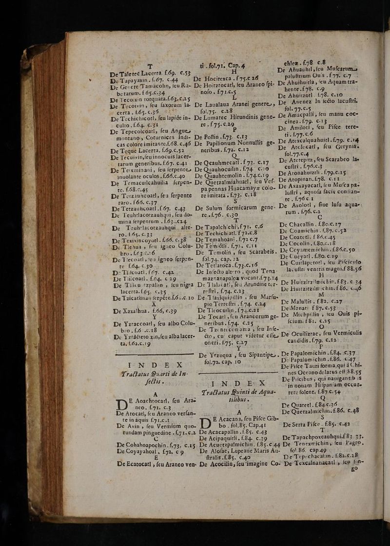 $ à A s ^J ehtez. £78. c.8 ; T d. foh7 1. Cap d De Ahvauhi ,eu. Mofcarumzs Lacerta. £69. €.5 H e i De Taletec ace . 169. C. X IA f c 24 palufirium Quis .Í 73. c.7 D« Tapayaxin. 67. €.44 EHDCIIEXSR EM foi- De Ahuihuitla ; eu Aquam tra- De Gerere 'Tamacolin, icu Ra-. De Hoitztocatl, fen Aranco !pt- ionid (78. e | betarum. f 65.c.34 » ^ nolo. I265 De ADEG. ein De Tecoixin torquata.f.63, 6,2 5 i De Tecoixin, feu faxorum la: De Laualaua Aranei genere», M eio rits In fe&o lacuftri Certa. 165.036. 517 —— fol25. c€28 a je Slicbaliit Teu-malltiscoce De Techichicotl, feulapide in- De Lumatec Hirundinis gene- UN fap E culto. f.64. c. 31 re. £75. 6.29 Di Anóth, eut Pig tert De Tepecolcoat!, feu dMaues Lo doaerit P dita5:6.ó montano, Coturnices Indi- De Pollin.1.75. C.I3 : . 1.77. €. cas colore imitante.£68.c,46 De Papilionum Nonnullis ge- b E cdd 9. ds De Teque Lacerta. f69.c.52 neribus. i vh A 5 xe , Y De Tecuixin,feuinnocuis lacer- (CM Nd tarum generibus. £67. c.41 . De Qcauhmecatl .f 73. €.17 De A E po Scarabeo la De Teixminani , feu ferpenre» De Quauhocullin. £74. c20 PER Metus rode inuolante oculos. f.66.c.40 — De Quauhtemolin . £74.c.19 Bi dd ew fed At ere De Temacuicahuilia ferpen- De Quetzalmiahuatl, feu Vef- Bt A dad (eu Mif ium te. £68.c.45 pa pennas Huacamayz colo- atri Leirad te fa udo De Terzauncoatl, feu ferpente dl o c.18 s (odi : raro. f66. c.37 Ko e De Tetzauhcoatl.f67. c.43.— De Sulum formicarum gene- De pe pe lufa aquae. Dc Teuhtacorzauhqui,feudo- ^ re.f.76. c.30 rum . 179. C tnina ferpentum .f.63..€24 : De Teuh:lacotzauhqui . alte- De Tapalchichi.f71:. c.ó De CE NETT TNR hb ro. f$. C.33 —.. De Techichiatl. f 72.c.8 ux MN DA: É 7. €.5 . De Texixincoyorl. £66. 0.38 — De Temahoan!. f.72€.7 B D Mcr i rw De Tlehua ; feu igaeo Colu- De Temidli. f.72. C.11 Puer ds . SD AE, bro.f63c26 De Temolin , feu Scarabeis. d Dulssd ono Es C5 Dc T Tia »'ea igneo ferpen- siat d i MM Dé APO : e Po TOM te £.64.c.30 e Tetlatoca.1,73.C. ! de wid D^ Tiicoatl.fé7. c.42 De Infe&o altero , quod Tena: lac ufiri bre magni.f 88.56 De Tiiicoatl. f.64. c 29 maznanapaloa vocant.f.73.14 M ADU Ren De Tilcu 'zpalin , feu nigra Dec Tlalacat!; feu Arundine ter- De SP ee Eo lacerta.f.65s. €.25 reftri. f.74. c.23 ili De EAE ET uneroo. eq De Tzicatlinan ferpéte.f.6 i.c. 10 De Tlaxiquipillin , feu. Marfu- . X pio Terreftri f. 74. €.24 De E cay De Xaxalhua. f.66, c.39 De Tleocuilin.f74.c.21 De UNE 7* 4d D MEI. Y De Tocat! ,fcu Araneorum ge- De. Mrehprihin , 1€ P De Yzraccoatrl, feu albo Colu-— neribus.£74. €.25 Ícium; £81. b bro . f.6:.c.18 De Tz ntccomama ; feu Infe- N. Vere ER Dc Yztáctetozin,feualbalacer- — &o, cu caput videtur efle, De OE ta, 1.62.c.19 oneri. £75. S candidis. dT ed De Yrzuqua , feu Sipantipez. Dr en ddidpeis: P INDEX rni dd De Piíce Tauri forma,qui à C hi- Tratiatus 9uarti de 1n- MEFEAGE s ein delatus efi bes e Pilcibus, qui nautgantio i AGE s DIN AD ost in nonam Hiípan;iam Occure A Tratlatus &uinti de Aqua- rere folent. f.87.c. 54 D: Aoachtocad, feu. Arae tilibus . b ihn (don » neo. f.71. c.3 e Muateti. dope De Atocatl, fcu Araneo verían- : A i . be Quetzalmichin. f.86. c. 48 te inaquis f. t.c.1 D E Acacana, feu Pifce Gib- p De Axin , feu Vermium quo- bo . fol.85. Cap.4t De Serra Pifce . £85. 6.42 tundam pinguedine .f.7 1. C.2 E Acacapn n or €.43 DT : baud; x Cc e Acipaquitli,f.84. c.39 e Tapachpoxcauhqui. . De Cohahoapochin.f.73. c.15. De Acuetzpalmichin. £.85.c.44 De (Yenexmichin , feu. l'agro, De Coyayahoal. £72, € 9 De Alofac, Lupeaue Maris Au- — fo'86. cap49 | E ftralis.£.85. c.40 De Tepechacatin. £82.€.28 De Ecatocatl fcu Araneo ven: De. Acocilin; feu'imagine Co- De Texcalnanacatl ; iet