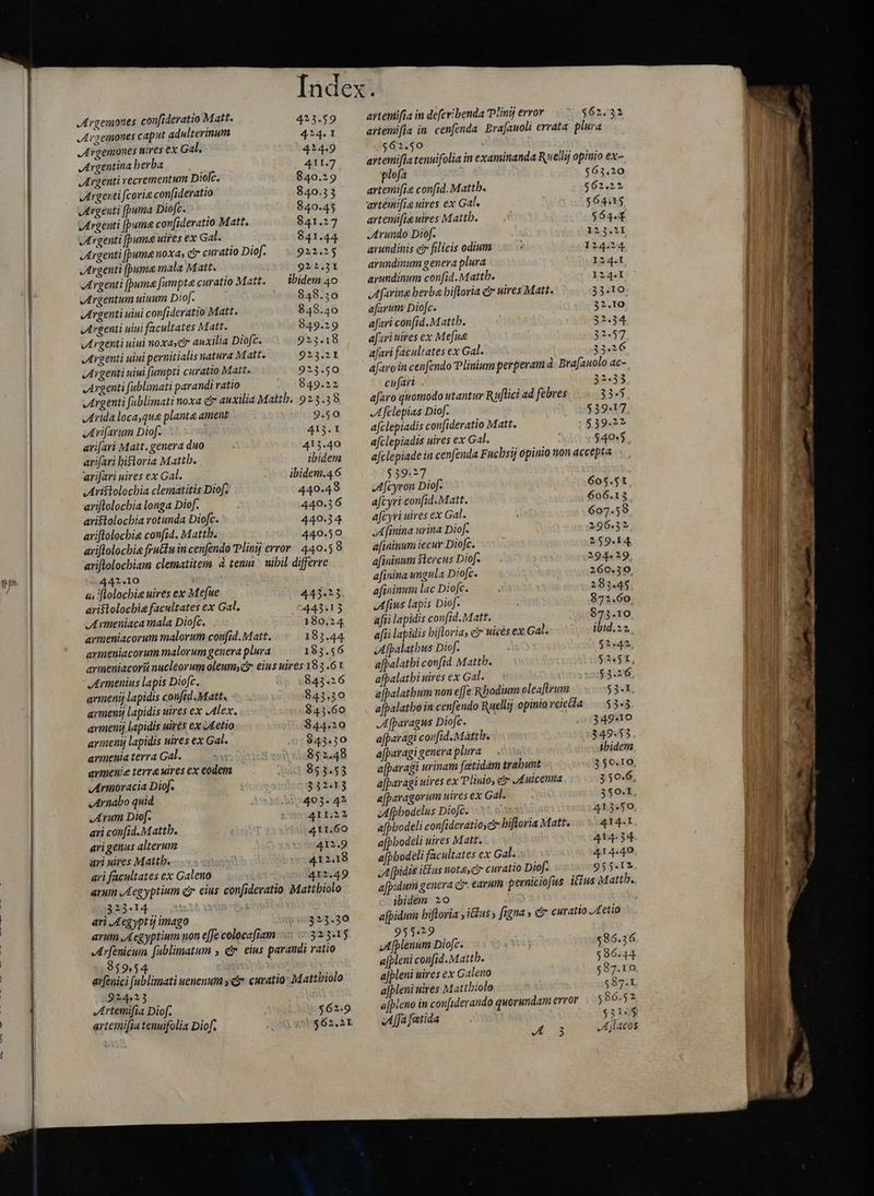  hs MÀ MÀ —— M MÀ — JArgemones confideratio Matt. 423.59 Argemones caput adulterinum 424. I Argemones tires ex Gal. 424:9 Argentinaherba — 411.7 Argenti vecrementum Diofc. $40.29 Argenti fcoris con[ideratio 840.33 Argenti [puma Diofc. 840.45 Argenti [puma confideratio Matt. 841.27 Argenti [pumá wires ex Gal. 841.44 Argenti (puma noxa, c7 curatio Diof. 922.25 Argenti (puma mala Matt. 922.31 Argenti (puma fumpta curatio Matt. ibidem 40 Argentum uinum Diof. 848.30 Argenti uiui confideratio Matt. 848.40 Argenti uiui facultates Matt. 949.29 vArgenti uiui noxasci auxilia Diofc. 3» Argenti uiui pernitialis natura Matt. 923.21 Argenti uiui fumpti curatio Matt. 923.50 Argenti fublimati parandi ratio 849.22 „Argenti fublimati noxa dr auxilia Matth. 9 2.3.3 8 Arida loca,qu&amp; plante ament 9.50 Arifarum Diof. 413. I arifari Matt. genera duo 413.40 arifari historia Mattb. ibidem arifari uires ex Gal. ibidem.4.6 Aristolochia clematitis Diof. 4409.48 ariflolocbia longa Diof. 440.36 aristolocbia rotunda Diofc. 440.34 ariflolocbie confid. Mattb. 440.50 aiiflolocbie fruttu in cenfendo Plinij error 440.5 8 ariflolocbiam clematitem à tenu nihil differre 442.10 «i flolochie uires ex Mefue 443-23 aristolocbie facultates ex Gal. 443.13 Armeniaca mala Diofc. 180.24 armeniacorum malorum confid. Matt. 193.44. armeniacorum malorum genera plura 183.56 arimeniacorii nucleorum oleum eius uires 183 .6 1 Armenius lapis Diofc. 843.26 avmenij lapidis confid. Matt. 843.30 armeni lapidis uires ex Alex. $43.60 avmenij lapidis uires ex Aetio $44.20 armenij lapidis uires ex Gal. 943.50 armenia terra Gal. sus 852.48 armenie terra wires ex eodem 853.53 Armoracia Diof. 332413 Arnabo quid 403.42 Arum Diof. 411.22 ari con[id. Mattb. 411.60 ari genus alterum 412.9 ari uires Matth : 412.18 ari facultates ex Galeno 412.49 arum Aegyptium čr eius confidevatio Mattbiolo 323-14 ari Aegyptý imago 393.39 arum , Aegyptium uon effe colocafiam 323.15 JA rfenicum fublimatum , er. eius paraudi ratio 859,54 arfenici (ublimati uenenum yv curatio M attbiolo 224,23 Artemifia Diof. 562:9 ariemifia in decribenda Pliny error $62.31 artemifia in cenfenda Bra[auoli errata plura $62.50 artemifia tenuifolia in examinanda Ruellij opinio ex- plofa $63.20 artemifie confid. Mattb. $62.22 artemifia uires ex Gal. $64.15 artemifie uires Mattb. $64. Arundo Diof. 123.21 arundinis e? filicis odium 124.24 arundinum genera plura 124.1 arundinum confid.Matth. 124.1 Afarine berba bifloria čr nives Matt. 33.10 afarum Diofc. 32.10 afari con(id. Mattb. 32.34 afari uires ex Mefug 32.97 afari facultates ex Gal. 33426 afaro in cenfendo Plinium perperam à. Brafauolo ac- cufari 32.33 afaro quomodo utantur Ruftici ad febres 33.5 Afclepias Diof. $39.17 afclepiadis confideratio Matt. $39.22 afclepiadis uires ex Gal. 540.5 afclepiade in cenfenda Fuchsij opinio non accepta 539:27 Afeyron Diof- 605.51 afcyri con[id. Matt. 606.13 afcyri uires ex Gal. 607.59 JA finina urina Diof. 296.32 afininum iecur Diofc. 259.14, afininum Stercus Dif. 294.29 a[inina ungula Diofc. 260.30. afininum lac Diofc. 283.45 JAfius lapis Diof. 872.60 afii lapidis confid. Matt. 873.10 afii lapidis bifloria, e uicés ex Gal. ibid.22 Afpalathus Diof. $1.42 afpalatbi confid Mattb. $2451, afpalatbi uires ex Gal. $3.26 a[palatbum non effe Rhodium oleaftrum 53I afpalatbo in cenfendo Ruellij opinio relela.....53-3 JAfparagus Diofc. 34910 afparagi confid. Matth. 349.53. a[paragigeneraplura — ibidem a[paragi urinam fatidam trabunt 350.10, a[paragi uires ex Plinio, e o£ uicena 350.6, a[pavagorum uires ex Gal. 350.1 JAfpbodelus Diofc. 413.50 a[pbodeli con[ideratiosetr hiftoria Matt. 414.1 a[pbodeli uires Matt. 414.34 afpbodeli facultates ex Gal. 414.40 A [pidis iius nota, c curatio Diof. 935.12 a[pidum genera cr. earum perniciofus iius Mattb. ibidem 20 afpidum hiftoria s itus y figna » c curatio Aetio 955429 JAfplenum Diofc. $86.36 a[pleni confid. Mattb. $86.44. a[pleni uires ex Galeno 587.10 afpleni uires Mattbiolo $87.1 afpleno in confiderando quorundam error ` 5 86.52 JA [fa fatida $3155 fah Y JAjlacos