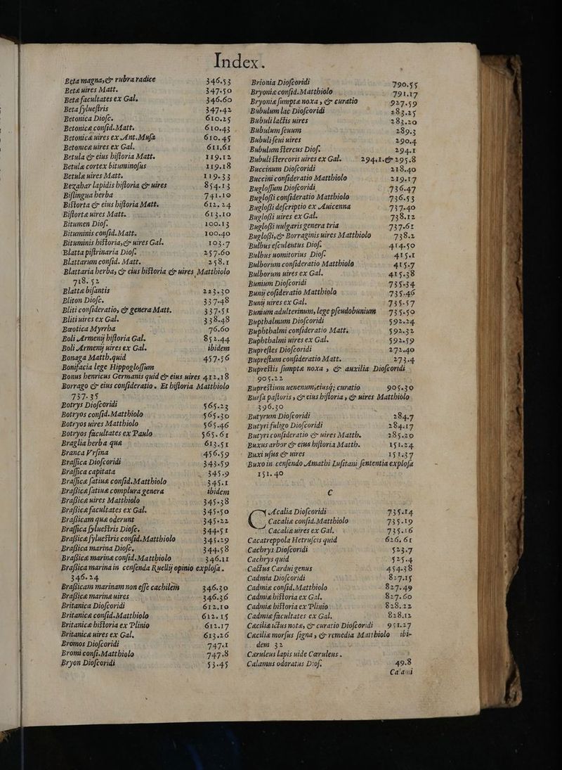 Beta magnaych rubra radice 346.53 Bet&amp; uires Matt. 347.50 Betonic&amp; uires ex Ant Mufa 610. 45 Betonic&amp; uires ex Gal. 611.61 Bistorta cir eius hiftoria Matt. 612.24 Biftlorta uires Matt. 613.10 Bitumen Diof. 100.13 Bituminis confid. Matt. 100.40 Bituminis historia,gr uires Gal. 103.7 Blatta piflrinaria Diof. 257.60 Blattarum confid. Matt. 258.1 Blattaria berba; c eius historia ctr uires Mattbiolo 78.52 ; Blatta bifantis 223.30 Bliton Dioft. 337-48 Bliti confideratio, c» genera Matt. 337.51 Bliti uires ex Gal. 338.48 Baotica Myrrha 76.60 Boli .4rmenij bifloria Gal. 852.44 Boli Armeny uires ex Gal. ibidem Bonaga Mattb.quid 457-16 Bonifacia lege Hippogloffum Bonus benricus Germanis quid er eius uires 412.18 Borrago ci eius con[ideratio . Et bifloria Mattbiolo 737-35 Botrys Diofcoridi $65.23 Botryos con(id. Mattbiolo $65.30 Botryos uires Mattbiolo $65.46 Botryos facultates ex Paulo $65.61 Braglia berba qua 613.51 Branca Vr[ma 456.59 Bra[fica Diofcoridi 343.59 Braffica capitata 345.9 Braffica fatiue confid.Mattbiolo 345.t Braffica fatine complura genera ibidem Braffica wires Mattbiolo 345.58 Braffica facultates ex Gal. 345-50 Brafficam que oderunt 345.22 Braffica [yluestvis Diofc. 344.51 Braffica fyluesiris confid.Mattbiolo 343.19 Braffica marina Diofc, 344.58 Braffice marina confid.Mattbiolo 346.11 Braffica marina in cenfenda Ruellij opinio explofa . 346.24 Brafficam marinam non effe cacbilem 346.30 Braffice marina uires 346.36 Britanica Diofcoridi 612.10 Britanice con(id.Mattbiolo 612.15 Britanice historia ex Plinio 612.17 Britanice uires ex Gal. 613.26 Bromos Dio[coridi 747.1 Bromi confi.Mattbiolo 747.8 Bryon Diofcoridi $3445 Brionia Diofcoridi 790.55 Bryoni« confid.Mattbiolo 791.17 Bryonia fumpte noxa y cr curatio 927.59 Bubulum lac Diofcoridi 283.15 Bubulilatfis uires 283.20 Bubulum feuum 289.3 Bubulifeui uires 290.4 Bubulum Stercus Diof. 294.I Eugloffi defcriptio ex J£uicenna 737-40 Buglofi uires ex Gal. 738.12 Buglofsi uulgaris genera tria 737-6: Bugloffi,ci* Borraginis uires M attbiolo 738.1 Bulbus efculentus Diof. 414-50 Bulbus uomitorius Diof. 415.1 Bulborum confideratio Mattbiolo 415.7 Bulborum uires ex Gal. 415.38 Bunium Diofcoridi 73534. Bunij cofideratio Mattbiolo 7235.46 Bunij uires ex Gal. 735.57 Bunium adultevinum; lege p[eudobunium 735.50 Buptbalmum Diofcoridi $92.24. Buphtbalmi confideratio Matt. $92.32 Bupbtbalmi uires ex Gal. $92.59 Buprefles Diofcoridi 272.40 Bupreflum confideratio Matt. 273.4 Buprestis fumpta noxa » &amp; auxilia Diofcoridi 905.22 Buprestium uenenumyeiusQ; curatio 905.30 Burfa paftoris , c eins hiftoria , c uires Mattbiólo YI GE Butyrum Diofcoridi 234.7 Butyri fuligo Diofcoridi 284.17 Butyri confideratio c uires Mattb. 285.20 Buxus arbor etr eius hiftoria Mattb. 151.24. Buxi ufus ct uires 151.37 Buxo in. cenfendo Amathi Lufitani fententia explofa 151. 40 € Acalia Diofcoridi 735514 Cacalie confid: Mattbiolo 735-19 Cacalia uires ex Gal. 7235.16 Cacatreppola Hetrufcis quid 626. 6t Cacbrys Diofcoridi $23.7 Cacbrys quid $25.4 Cactus Cardui genus 454438 Cadmia Diofcoridi 8:17.15 Cadmie confid. Mattbiolo 827.49 Cadmig historia ex Gal. 827-60 Cadmi historia ex Plinio 828.22 Cadmig facultates ex Gal. 228.12 Caciligictus note, cr curatio Dioftoridi 951.27 Cacilia morfus [igna , cr remedia Maitbiolo ibi- dem 32 Caruleus lapis uide Ceruleus . Calamus odoratus D:of. 49.8 Ca'aii T ECESBNTIDL Iac PERNE —ÁÁÁ—— +
