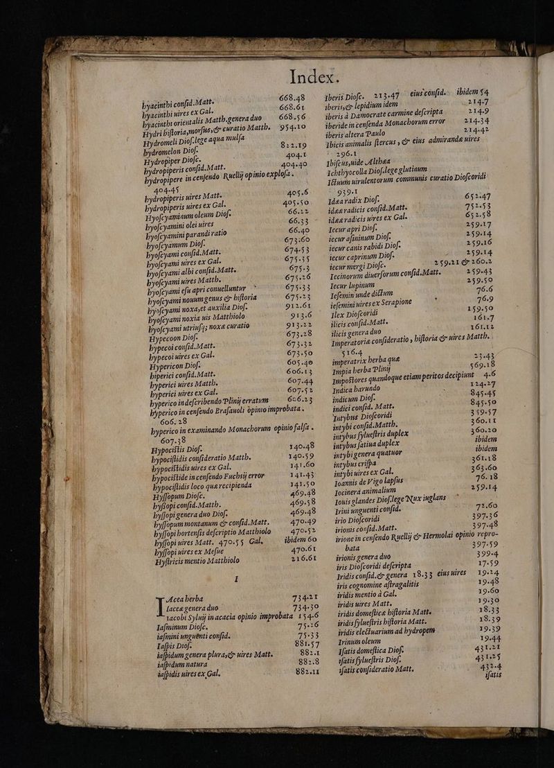 byacintbi confid.Matt. 668.48 byacintbi uires €X Gal. 668.61 byacintbi orientalis Matth.genera duo 668.56 Hydri bifloriaymovfusyer curatio Mattb. 954.10 Hydromeli Diof.lege aqua mul[a bydromelon Dioj. 812.19 H ydropiper Dio[c. 404.1 bydropiperis confid.Matt. — 404.40 bydropipere in cenfendo Ruellij opinio explofa . 404.45 bydropiperis uires Matt. 405.6 bydropiperis uires €x Gal. 405.50 H»yofcyaminum oleum Diof. 66.22 byofcyamini olei wires — 66.53 byofcyamini parandi ratio 66.40 byofcyamum Diof. 673:60 byofcyami confid. Matt. 674-53 byofcyami uires ex Gal. 675.35 byofcyami albi con(id. Matt. 675.3 byofcyami wires Mattb. 675.26 byofcyami efu apri conuelluntur ^ 675.33 byofcyami nouum genus er hiftoria 675.23 byofcyami noxa;et auxilia Diof. 912.61 byofcyami noxia wis Mattbiolo 913.6 byofcyami utriufq; noxa curatio 913.22 Hypecoon Diof- 673.18 bypecoi confid.Matt. 673.32 bypecoi uires ex Gal. 673.50 Hypericon Diof- 605.40 biperici confid. Matt. 606.13 hyperici uires Mattb. 607.44 byperici uires ex Gal. 607.52 byperico in defcribendo Pliny erratum 656.23 byperico in cenfendo Prafauoli òpimo improbata . 606. 28 byperico in examinando Monachorum opinio falfa . 607.38 Hypocistis Diof- 140.48 bypociflidis confidevatio M attb. 140.59 bypocistidis uires ex Gal. 141.60 bypocistide in cenfendo F ucbsij error 141.43 bypociflidis loco qua recipienda 141.50 Hyffopum Diofc. 469.49 byfiopi confid. Mattb. 469.58 by[Jopi genera duo Diof. 469.48 by[fopum montanum c confid.Matt. 470-49 byf[opi bortenfis defcriptio Mattbiolo 470-52 by[fopi uires Matt. 470:5 5 Gal. ibidem 60 byffopi uires ex Mefue 470.61 By[lricis mentio Mattbiolo 216.61 I Acea berba 734.21 lacee genera duo 734.30 tacobi Syluij inacacia opinio improbata. 154-6 Iafminum Diofc. 75°26 iafmini unguênti confid. 75433 Iafpis Diof. 881.57 iafpidum genera pluraydr uires Matt. 882.1 ia[pidum natura 882.8 ia[pidis uires ex Gal. 882.11 Iberis Diofe. 213.47 eius con[id.. . ibidem $4 iberis,e? lepidium idem 214.7 iberis à Damocrate carmine defcripta 214.9 iberide in cenfenda Monachorum error 214.34 iberis altera Paulo 214.42 ibicis animalis ftercus , &amp; eius admiranda uires ' 296.1 Ibifcus,uide Althea Ichthyocolla Diof.lege glutinum IGuum uirulentorum communis curatio Diofcoridi bris | Idea radix Diof. 652.47 idea radicis confid.Matt. 251.53 idea vadicis uires ex Gal. 652.58 Iecur apri piof. : 259.17 iecur afininum Diof. 259.14 iecur canis rabidi Diof. 259.16 iecur caprinum Diof. J 259.14 iecur mergi Diofc 259.217 260.2 Iecinorum diuerforum confid.Matt. 259.43 Iecur lupinum 259.59 Iefemin unde dicium 76.6 ie[emini uires ex Serapione * 26.9 ]lex Diofcoridi 159.50 ilicis con (id. Matt. 161.7 ilicis genera duo 161.12 Imperatori&amp; confideratio y bifloria cr uires Mattb. $16.4 impevatrix berba que 23545 Impia berba Plinij i E 69.18 Impostores quandoque etiam peritos decipiunt 4-6 Indica barundo l 124-27 indicum Diof. 945.45 indici confid. Matt. 845.50 'Intybus Diofcoridi 359.57 intybi confid.Mattb. 360.11 intybus fylueftris duplex 360.20 intybus fatina duplex ibidem intybi genera quatuor ibidem intybus crifpa 361.18 intybi uires ex Cal. 363.60 Ioannis de Vigo lapfus 36.18 Iocinerd animalium 259.14 Iouis glandes Diof.lege Nux iuglans ^ i Irini unguenti confid. 72.60 irio Diofcoridi 397.36 irionis confid. Matt. 397.48 irione in cenfendo Ruellij c Hermolai opinio repro- bata 397.59 irionis genera duo 399-4 iris Diofcoridi defcripta 17.59 Iridis confid.cr genera. 18.33 eiuswires — 19.14 iris cognomine aftragalitis | 19.48 iridis mentio à Gal. 19.60 iridis utres Matt. 19.30 iridis domeflica bifloria Matt. 18.33 iridis fylueftris hiftoria Matt. 18.39 iridis ele&amp;iuarium ad bydropem 19.39 Irinum oleum 19.44 Ifatis domeflica Diof- 431.21 yfatis fylueftris Diof. 431425 fatis confideratio Matt. 43244 ifatis E