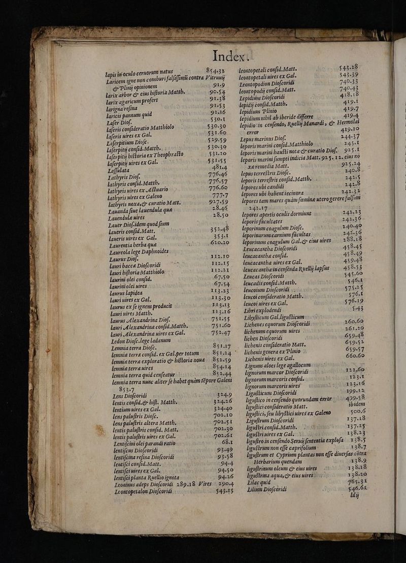 Laricem igne non comburi falfifimü contra V'itruuij ep Plinij opinionem — 91.9 larix arbor cir eius biftoria Mattb. 90.54 larix agaricum profert 91.38 larignavefma — 91:53 laricis pannum quid 91.16 Lafer Diof. ! 530.1 laferis confideratio Matthiolo 530.30 $31.60 laferis uires ex Gal. Laferpitium Diofc. $29.59 laferpity confid. Mattb. . : $30.30 laferpitij bistoria ex Theophrasto $31.20 laferpitij uires ex Gale © ` 531.55 Laffulata 481.4 Latbyris Diof. 716-46 latbyris confid. Mattb. 776.57 lathyris uires ex A &amp;uario 776.60 lathyris uires ex Galeno 27337 lathyris noxasc curatio Matt. 927.59 Lauanda [iue lauendula que 28.46 Lauendula uires 28.50 Lauer Diof-idem quod fium laueris confid.Matt. ` 352.48 laueris uiresex. Gal. 353: Laurentia berba qu&amp; 610.10 Laureola lege Dapbnoides . Laurus Diof. 1I2.IO lauri bacc&amp; Diofcoridi 112.15 lauri bifloria:Mattbiolo 112.21 laurini olei confide — 67.50 . laurini olei uires 67.54. laurus lapidea 113.23 lauri uires ex Gal. 113.30 laurus ex fe ignem producit 113.13 lauri uires Mattb. 113.16 laurus Alexandrina Diof. 751:55 lauri Alexandrine confid. Mattb. 751.60 lauri Alėxandring uires ex Gal. 752.47 Ledon Diofc.lege ladanum Lemnia terra Diofc. E C y | lemnie terre confid. ex Gal.per totum 851.24 ' lemnia terre exploratio c bistoria nona 852.59 lemnia terra uires 954.14 lemnia terra quid cenfeatur 852.44. lemnia terra nunc aliter fe babet quàm tëpore Galeni 853.7 Lens Diofcoridi 324.9 lentis confid.er hift. Mattb. 324.26 lentium uires ex Gal. 324.40 lens paluftris Diofc. 702.10 lens paluftris altera Mattb. 792.51 lentis paluftris confid. Matt, 702.30 lentis paluftris uires ex Gal. 702.61 Lentifcini olei parandi ratio 68.1 lentifcus Diofcoridi 93.49 lentifcina refina Diofcoridi 93.58 lentifci con[id.Matt. 94.4 lentifciuives ex Gal. 94.50 lentifci planta Ruellio ignota 94.26 Leoninus adeps Dio[coridi 289.18 Fires ` 290.4. . Leontopetalon Diojcoridi $43.15 leontopetali uires ex Gal. Leontopodion Diofcoridi leontopodij confid.Matt. Lepidi Diofcoridi lepidij confid. Mattb. lepidium Plinio lepidiumibil ab iberide differre $43.28. 740.33 749-43 418.18 419.1 419-7 419-4 error Lepus marinus Diof. | leporis marini confid.Mattbiolo 419.10 244:37 245.I xaremedia Matt. 92524 lepus terresivis Diofc. 240.8 leporis terreftris confid. Mattb... 242-5 lepores ubi candidi 141.8 lepores ubi babent iecinora 241.37 lepores tam mares quàm famine utero gerere falfum 2421.17 : lepores apertis oculis dormiunt 242.23 leporis facultates 2421.36 leporinum coagulum Diofc. 240.49 leporinarum carnium facultas 242.36 leporinum coagulum Gal.cr eius uires... 2 88.18 Leucacantba Diofcoridi 459-43 leucacantha confid. 459.49 leucacantha uires ex Gal. 459.48 leucacantbaincenfenda Ruellij lapfus 459.53 Leucas Diofcoridi $45.60 leucadis confid. Mattb. 546-1 leucoium Diofcoridi .. 575-25 leucoi confideratio Mattb. 576.t leucoi uires ex Gal. $76.19 Libri explodendi $443 Libyflicum Gal.ligu$licum Licbenes equorum Diofcoridi 260.60 lichenum equorum uires 261.20 lichen Diofcoridi 659.48 licbenis confideratio Matt. 659-5? licheuis genera ex Plinio 659.57 Licbenis uires ex Gal. 660.60 Lignum aloes lege agallocum lignorum marcor Diofcoridi 122,60 lignorum marcoris confide X23 lignorum marcoris uires 123.16 Liguslicum Diofcoridi 199.12 liguflico in cenfendo quorundam èrror 429-59 liguflici confideratio Matt. ibidem liguflici feu libystici uires ex Galeno 500.6 Liguftrum Diofcoridi 137.18 liguftri.confid. Mattb. 137.25 ligusiri uires ex Cal. 138.23 ligustrum non effe caprifolium : 138.7 Hérbarium quendam liguflrinum oleum cr eius uires ligustrina aquas ctr eius uires: Lilac quid Lilium Diofcoridi 139.9 13818 I 39.20 765.31 $46.65 lily