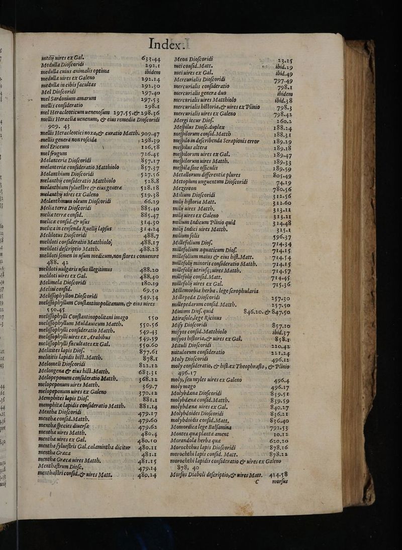 sun» T — NUM z- WO - - c e> twe ~a t T medij uires ex Gal. ds Medulla Diofcoridi PNA medulla cuius animalis optima ibidem medulle uires ex Galeno 292.14 medulla in cibis facultas o Mel Diofcoridi 197.40 mel Sardonium amarum 197.53 sellis confideratio Seth mel Heracleoticum uenenofum. | 397.5 $47 298.36 mellis Heraclie uenenum, ety eius remedia Diofcoridi md. mellis Heracleoticinoxayeb curatio Mattb. 909.47 mellis genera non rofcida 1298.39 mel Ericeum y 126.58 mel frugum 726.45 Melanteria Dioftoridi 857.17 melanterie confideratio Mattbiolo 857.37 Melantbium Dio[coridi $27.56 smelantbij confideratio Mattbiolo $28.8 melanthium fyluestre cir eius genera $28.18 melantbiy uires ex Galeno $29.58 Melantbinua oleum Diofcoridi 66.29 Meliaterra Diofcoridi 885.40 elis terra confid. 885.47 melice confid.e ufus 314.30 melica in cenfenda R uelli lapfus ; 314.24 Melilotus Diofcoridi 488.7 meliloti confideratio Mattbiolo; 488.17 meliloti defcriptio Mattb. 488.28 meliloti femen in ufum medicumynon flores conuenire Melimela Diofcoridi 180.19 ;Meliniconfid. 69.50 Meliffopbyllon Diofcoridi $49.34 aneliffopbyllum Conflantinopolitanum; c eius uires 550.45 melifophylli Conftantinopolitani imago $50 aneliffopbyllum Muldauicum Mattb. $50.56 meliffophylli confideratio Mattb. $49-43 sneliffopbylli uires ex Arabibus $49.59 sneliffopbylli facultates.ex Gal. $30.60 Melitites lapis Diof. » 877.61 melititis lapidis bist.Mattb. 878.1 Melomeli Diofcoridi 822.12 Melongena &amp; eius bifi.Mattb. 685.31 Melopeponum confideratio Mattb. 368.12 melopeponum uires Mattb. 369.7 melopeponum uires ex Galeno 370.12 Menmpbites lapis Diof. 881.1 mempbita lapidis confideratio Mattb. 881.14 Mentba Diofcoridi 479.17 mentba confid. Mattb. 479.60 menthe fbecies dinerfe 479.62 mentha uires Mattb. 480.4 mentba uires ex Gal. 480.10 mentha [ylueftris Gal.calamintba dicitur -480.11 mentha Greca 481.1 menthe Grece uires Mattb, 481.15 Mentbaflrum Diofc, 47914 menthajiri covfid.c wires Matt. ; 499,24 Meon Diofcorid: 23.15 mei con[id. Matt. 2 bidez 9 meiuires ex Gal. ibid.49 Mercurialis Diofcoridi 797-49 mercurialis confideratio 798.1 mercurialis genera duo ibidem mercürialis uires Mattbiolo ibid.38 mercurialis historia, uires ex Plinio 798.3 mercurialis uires ex Galeno 798.42 Mergi iecur Diof. 260.2 Mefpilus Diofc-duplex — 188.24 mej[pilorum confid. Mattb 188.31 me[pilo in defcribenda Serapionis error 189.29 mefpilus altera 189.18 me[pilorum uires ex Gal. 189.47 me[pilorum uires Mattb. 189.35 mefpila fine officulis 189.59 Metallorum differentia plures $05.49 Metopium unguentum Diofcoridi 74.19 Mezereon 730.56 Milium Diofcoridi 312.56 milý bifloria Matt. 312.60 mily uires Mattb. 313.11 milij uires ex Galeno 313.2I milium Indicum Plinio quid 314.48 milij Indici uires Mattb. 315.1 milium folis $96.37 Millefolium Diof. 714-34 millefolium aquaticum Diof- 714.15 millefolium maius c eius bifl.Matt. 714.14 nillefoly uires ex Gal. 715.36 Millemorbia berba. lege fcropbularia Millepeda Diofcoridi 257.30 millepedarum confid. Mattb, 257.50 Minium Diof. quid 846.20. 07 847.50 Mirafole,lege Ricinus Mify Diofcoridi $857.10 mifyos con[id.Mattbiolo ibid.37 mifyos bifloriayetr uires ex Gal. 858.r Mituli Diofcoridi 220,42 mitulorum con[ideratio 211.24 Moly Diofcoridi 496.12 moly confideratios e hiftex Theopbraflo , €r Plinio © 496.17 moly, feu myles uires ex Galeno 496.4 moly mago 496.17 Molybdana Diofcoridi 839.51 molybdena confid. Mattb. 839.59 molybdena uires ex Gal. 840.27 Molybdoides Diofcoridi 836.21 molybdoidis confid.Matt. 836.40 Momordica lege Balfamina ——— 792153 Montes quaplanta ament (Oeo. rz Morandola berba qua 620.20 Morocbtbus lapis Diofcoridi 878.16 morocbtbi lapis confid. Matt. 00082821 morocbtbi lapidis confideratio c uires ex Galeno >. 40 Morfus Diaboli defcriptio, cy nires Matt. - 414.58 » € morfus