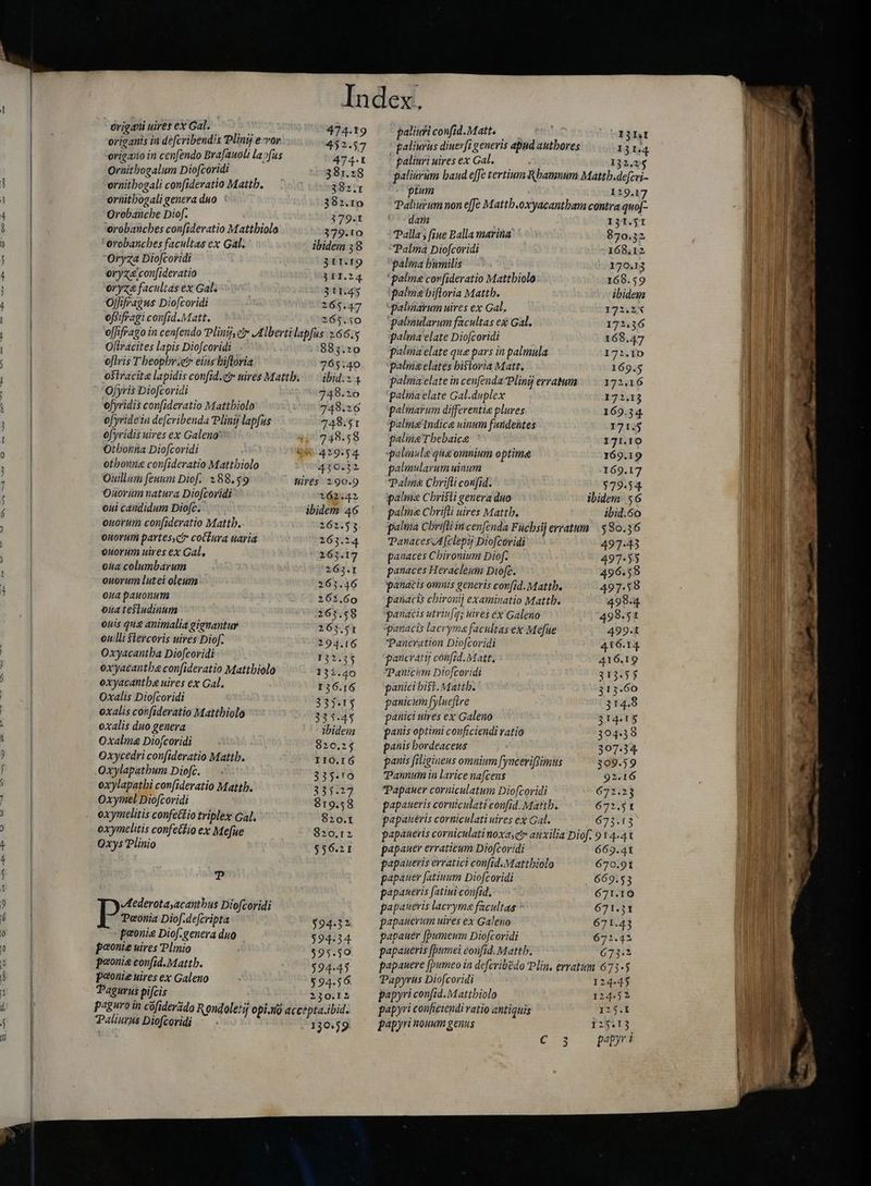OO J> o oco -> ~a crc c qe. A we P — —— A r EE HE- wo ou. O M CAM SA -Ao S E Ww SS Z eco a c — E ves co c4 Cc “drigai uires eX Gal. Ornithogalum Diofcoridi ornithogali confideratio Matth. ornitbogali genera duo Orobanche Diof. orobancbes confideratio Mattbiolo orobancbes facultas ex Gal. -Oryza Dio[coridi oryza confideratio 0ryza facultas ex Gal. Ojfifragus Diofcoridi ofiifragi confid.Matt. 474-19 452.57 474-1 381.28 382.1 382.10 379-1 379-10 311.19 311.24 Sings 265.47 265.50 Oftracites lapis Diofcoridi of yridis uires ex Galeno Otbonna Diofcoridi otbonna confideratio Mattbiolo uillum feunm Diof. 288.59 Onorim natura Diofcoridi oui candidum Diofc. onorum con(ideratio Mattb. ouorum partes coCiura uaria ouorum uires ex Gal, oua columbarum ouorum lutei oleum oua pauonum oua testudinum ouis qua animalia gignantur onilli Stercoris uires Diof. Oxyacantba Diofcoridi oxyacantba confideratio Mattbiolo oxyacantbe uires ex Gal. Oxalis Diofcoridi oxalis confideratio Mattbiolo oxalis duo genera Oxalma Diofcoridi Oxycedri confideratio Mattb. Oxylapatbum Diofc. oxylapatbi confideratio Mattb. Oxymel Diofcoridi oxymelitis confectio triplex Gal. oxymelitis confectio ex Mefue Qxys Plinio T Aederota,acanthus Diofcoridi Peonia Diof.de[cripta peonie Diof.genera duo poonie wires Plinio peonie confid.Mattb. paonie uires ex Galeno Pagurus pifcis 883.20 748.58 429.54 430.32 1662522 262.53 263.24 265.17 263.1 263.46 262.60 263.58 263.51 294.16 732533 131.40 136.16 335-15 333-45 ibidem 820.24 IIO.I 6 335.t0 335.27 $19.58 820.t 820.12 556.21 594.32 594:34 595.50 594.45 594.56 230.1 Z Paliurus Diofcoridi 130.39. palinuti confid.Matt. HEBjnt paliuris diuevfi generis apud authores 13144 palinri uires ex Gal. 132,2 paliarum baud effe tertium Rbamnum Mattb.defcri-- ptum 129.17 Paliurum non effe Mattb.oxyacantbam contra quof- dam 131.51 Palla fiue Balla marina 870.32 Palma Diofcoridi 168.12 palma humilis 170.13 'palma confideratio Mattbiolo 168.59 palma bifloria Mattb. ibidem palinarum uires ex Gal, 1723421X ‘palmularum facultas ex Gal. 172.36 palma elate Diofcoridi 168.47 palmaelate que pars in palmula 172.10 palma'Indice uinum fundentes 171.5 palma Tbebaice ' 171.10 palmule que omnium optime 169.19 palmularum uinum 169.17 Palme Chrifli confid. $79.54. palma Christi genera duo ibidem 56 palme Chrifi uires Mattb. ibid.6o palma Chrifti in cenfenda Fucbsij erratum 5830.36 Panaces.Afclepy Diofcovidi 497-43 panaces Cbironium Diof. 497-55 panaces Heracleum Diofc. 496.58 panacis omnis generis confid. Mattb. 497.58 pañácis cbironij examinatio Mattb. 498.4 panacis utrin[q; uires éx Galeno 498.51 qpanacis lacryma facultas ex Mefue 499-1 TPancration Diofcoridi 416.14 pancvatij confid. Matt, 416.19 Panicim Diofcoridi 313.55 panici bist. Mattb. 313.60 panicum fylneftre 314.8 panici uires ex Galeno 314.15 panis optimi conficiendi vatio 394.38 panis bordeaceus 307.34 panis filigiueus omnium fynceriffimus 309.59 Pannum in larice nafcens 92.16 TPapauer corniculatum Diofcovidi 672.2 | papaueris corniculati confid. Mattb. 672.51 papaueris corniculati uires ex Gal. 673.13 papaueris corniculatinoxaset» auxilia Diof. 914.41 papauer erraticum Diofcoridi 6693.41 papaueris erratici confid.Mattbiolo 670.91 papauer fatinum Diofcoridi 669.53 papaueris fatiui confid. 671.10 papaueris lacryma facultas 671.31 papauerum uires ex Galeno 671.43 papauer (bumeum Diofcoridi 672.42 papaueris [pumei confid. Mattb. 673.2 papanere [þumeo in defcribédo Plin. erratum 673-5 Papyrus Diofcoridi 124.45 papyri confid.M attbiolo 124,51 papyri conficiendi vatio antiquis 125.1 papyri nouum genus 115.13