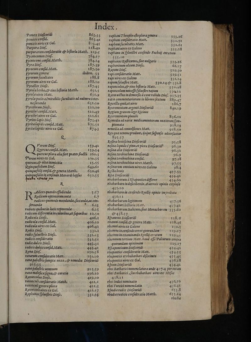 €————— A C € n—————————ÀHÁas e—a Pumex Diofcoridi 863.33 pumicis confid. 863.41 pumicis uires ex Gal. 853.45 Purpura Diof. 218.40 purpurarun confideratio er bifloria Matth. 219.5 TPycnocomon Diof. 784.17 pycnocomi confid. Mattb. 784-24 Pyra Diof. 187.39 pyrorum confid .Matt. 187.50 pyrorum genera ibidem. 55 pyrorum facultates 188.8 pyrorum uires ex Gal. 188.10 Pyra$ter Diofc. 197.43 Pyrola berbasctr eius hiftoria Mattb. 631.5 pyrole uires Matt. 631.9 pyrol« potio admirabilis facultatis ad uulnera inter- na fananda 631.20 Tyretbrum Diofc. $22.10 pyretbri confid.Matt. $22.49 pyretbri uires ex Gal. $22.61 Pyrites lapis Diof. 873.42 pyrite lapidis con(id.Matt. 873.51 pyrite lapidis uires ex Gal. 874.3 Q, V'ercus Diof 159.42 Quercus con(id. Matt. 159.54 quercus plura alia fert prater frui ` 160.3 T ercus uires ex Gal. 160.35 quercus, olea inimicitia 15.55 D uinquefolium Diof. 649.61 quinquefolij confid.ey genera Matth. 650.46 uinquefolio in cenfendo Manardi lapfus 650.55 fuis Siaka d os R Adices quando effodiende 5:57 R Radicum optimarum note 6.7 radices quomodo mundanda; ficcand,ac còn- feruande v6.12 radicum differentia in coloribusset faporibus: 10.50 Radicula Diofc. 406.1 radicula confid.Matt. 406.10 radicula uires ex Gal. 406.42 Radix Diof. 332.1 radix fyluestris Diofc. 332413 radicis con[ideratio 332.51 radix dulcis Diofc. 445.31 radicis dulcis con[id.Matt. 443.41 ranarum confideratio Matt. 251.20 rane paluflris [umpta noxa, cr remedia. Diofcoridi 92543). | rana palu[lris uenenum 925.59 rane malefice fignayc curatio 926.10 Ranunculus Diofc. 419.20 ranunculi confideratio Mattb. 421.1 ranunculi genera plura 4211.3 Rauuxculi uires ex Gal. 421.17 Rapbanus Jylneflris Diofc. 332.14. raphani T beopbraflo plura genera 2333.16 raphani con[ideratio Matt. 352.51 rapbani facultates Matt. 332.61 raphani uires ex Galeno 33328 rapbano in fyluestri cenfendo Fucbsij erratum 333.10 vapbanus Ruflicanus, fine uulgaris 333.16 rapbaninum oleum Diofc. 66.27 Rapum Diof. 329.30 rapi con[ideratio Matt. 329.51 rapi uires ex Galeno 331.14 vapum fylueftre Matt. 330.14 e 331.8 vapunculus,e eius hiftoria Matt. 320.28 rapunculum non efe [ylueflre rapum 131922 Ratio niftus in demor[is d cane rabido Diof. 937.35 ratio commentariorum in librum fextum 889.47 Recolta quidet uires 286.7 Recrementum argenti Diofcoridi 840.2 Regium granum lege Ricinus Recrementum plumbi 836.12 Remedia ad naria. medicamentorum noxiorum fym= ptomata 928.14 remedia ad conuulfiones Matt. 928.50 Res qua uenena produnt, isque fu[pen[e aduerfantur 895.57 Refina lentifcina Diofcoridi 93.58 refina liquida e pinu,et picea Diofcorid? 96.50 refine alie Diofcoridi 96.32 refina terebintbina Diofcoridi 96.9 refine terebintbina confid. 97.18 refine terebintbina uires Mattb. 97.55 refinarum omnium uires ex Galeno 98.4 Resta bouis 457.53 Rha Diojcoridi 43444? rbabarbaruim à Rbapontico differre 434.60 rhabarbaro in defcribendo J£ uerrois opinio explofa 435.20. j rhbabarbaroin cenfendo R uellij opinio imsrobata 436.12 rbabarbarum legitimum 437-36 rbabarbari bistoria Matt. 437.42 £439.57 Rbamnaus Dio[coridi 128.6 rhamni con[id.cty genera Matt. 128.46 rbamni uires ex Galeno 110,3 ybamno in cenfendo error quorundam 129117 rbaimno in examinando Rwelli erratum 129.41 vbamnum tertium Matt. baud effe Paliurum contra quorundam opinionem 129.17 Rbaponticum Diofcoridi 434.42 vbapontici et rbabarbari difcrimen 435.45 rbapontici uires ex Gal. 436.28 Rbeon Diofcoridi 454-42 rhei Barbarici nomenclatura unde 417.4. per totum rhei Barbarici , [eu vbabarbari uires ex. Mefe 439.11 rbei Indici nominatio 436,50 rhei Turcici nomenclatio 436-45 Rbodia radix Diofcoridi 6535.8 rhodie radicis confideratio Mattb, 653.14 rbodie € cá cae numen nlt n n