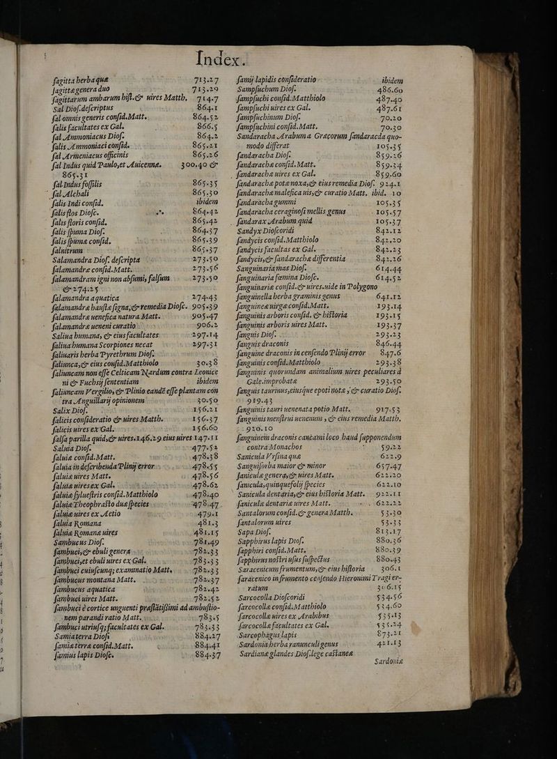 pm a fagitta herba quæ 713.27 Jagitte genera duo 713.29 fagittarum ambarum hif. uires Matth, 714:7 Sal Diof.defcriptus 864.1 fal omnis generis confid.Matt. 864.52 falis facultates ex Gal. 866.5 fal Ammoniacus Diof. 864.2 ` falis /£mmoniaci confid 865.21 fal Atrineniacus officinis 865.26 fal indus quid Pauloyet J£uicenna. 300.40 ~ 865.31 falmdus fo[filis 865.35 ` fal Alchali 865.30 falis Indi confid. ibidem falis flos Diofc. » 664.42 falis floris confid. 865.42 — falis (puma Dio. 864.37 ` falis (puma confid. 865.39 falnitrum 865.37 Salamandra Diof. defcripta 273.50 falamandre confid.Matt. 273.56 falamandram igni non abfumi, falfum 273.50 O27425 falamandra aquatica 274-43 falamandra baufle fignayciy remedia Diofc. 905.39 falamandra uenefica natura. Matt. 905.47 ` falamandra ueneni curatio 906.2 Salina bumana; cr eius facultates 297.14 faliua. bumana Scorpiones necat 297.31 faliuaris berba Pyrethrum Diof. faliuncasei eius coufid.M. attbiolo 30.38 faliuncam non effe Celticam Nardum contra Leonice ni c Fucbsij fententiam ibidem faliuncam Vergilio, ci Plinio-eandé e[fe plantam cón tra JAnguillarij opinionem 30.50 Salix Diof. 156.21 falicis confideratio c uives Mattb. 156.37 falicis uires ex Gal. 156.60 falfa parilla quidsc uires.346.2.9.eius uires 147.11 Saluia Diof. 477-55 faluie confid. Matt. 478.58 faluia in defcribendaPlinij errar 478.55 faluie uires Matt. 479.56 faluie uiresex Gale i 478.62 faluia fylueflris confid.Mattbiolo 479.40 faluieTbeopbrasto dua fpecies 379.47 . faluie uires ex Aetio 479.1 faluia Romana 481.5 faluia Romana uires 481.15 Sambucus Diof. 781.49 fambucisc ebuli genera 782.33 fambuciset ebuli uires ex Gal. 733.33 fambuci cuiufcunq; exammatio Matt. 782.33 fambucus montana Matt. 282.37 fambucus aquatica 7982.42 fambuci uires Matt. 782152 fambuci è cortice unguenti praftatifsimi ad ambuflio- famiaterra confid. Matt. 884.41 [amius lapis Diofce 884.37 famij lapidis confideratio ibidem Sampfuchum Diof. 486.60 fampfucbi confid.Mattbiolo 487.40 Jampfucbi uires ex Gal. 487.61 fampfucbinum Diof- 70.20 Jampfuchini confid. Matt. 70.30 Sandaracba Arabuma Gracorum fandaracda quo- modo differat 105.35 fandaracba Diof. 859.16 fandaracbe confid. Matt. 859.34. . fandaracha uires ex Gal. 359.60 Jandarache potæenoxa,gy eius remedia Diof. 924.1 fandarache malefica uis,etr curatio Matt. ibid. -10 fandaracba gummi 105.35 fandaracba ceraginofi mellis genus 105.57 _ fandarax .4rabum quid 105.37 Sandyx Dio[coridi 842.12 fandycis confid.Mattbiolo 842.20 fandycis facultas ex Gal. $42.23 fandycisyei fandaracba differentia 942.26 Sanguinaria mhas Diof. 614.44 fanguinaria femina Diofc. 614.52 fanguinarie confid.ct uires.uide in Polygono fanguinella berba graminis genus 641.12 fanguinea uirga confid.Matt. 193.14 fanguinis arboris confid. c bistoria 193.15 fanguinis arboris uires Matt. 193.37 fanguis Diof. 293.23 fanguis draconis 946.44 fanguine draconis in cenfendo Plinj error. 847.6 fanguinis confid.Mattbiolo 293.38 fanguinis quorundam animalium uires peculiares à Gale.improbate 293.50 fanguis taurinus,eiusque epoti note y ez curatio Diof. 919.43 | fanguinis tauri uenenata potio Matt. 917.53 fanguinis menfirui uenenum , ci eius vemedia Mattb. 920.10 fanguinem draconis cancatmi loco baud fupponendum contra Monacbos i $9:32 Sanicula Vr[inaqua 622. Sauguiforba maior c minor 657.47 fanicule genera etr uires Matt. 622.20 fauicula;quiuquefolij fpecies 622.10 Sanicula dentaria ei eius bistoria Matt. 22.LI fanicule dentaria uires Matt. «os 162223. Santalorum con(id.cir genera Matth. $3.30 fantalorum uires $3.33 Sapa Diof. 813.17 Sappbirus lapis Dio. 880.36 fapphiri confid. Matt. 880.39 fapphieus nostri nfas fufþećtus 880.43 Savacenicum frumentumycr-eius hiftoria 306.1 faracenico in frumento cenfendo Hieronimi T ragi er- ratum 306.15 Sarcocolla Diofcoridi $34.56 farcocolle confid.Mattbiolo $14.60 Sardiana glandes Diof.lege ca$ianea