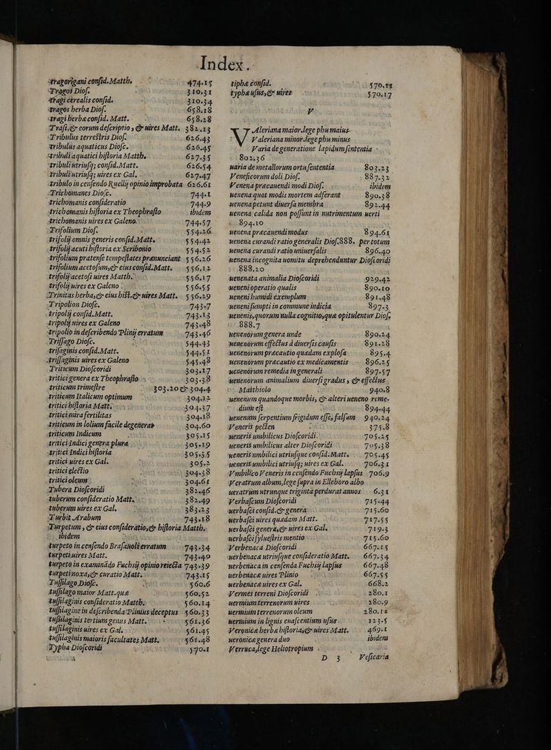 —AÓ C am PLE LER SES ym i de ni atraporigani confid. Mattb, - ` 474.15 Trazos Diof. 310.31 Afagi cerealis confid 310.34 ragos berba Diof. 658.18 aragi berba confid. Matt. 658.28 Trafic eorum defcriptio , x uires Matt: 382.13 ‘Tribulus terrestris Diof- 626.43 tribulus aquaticus Diofc. 626.45 tribuli aquatici bifloria Matthe 627.35 aribuliutriufq; confid.Matt. 616.54. tribuli utriufq; uires ex Gal. 627.47 tribulo in cenfendo Ruellij opinio improbata. 626.61 ‘Trichomanes Diojc. 744-1 tricbomanis confideratio 744-9 tricbomanis hiftoria ex Tbeopbraflo ibidem trichomanis uires ex Galeno. 744.57 Trifolium Diof. $5426 trifolij omnis generis con[id.Matt. $5444 trifolij acuti bifloria ex Scribonio $54.52 trifolium pratenfe tempeflates prenunciant. .5 56.2.6 trifolium acetofumyetr eiusconfid. Matt. -556.12 trifolij acetofi uires Mattb. $56.17 trifolij uires ex Galeno . $56.55 ‘Trinitas berba, et eius histr uires Matts 5 56.29 A ripolion Diofc. 74347 -tripolij confid. Matt. 743.13 iripolij uires ex Galeno 741.49 tripolio in defcribendo Plinij erratum 743.46 TrifJago Diofc. 3 54443 trifaginis confid.Matt. $44.51 ariffaginis uires ex Galeno $45.49 Triticum Diojcoridi 303.17 tritici genera ex Tbeopbrafto 303.38 triticum trimeflre 303.20 Q7 304.4. triticum Italicum optimum 30442 tritici bifloria Matt. ....—. 394.37 tritici tira fertilitas 304.18 triticum in lolium facile degeñerat 304.60 triticum Indicum ) 305.15 tritici Indici gengra plura =| 305.19 tritici Indici hiftoria 305,55 tritici uires ex Gal. 395.2 tritici ele(tio ; 304.38 triticioleum > al 304.61 -Tubera Diofcoridi 382.46 tuberum con(ideratio Matta’: 382.49 tuberumuiresex Gal, ` 383.23 A'urbit Arabum 743418 Wurpetum , cir eius con[ideratio,et bifloria Mattb. ibidem Aurpeto in cenfendo Brafanolierratum 743.34 tuvpetiuires Matt. ( 743349 turpeto in examinado Fucbsij opinio veiea 743.39 tarpetinoxaycir curatio Matt. 743415 Tuffilago Diofc. A $60.6 tuffilago maior Matt. qua $60.52 tulfilaginis confideratio Mattb. $60.14 tuffagine in defcribenda Plinius deceptus: $60.33 tufšilaginis tertium genis Matt. `` $61.36 tuffilaginis uires ex Gal. $61.45 tu[filaginis maioris facultates Matt. $61.48 Jypha Dio[coridi 5701 y Aleriana maior.lege phu maius- ; Valeriana minor.lege pbu minus V aria de generatione lapidum fintentia. - 802,36 uaria de metallorum orta fententia 803.23 Veneficorum doli Diof. 887.32 Venena precauendi modi Diof. ibidem uenena quot modis mortem adferant 890.58 uenena petunt diuerfa membra 892.44 uenena. calida non poffunt in nutrimentum nerti 894.10 uenena pr&amp;cauendi modus 894.61 uenena curandi ratio generalis Diof.888.. per totum uenena curandi ratio uninerfalis 896.40 uenena incognita uomitu deprehenduntur Diofcoridi 888.20 uenenata animalia Diofcoridi 929.42 weneni operatio qualis y 890.10 ueneni bumidi éxemplum 891.48 ueneni fumpti in commune indicia 897.35 uenenis quorum nulla cognitioyqua opitulentur Diof. 888.7 uenenorumgeueraunde — . 890.24 uenenorum effectus à diuerfis caufis 891.28 uenenorum pr&amp;cautio quedam explofa 895.4. ueuenorum pracautio ex medicamentis $896.25 uenenórum remedia in generali 897.57 uenenorum animalium diuerfi gradus y cr effectus . Mattbiolo 940.8 yenenum quandoque morbis, cz alteri ueneno reme- diui eft A 894-44 uenenam ferpentium frigidum effes falfum | 9 40.24, Veneris petten : 375.8 weneris umbilicus Diofcoridi 795.15 wueneris umbilicus alter Diofcoridi 795.38 ueneris nmbilici utriufque confid:Matte = 705.45 weneris umbilici utriu[q; uires ex Gal. 796.31 Vubilico V eneris in cenféndo Fucbsij lapfus |. 706.9 Veratrum album,lege fupra in Elleboro albo seratrum utrunque triginta perdurat annos. -6:31 Verba[cum Diofcoridi 715«44 uerba[ci confid.ctr genera 715.60 uerba[ci uires quedam Matt. 717.55 uerbafci generig uires ex Gal. 719.3 uerbafci f ylueftris mentio 715.60 Verbenaca Diofcoridi 667.15 uerbenaca utriufque confideratio Matt..—.667.34 uerbenacain cenfenda Fuchsi lapfus 667.48 uerbenaca uires Plinio | 667.55 uerbenaca uires ex Gal. 668.2 Vermes terreni Diofcoridi 280.1 nermium terrenorum uires 280.9 uermium terrenorum oleum 280.12 uermium in lignis enafcentium ufus 1344 Veronica berba bifloriasgt uires Matt. 469.1 ueronica genera duo ibideni Verrucajlege Heliotropium ; a e