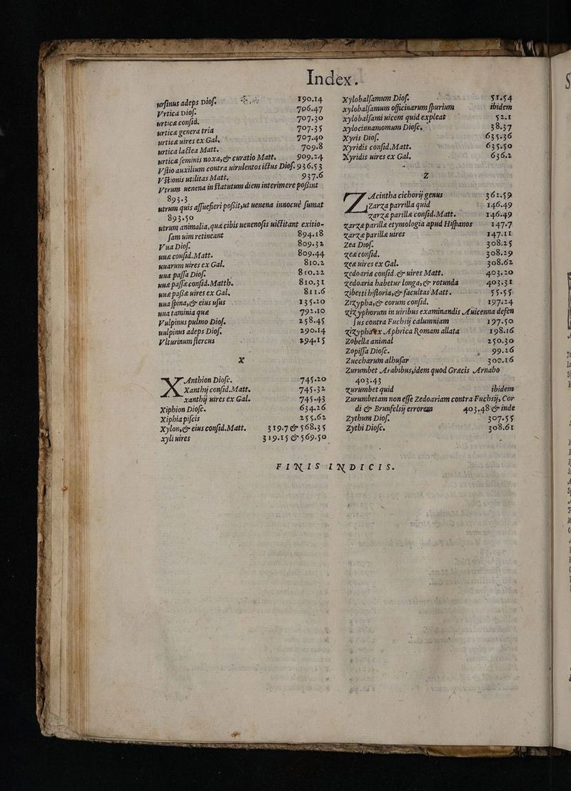 urfinus adeps pief. e 190.14 Vrtica piof. 706.47 urtica confid. 707.30 urtica genera tria 707.35 urtica uires ex Gal, ` 707.40 urtica lattea Matt. : 709.8 urtica feminis noxa, i curatio Matt... 909,24 V [lio auxilium contra uirulentos iftus Dief. 93 6.5 3 V $tionis utilitas Matt, 937.6 pirum uenena in Statutum diem interimere pofdint 893.3 i utrum quis a[fucfieri pofsitsut uenena innocué fumat 893.50 utrum animalia, qu&amp; cibis uenenofis uitlitant exitio- fam uim retineant 894.18 V ua Diof. 809.32 uua coufid. Matt. 809.44 uuarum uires ex Gal. 810.2 uua paffa Diof. 810.22 uua paffe confi. Mattb. 810.31 uua paffa uires ex Gal. 811.6 sua (pinayctr eius ufus 1535320 — nua taminia que 792.10 V ulpinus pulmo Diof. 258.43 uuipinus adeps Diof. — 290.14. V lturinum ftercus 294415 X J Anthion Diofc. 745.20 Xanth confid.Matt, 745.3? xantbij uires ex Gal. 745-43 xipbion Diofc. 634.26 Xipbia pifcis 255.62 Xylon,e* eius confid.Matt. 319.7 67 568.55 x)li uires 319.15 (7569.50 xylobalfamum Diof. ito $1.54 xylobalfamum officinarum [purium ibidem xylobalfami uicem quid expleat $2.I xylociunamomum Diofc, 38.57 Xyris Diof. 635.36 Xyridis confid.Matt. | 635.50 Xyridis uires ex Gal. 636.2 Z i Acintha cicbory genus 361.59 Zarza parrilla quid 146.49 zarza parille confid. Matt. ` 146:49 garze parille etymologia apud Hifpþanos ` 147:7 garza parille uires 147-11 Zea Dif. 308.25 zea confid. 308.29 «ea uires ex Gal. 308.62 «tdoaria confid etr uires Matt. 403.20 «edoaria babetur longa, ctr rotunda 403.31 aibetti bifloriayei facultas Matt. 55.55: Zizypha,čr eorum confid. 197:24 «iz yphorum in uiribus examinandis Anicenna defen us contra Fuchsi calumniam 197.50 aixypbatex Aphrica Romam allata 198.16 Zobella animal 250.30 Zopi[Ja Dio[c. i , 99.16 Zuccbaruim albufar 300.16 Zurumbet JArabibus,idem quod Grecis Arnabo 403-43 qurumbet quid ibidem zurumbetamnon effe Zedoariam contra Fucbsij Cor di e Brunfelsij errorem 403,48 cir inde Zytbum Diof. 307.55 Zythi Diofc. 308.61