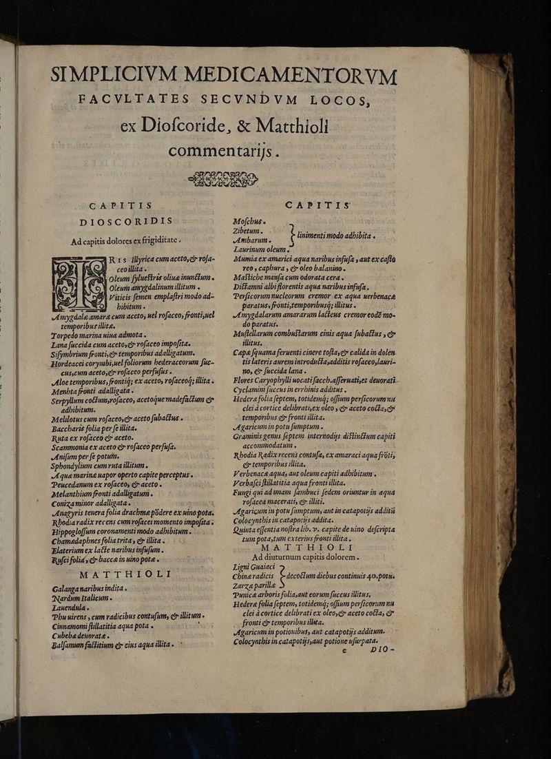 PEEL oL Lb]Aoe- dt mn CAPITIS DIOSCORIDIS Ad capitis dolores ex frigiditate . : ARTs illyrica cum aceto,&amp; rofa- Pi b ceo illita . PA oleum fyluestris oliug inunttum . | Oleum amygdalinum illitum . 81 Viticis femen emplaftri modo ad- [16 —2-5 9) bibitum. Amygdale amara cum aceto, uel rofaceo; fronti,uel temporibus illit. Torpedo marina uiua admota . Lana fuccida cum acetos ofaceo impofita. Sifymbrium frontier temporibus adalligatum. Hordeacei corymbi,uel foliorum bederaceorut fuc- cus,cum aceto, rofaceo perfufus . Aloe temporibus; frontiá; ex acetos rofaceod; illita . Menbta fronti adalligata . Serpyllum co&amp;iunyro[aceo, acetoquemadefattum e adbibitum. Melilotus cum vofaceosci aceto fabatfus o Baccbaris folia per fe illita. Ruta ex vofaceo ctr aceto. Scammonia ex aceto čr rofaceo perfufa. Anifum per fe potum. Sphondylium cum vuta ilitum . «Aque marina napor operto capite perceptus . Peucedanum ex rofaceos et aceto « Melantbium fronti adalligatum . Coniza minor adalligata.. Anagyris tenera folia drachme podere ex uino pota. Rbodiaradix recens cum vofacew momento impofita . dippoglo[um coronamenti modo adhibitum. Cbamadapbnes folia trita y etr illita . Elaterium ex latfe naribus infufum . Wuci folia's cr bacca in uino pote. MATTHIOLI Galanga naribus indita . Nardum Italicum . Lauendula . Phu virens , cum radicibus contu[umy ctr illitum » Cinnamoni flillatitia aqua pota . ; Cubeba deuorata . Bal(amum fattitium gz cius aqua illita . v CAPITIS Mo[cbus . A pied ` linimenti modo adhibita . Lauvinum oleum . Mumia ex amarici aqua naribus infufa s aut ex cafto reo , capbura , e? oleo balanino. Maslicbe manfa cum odorata cera . Ditfamni albi florentis aqua naribus infufa, Terficorim nucleorum cremor ex aqua uerbenace paratus, frontistemporibusa; illitus . Amygdalarum amararum latfeus cremor eodë mo- do paratus. Muflellarum combustarum cinis aqua fubat£us , etr illitus. tis lateris aurem introductayadditis rofaceo,lauri- no, €? fuccida lana . Cyclamini fuccus in errbinis additus . Hedera folia feptem, totidemq; ofium pevficorum nu clei à cortice delibratiex oleo y e?» aceto coasgr temporibus ei fronti illita. Agaricum in potu [umptum . Graminis genus feptem. internodys dislintium capiti accommodatum . Rbodia Radix recens contnfa, ex amaraci aqua frotis e temporibus illita. Verbenace aqua; aut oleum ca piti adbibitum . Verbafci flillatitia aqua fronti illita. Fungi qui ad maim [ambuci fedem oriuntur in aqua rofacea macevati, ei illiti. Agaricum in potu [umptum; aut in catapotijs additi Colocyntbis in catapottjs addita. Quinta e[fentia noflra lib. v. capite de uino- defcripta tum potastum exterius fronti illita . MAT THIEIOLI Ad diuturnum capitis dolorem. Ligni Guaiaci Chine radicis Cuna um diebus continuis 40.potti. Zarze parille Punice arboris folia,aut eorum fuccus illitus, Hedere folia feptem, totidem; ofium per[icorum nu clei à cortice delibrati ex oleo,gr aceto cola; e fronti e temporibus illita. Agaricum in potionibus, aut catapotijs additum. Colocyntbis in catapotijsyaut potione ufurpata. , e DIQ-