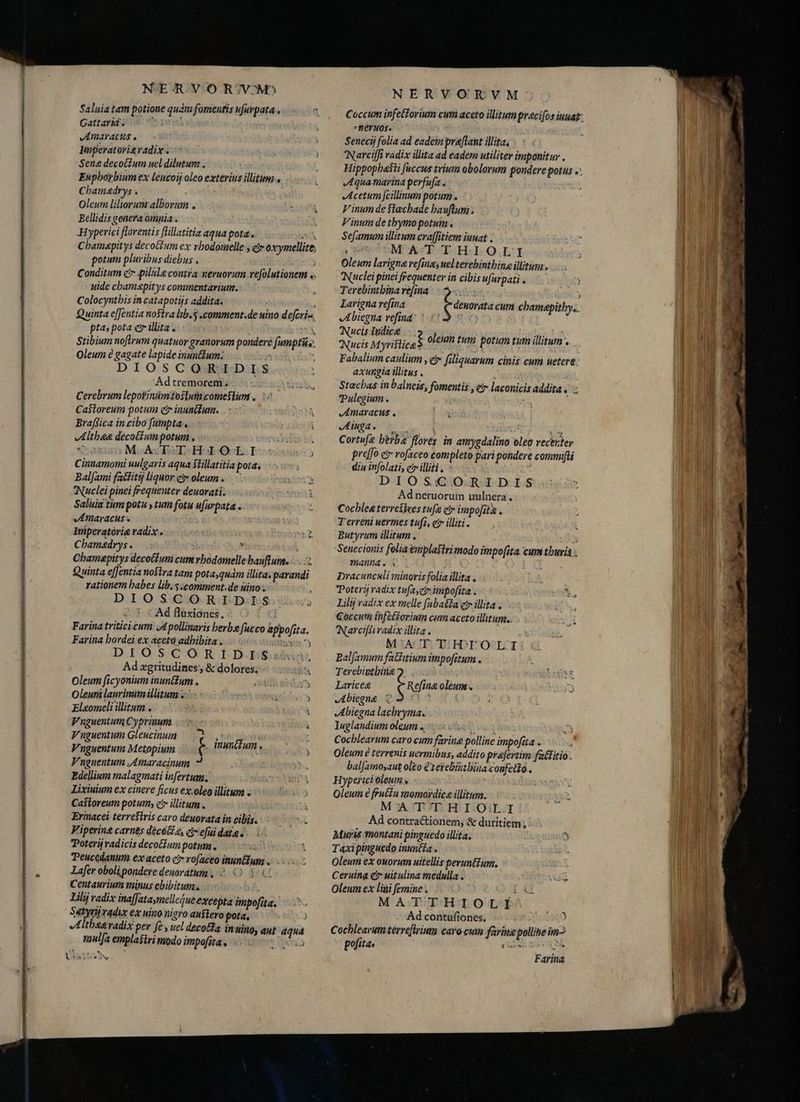 * Fee E unm, A E s — n NERVO RIVM) Saluia tam potione quam fomentis ufurpata» Gattarid An 075v vAmaracis o Sene decottum uel dilatum . Eupborbium ex leucoij oleo exterius illitum « Cbamadrys . Oleum liliorum alborum . Ecllidis genera omnia. Hyperici floventis flillatitia aqua pota. b Cbamapitys decottum ex vbodomelle , e oxymellite, potum pluribus diebus . idt Conditum čr pilule contra neruorum ve[olutionem s uide chamapitys commentarium. Colocyntbis in catapotijs addita. | Quinta e[Jentia nostra lib.$ .comment.de uino dejcri-., pta» pota er illita» - jue 1 Stibium noftrum quatuor granorum pondere fumptáe, Oleum è gagate lapideinuntlum; T, DIOSCOQORIDIS Adtremorem. Cerebrum lepotinimtoslumcomesium .. ^ Casloreum potum čr inanilum. |. - T SERT Braffica in cibo fumpta. i Altheg decoctum potum. SIRNAS Tarw MicMbLb Eb Oc Ts) Cinnamomi uulgaris aqua Stillatitia pota, Bal/ami factitij liquor er oleum ~ Nuclei pinei frequenter deuorati. Saluia tum potu , tum fotu ufurpata . vATIAYACHS ct Imperatorie radix. ut Cham&amp;drys. —.. y , | Chamapitys decottum cum rbodomellebauftum. 2 Quinta effentia nostra tam potayquam illita. parandi rationem babes lib. s .comment.de iino: D IO SQO RI DIS iiis ` * < Ad fluxiones. l Farina tritici cum Apollinaris herbe fucco &amp;ppofita. Farina hordei ex aceto adhibita. nsis DIOSCOR ItTD.h$su Ad zgritudines; &amp; dolores. Oleum ficyonium inunttum . TT ule! Oleum lanrinumillitum «0 0 ey El«omeli illitum . I Fnuguentum Cypriuum. i: 1 Vnguentum Gleucinum > Vuguentum Metopium ` é . munitum, Vnguentum Amaracinum 7 f Edellium malagmati infertum. stu Lixiuium ex cinere ficus ex.oleo illitum « i5 Casloreum potum, ci» illitum . À Erinacei terreštris caro deuorata in cibis... V'iperine carnes décóGLe, e efuldata s. | Poterij radicis decotium potum. xi 1 Peucedanum ex aceto c vofaceo inuntlum .. 2 Lafer oboli pondere deuoratum , è O 10 Centaurium minus ebibitums Lilij radix inaffataymelleueexcepta impofita. l Satyri] radix ex uino nigro austero pota. ) Altheeradix per fe , uel decola inuino, aut aqua mulfa emplasiri modo impofita, 0. o A cM PUN, NERVORVM feYHos.. Senecij folia ad eadem preftant illita. NarcifJi radix illita ad eadem utiliter imponitur . Hippophasti fuccus trium obolorum pondere potus », Aquamarina perfufa . Acetum feilinum potum . Vinum de Stæchade bauftrum . Vinum de thymo potum Sefamum ilitum craffitiem iuuat . (m MATTHIOLI Oleum larigna refine, uel terebintbina illitum. Nuclei pinei frequenter in cibis ufurpati . Terebintbina re[ina -5 Larigna refina Abiegna vefina:: ucis Indica . lai Asa Myriticel oleum tum potum tum illitum s.. Fabalium caulium , ei filiquarum cinis cum netere: axungia illitus . : Stæchas in balneis, fomentis , ci laconicis addita; : Pulegium . | v Amavacus . vA iuga . ES do Cortufe berba flores in amygdalino oleo vecerter prelo er rofaceo complete pari pondere commifti din infolati, ci illiti. - DIOSCORIDIS Adneruorum uulnera, Cocbleaterreshves tufe e impofita . Terreni uermes tuft, e illiti. Butyrum illitum . 3 Senecionis folia emplastri modo impofita cum thuris: manna. Vo. | d Dracunculi minoris folia illita , Potery radix tufa,cir impofita. REG Lilij radix ex melle fubaéta t illita . Coccum infitlorintn cum aceto illitum.. Narcifti vadix illita . M 1A Ti TII OLI Bal famum fatitiumimpofitum . Terebiothiùg J. LIA OE Lariceg $ refine oleum. TAY Jbiegne Q2 707 A i e 0 | Abiegna lacbryma. luglandium oleum a“ D rud Cocblearum caro cum farina polline impofita . Oleum è terrenis uermibus, addito prafertim fatlitio . balfamosaut ol£o &amp;teiebitbina confeto. Hyperici oleum « ~ = ! Oleum e fructu momordice illitum. MAT'THIO:L'I Ad contractionem; &amp; duritiem, Muris montani pinguedo illita. 2 Cinna cum chamepitby.. Taxi pinguedo inun&amp;a . Oleum ex ouorum uitellis peruntiusm., Ceruina e uitulina medulla . Gn Oleum ex lini femine . DG MATTHIOLI Ad contufiones. Ke PAE Le Cochlearum terrefirium caro-cum farine pollineim> pofita. sia SUN Farina
