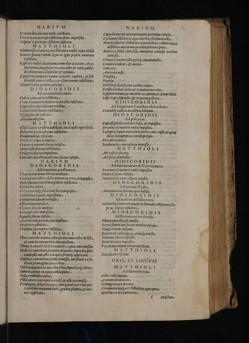 Mah rn E Flos eris conditus per fistulam flatu impulfus . Sulphur raptim per fiflulam fuffitum. MA T LH LOLI Oleum refine laricesyaut flillatitia einfdë aqua infufa Fraxini [puina è uiridi ligno in igne pofito emanans inflillata. Rapbani radicis fuccus una cum oleo dulcium , et a+ mararum amygdalarumsuino albo čr colocyntbi- dis momento calefat£us ex infufus. E cepa excauata cr cumini puluere repleta , e fub feruenti cinere cocfayexpre[[us cremor inflillatus; Oleum è colocyntbideinfufum . DIOSCORIDIS Ad uermiculofas aures. Cedria cum aceto inslillata. V rina bumana in malicorio deco&fa inflillata > Capparis radicis fuccus inielfus, Calamintha fuccus iaslillatus . Pfyllij faccus inditus . Acetum mfafum. M A T T.Hib OLI Olen à laricea refina deftillatit; aut eiufde aqua Yfufa. Foliorum perfici fuccus infüllatus. Ficulieum lac infufum. Terficavia [accus inditus . Centaurig vaitioris [accus infufas. Mentbaftri faccus instilatus. Trifaginis fuccus impo[itus . Cannabis decoGiumsaut éius faccus infufus o NARIVM DIOSCORIDIS , Ad fanguinis profluuium, T bus in puluerem tritum iniettum . Cochleg terreftres cii fuo putamine trita,et impo[itz. Torri faccus cum thuris polline inflillatus. Ruta tritaindita . Vrticautriufqs folixcum fuccoimpofita . Cuminum ex aceto impofitum . Fernie medulla intro mifa. Lifimachiaimpofita. Clymeni fuccus inditas. ^. Galyopfis flos impofitus, Equifeti fuccus infafus « Acetum tum potumytum inie&um., Stratiotes adhibita . Cbaleitis fucco porri inflillata . MATILHIOLI Thus cum tela araneg, oleo ei» oui unius albo msti, e cum licinio naribus introductum . Panus in annofis laricii caudicib. ve ptus intromifTus Maftiche cum thure fanguine draconis, leporinis pilis veombuftis oui albo excepta, frontig; applicata. Capbura cum urtica femine immiffa, ant fronti ex fe- disaut plantaginis fucco illita . Sadaracapuluis ex oui albo fróti, teporibusd; illius. Suberis cortex ex aqua calida potus . Galle combusie indita . Pilie entre uiui leporis euulfi civ usti intromi[fi - Plantaginis flillatitia aqua cum equali acerrimi ace ti portione manuum nolis , pedum plantis ioci- nori applicata . NARIVM Cyclamini $lllatitia aqua naribus Jurfum trata. Menthe floretis Stillatitia aqua balneo calentis aque deflillata unciarum quatuor pondere pota . Betonic& folia cum falis momento contufa navibus immi[fa . Clematis recens collo gulag; circumduéta . Confolida minor , c media . Sanicula . Auricula uri. TPilofella . Pyrola. Millefolij ficci farina naribus indita . Exufta fambuci folia e in puluerem trita . Gypfum tritumyc oui albo exceptumse fronti illitis, lafpis lapis [afpenfus,e? in manu geflatus . DIOSCORIDIS Ad fanguinem è naribus eliciendum . Crocodilij radicis deco(lum bibitum . DIOSCORIDIS Ad polypum. Cupreffi pilule cum fico tufe, e impofita. Dracunculi maioris radix impofita. . Laferpitij liquor cum cbalcantbo y aut vafili erugine illitus forcipe prius excifo polypo. Flos gris inditus. Sandaracba cum vo[aceo immi[fa . MATTHIOLI Ari radicis fuccus. Ari folia combufla. DIOSCORIDIS Ad narium ulcera & Carcinomata. Dracunculi maioris radix impofita. Hedera fuccus infufus . Sandaracba cum rofaceo inietfa. DIOSCORIDIS Ad narium Tzdia. Aurantiorum florum aqua mfu[a. DIOSCORIDIS Ad narium deftillationes. Melantbij femen tritumyer in linteolo colligatum [a-. pe ac fapius olfatium . y DIOSCORIDIS Ad fternutamenta cienda. Fibrorum testiculi inieffi. Ocymi femenyaut fuccus naribus infufus. Sinapi tritum inditum . Ranunculi radix ficca y tritad iniefta, Ptarmice flores olfatdi . Strutbu radix impofita. V cratrum album tritum inie£um, M ASIT DCH IONI eta fuccus infufus. ORIS, ET LINGVAE MA TTHITOEI Ad factorem oris. Iridis radix manfa. Acorum denuoratum . Galanga in ore detenta. Cinnamomi uulgaris Slillatitia agua pota. Mofchus in ore contentus , f Mofchar-