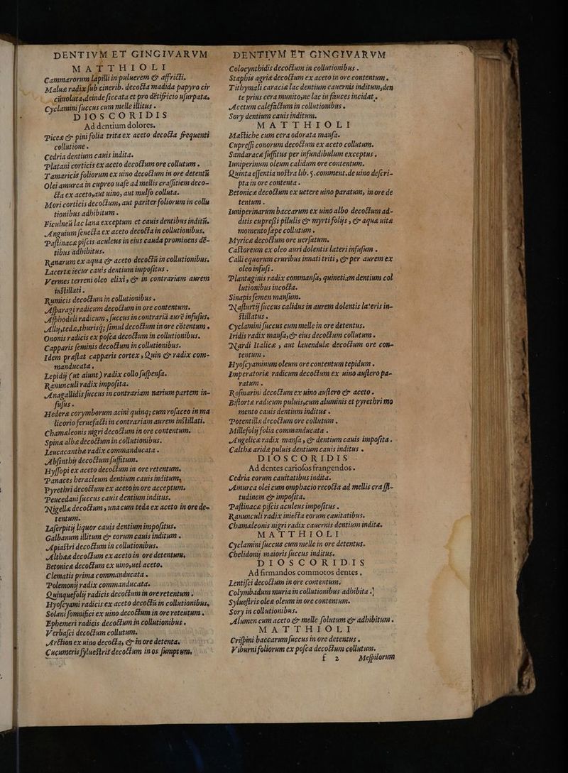 ——— € DENTIVM ET GINGIVARVM MOMESDILIO.T Cammarorum lapilli in puluerem c? affridti. Malua vadix [ub cinerib. decoĉta madida papyro cir cüttoluta deinde ficcata et pro detifricio ufurpata, Cyclamini fuccus cum melle illitus . DIOS CORIDIS Ad dentium dolores. Picee c? pini folia trita ex aceto decola frequenti collutione. Cedria dentium canis indita. platani corticis ex aceto decotfum ore collutum . T amaricis foliorum ex uino decotlum in ore detenti Olei amurca in cupreo uafe ad mellis craffitiem deco- Ea ex acetosaut uino, aut mulfo colluta. Mori corticis decoftum, aut pariter foliorum in collu tionibus adhibitum . Ficulneu lac lana exceptum et cauis dentibus inditii. JAnguium fenetta ex aceto decotfa in collutionibus. Paftinace pifcis aculeus in eius cauda prominens dë- tibus adbibitus. Ranarum ex aqua čr aceto decon in collutionibus. Lacert&amp; iecur cauis dentium impofitus . inftillati . Rumicis decothum in collutionibus . Afparagi radicum decoctum in ore contentum. Afphodeli radicum , fuccus in contraria aure infufus. A lljstede,tburisd; fimul decot£um in ore cotentum . Ononis radicis ex pofca decotfum in collutionibus. Capparis feminis deco&amp;tum in collutionibus. Idem praftat capparis cortex , Quin c7 radix com- manducata , Lepidij (ut aiunt) radix collo fufbenfa. Ranunculi radix impofita. Anagallidis fuccus in contrariam narium partem in- fufus . Hedera corymborum acini quinq; cum rofaceo in ma licorio fevuefat£i in contrariam aurem intillati. Chameleonis nigri decotzum in ore contentum. Spina albe decotEum in collutionibus. Leucacantbe radix commanducata . Abfinthy deco&amp;tum fufitum. Hyffopi ex aceto decoctum in ore retentum. Panaces heracleum dentium canis inditum, Pyrethri decottum ex acetoin ore acceptum. Peucedani fuccus canis dentium inditus. Nigella decotium y unacum teda ex aceto in ore de~ tentum. Zaferpitij liquor canis dentium impofitus. Galbanum illitum er eorum cauis inditum . Apiastri decotZum in collutionibus. Althee deco(ium ex acetoin ore detentune, Betonice decoctum ex uinouel aceto. Clematis prima commanducata « Polemonti radix commanducata. Q uinquefolij radicis decoífum in oreretentum . Hyofcyami radicis ex aceto decotfa in collutionibus, Solani fomnifici ex uino decotfum in ore retentum . Epbemeri radicis decoctum in collutionibus . Verba[ci decoctum collutum. Artlion ex uino decoGla; ctr in ore detenta. Cucumeris fyluestris decottum in os fumptum. DENTIVM ET GINGIVARVM Colocyntbidis deco&amp;£um in collationibus . Stapbis agri&amp; deco(Ium ex aceto in ore contentum , T itbymali caracia lac dentium cauernis inditum,den te prius cera munitoyne lac in fauces incidat. Acetum calefatfum in collutionibus . Sory dentium cauis inditum. MATTHIORI Ma$licbe cum cera odorata manfa. Cupre[fi conorum decoctum ex aceto collutum. Sandarace fuffitus per infundibulum exceptus . Inniperinum oleum calidum ore contentum. Quinta e[Jentia nostra lib. 5 .comment.de uino de[cri- pta in ore contenta . Betonice decoctum ex uetere uino paratum, in ore de tentum . Iuniperinaram baccarum ex uino albo decoctum ad- ditis cupreffi pilulis ér myrti folijs , c aqua uite momento fepe collutum . Myrice decotium ore uer[atum. Casloreunm ex oleo auri dolentis latevi infufum . Calliequorum cruribus innati triti , i per aurem ex oleoinfufi . Plantaginis radix commanfa, quinetiam dentium col lutionibus incotta. Sinapis femen manfum. Naflurtij fuccus calidus in aurem dolentis lateris in- Stillatus . Cyclamini fuccus cum melle in ore detentus. Iridis radix manfa, eius decoêtum collutum . Nardi Italice ; aut lanendule decottum ore con- tentum . Hyofcyaminum oleum ore contentum tepidum . gmperatorie radicum decotium ex uino auftero pa- ratum . Rofmarini decotIum ex uino au[lero etr. aceto . Biflorte radicum puluis,cum aluminis et pyretbri mo mento cauis dentium inditus . Potentille decoctum ore collutum . Millefolij folia commanducata . Angelica radix manfa , cr dentium canis impofita . Caltha aride puluis dentium cauis inditus . DIOSCORIDIS Ad dentes cariofos frangendos » Cedria eorum cauitatibus indita. „Amurca olei cum ompbacio recotfa ad mellis cra fi- tudinem ey impofita. Paftinace pifcis aculeus impofitus . Ranumculi radix inieffa eorum cauitatibus. Cbamaleonis nigri radix canernis dentium indita. MATTHIOLI Cyclamini fuccus cum melle in ore detentus. Cbelidonij maioris fuccus inditus. DIOSCOHNHIDS Ad firmandos commotos dentes , Lentifci decoétum in ore contentum. Colymbadum muria in collutionibus adhibita -' Sylueflris olea oleum in ore contentum. Sory in collutionibus. Alumen cum aceto ei melle folutum et adbibitum . MATTHIOLI Crifpini baccarum [uccus in ore detentus . V iburnifoliorum ex pofca decotkum collutum. fi» Mefpilorum