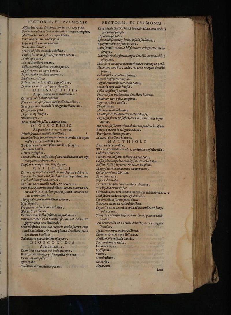 lí i PECTORIS, ET PVLMO NIS A [pbodeli radix drachme pondere ex uino pota . Gentiang radicum fuccus drachma pondere [umptus. Arißolochia rotunda ex aqua bibita . Centaury maioris radix pota . Lafer in forbitionibus datum . Galbanum illitum . Marrubij folia ex melle adbibita . Trifolij bitummofi folia , femenve potum . Aethiopis pota . A cort decoétum potum. Cóflus cum abfinthio , ei uino potus . Agallochum ex aqua potum . Myrrba fabae pondere denorata . Bdellium baustum . Refina terebintbina illita , appofitave. Bryonia ex melleo eclegmate delinéta . DIOSCORIDIS Ad pulmonis inflammationes. Ocimum cum polenta illitum . Vrtice utriufque [emen cum melle delintfum . Tragoriganum ex melle in eclegmate fumptum . Chryfócome pota » Aqua mulfa baufla . Tulmonaria « — i Lentis paluftris flillatitia aqua pota . DIOSCORIDIS Ad purulentas excreationes. Irionis femen cum melle delincfum . Y Bctonic& folia dracbmarum dua*um pondere in aque mulfe cyathis quatuor pota. Perfonate radix cum pineis nucibus fumpta . Aethiopis baufla . Vinum byffopites . Sandaracba ex mulfo data ( boc medicamentum ego nunquam probaueritm . ) Sulphur in ouo potum , uel fufitum . MA TI Ic£E.I.O.L-I Larigna refina,et terebintbina in eclegmate delinida. Tineinuclei melle , aut [accharo exceptiset deuorati. Terebintbina refina deuorata , Pix liquida cum melle mifla , e deuorata . V lmi foliaqua orientem [bettant impari numero: de- cerpta e? cum totidem piperis granis contrita ex uino cretico bausia . ,Amygdala eir earum lacfeus cremor . Nuclei pinei . Tragacantba lacbryma delin&a , Glycyrrhiz& fuccus. Veronica mas in fua ipfius aqua propinata . Botrys decottü diebus pluribus potumyaut. berba ex glycyrrbize decocto baufla . Scabioja farina pota,aut recentis herbe fuccus cum melle delinéfus ; čr totius planta decoclum pluri bus diebus bauflum . Pulmonaria quomodolibet ufurpata . DIOSCORIDIS Ad afthmaticos , Lauri bacca ex melle uel paffo accepte: Ficus ficca cum by[Jupo feruefata e» pote. V vinaimpubis pota .) Ruta epota . Cyclamini alterins femen potum . PECTORIS, ET PVLMONIS eclegmate fumpta . Aqua mulfa pota . Sphbondilij (emensetr berba ipfa in forbitione o Equifeti vadixye folia hausta . Cnici feminis medulla &x' faccharo eclegmatis modo fumpta . Scabtofa,ctr eius [uccusyatque decoct quomodolibet ufurpata . vL brotoni utriufque fementritumet cum aqua pot Hyffopum cum fico , melle , rutague ex aqua. decotti potum . Calaimyntba decotfum potum . Vinum by[fopites bauflum . Tbymi cum melle deco&ium potum. Satureia cum melle baufla . Sefeli ma[filienfe potum . Fidicula fiue trichomanis deco£Lum libitum. Cuminum cum pofta [umptum . Smyrnij radix comefla . Thapfiaillita . Ammoniacum bibitum . Meliffopbylli folia in eclegmate delintta., T uffilago ficcas cr fuffitaadeo ut. fumus in os ingre- diatur. Hippopbefli fuccus trium obolorum pondere bauftus. Botrys pota uel in eclegmate data . Periclymeni femen potum. JA dianti decotium bibitum. MATTHIOLI Iridis radices condite. Phu radix cumdulci radice, e femine anifi decolla . Cubeba deuorata . Cinnamomi uulgaris Stillatitia aqua pota . Caffia folutiua pulpa cum byffopi decoto pota . Balfamı fatiity liquores,e oleum banflum . vLmygdalar um amararum oleum potum . Cnicinum oleum bibitum . Myrrha hausta. Styrax deuorata . Terebentina; [iue larigna refina infumpta . Pix liquida ex melle pota . Erui farina melle excepta ey delintda. Sonchi latteus fuccus potui datus . Torrum cotum ex melle delinttum . Capa elixa;aut cineribus tofla addizo melle, ct buty- ro deuorata » Senapis , aut nafturtij femen in cibo aut potione exhi- bitum. Ari radix cotta c ex melle delintla, aut ex amygda lino oleo . Agaricum in potionibus additum. Gentiana čr eius aqua $lillatitia , Ariholochia rotunda hausta. Centauri) magni radix. Veronica mas « HylJopum . Saluia . Mentbaflrum , Gattaria« vímaracius., Seng