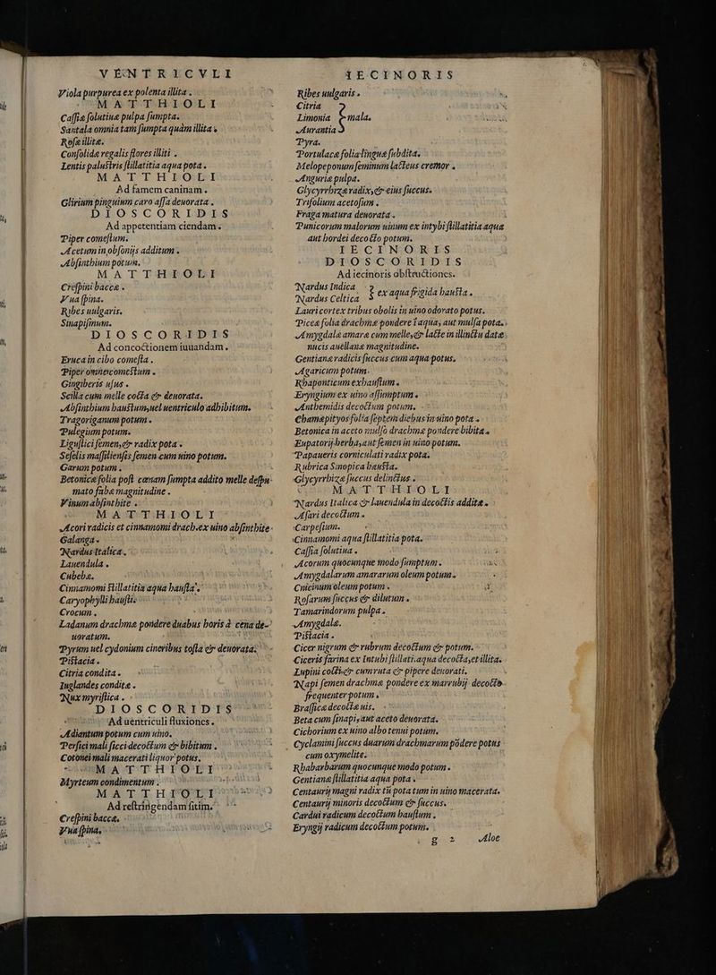 M Wi ih ere (i VÉNTRICVLI Viola purpurea ex polenta illita . Cafie folutiue pulpa fumpta. Santala omnia tam fumpta quàm illita » Rofe illite. Confolida regalis flores illiti . Lentis palustris ftillatitia aqua pota . MATTH EO Ad famem caninam. Glirium pinguiwm cavo affa deuovata . DIOSCORIDIS Ad appetentiam ciendam. Piper comeflum. Acetum in ob[onijs additum. Abfinthium potum. M ATTHTOI Crefpini bacca . J ua (pina. Ribes uulgaris. Sinapifinum. i DIOSCORIDIS Ad concoctionem iuuandam. Eruca in cibo comefta . Piper omüemcomcstum . Gingiberis ufus Scilla cuin melle cotta gr denorata. Abfinthium haustum uel uentriculo adhibitum. Tragoriganum potum . Pulegium potum. Ligu[lici femen;etr radix pota . Sefelis ma[filienfis femen cum nino potum. Garum potum . . Betonica folia poft camam fumpta addito melle defpu: mato fabe magnitudine . Vinum ab[intbite . MATTHIOLI [cori radicis et cinmamomi drach.ex uino abfinthite- Galanga - Nardus italica. Lauendula . Cubeba. Ciniamomi Sillatitia aqua baufla'.' Caryophbylli baufüi- Crocum . : i À Ladanum drachme pondere duabus boris à cena dè- uoratum. À: Pyrum uel cydonium cineribus tofla c deuorata; Pistacia. Citria condita» Iuglandes condita . Nux myriflica . DIOSCORIDIS Ad uentriculi luxiones. Adiantum potum cum uino. Perfici mali ficci decottum ctr bibitum . Cotónei mali macerati liquor potus. CMATTHIOLI Myrteum condimentum . i i MIAT GE: H TOP Ad reftringendam fitim. €re[pini bacca. Vwuafpna, c mpm 1ECINORIS Ribes uulgaris . Limonia Gma Aurantia Pyra. i Portulaca folialingua fubdita. Melopeponum feminum lacteus cremor . tnguria pulpa. Glycyrrbrzavadixye eius faccus. Trifolium acetofum . Fraga matura deuorata . aut hordei decotfo potum. IECINORIS DIOSCORIDIS Ad iecinoris obftructiones. Nardus Indica Nardus Celtica Lauricortex tribus obolis in uino odorato potus. è ex aqua frigida bausia.. Amygdala amara cum melle,& late in illint£u date nucis auellaue magnitudine. Gentiana radicis [accus cum aqua potus, JAgaricim potum. Rhaponticum exbaufium. Eryngium ex uino affumptum. Anthemidis decoctum potum. Chamapityos folia feptem diebus Ta uino pota . Betonica in aceto mulfo drachme pondere bibita a Eupatorijberbasaut femen in nino potum. Papaueris corniculati radix pota. Rubrica Sinopica hausta. 'Glycyrrbize fuccus delint£us . ( MAT THIOLI Nardus Italica cr lauendula in decottis addita. Afari decoctum. :Carpefium. :Cimamomi aqua fillatitia pota. Caffia folutiua . | id ,Acorum quocunque Modo [umptum . Amygdalarum amararum oleum potui. Cnicinum oleum potum . X Rofarum fuccus er dilutum. Tamarindorum pulpa. Pistacia . : Cicer nigrum ctr rubrum decoctum ctr potum. Ciceris farina ex Intubi [lillati.aqua decocta;et illita. Lupini cole cumruta c pipere deuorati. frequenter potum . Braffice decocta uis. Beta cum [inapi,aut aceto deworata. Cicborium ex uino albo tenui potum. cum oxymelite. Rbabarbarum quocunque modo potum . Gentiana [lillatitia aqua pota . Centaurij magni radix tu pota tum in nino macerata. Centauri minoris deco&&um er faccus. Cardui radicum decotzum hauftum, Eryngij radicum decottum potum. go Aloe