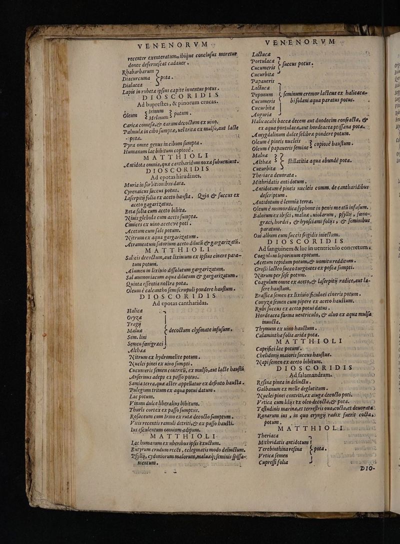 x EN Ne DOT —— E: e VENENORVM © recenter exenteratumo ibique conclufus moretur donec defernefcat cadauer » Rbabarbarum (pe Diacurcuma Dialacca à E T De apis in vubeta ipfius capite imnuentas . v ee E N ARD Ad bupreftes , &amp; pinorum erucas. t Irinum Que à M dini dures Carica come[aset earum decottum ex uino. Palmul&amp; in cibo fumpta, wel trite ex analfo,aut latte pota. : Tra omne genus in cibum fumpta « Humanum lac bibitum copiose . MATTHIOLI jeu Antidota omnia, qu&amp; cantbaridum nox fubueniunt «: DIOSCORIDIS Ad epotas hirudines, Muria in forbitionibus data. ? Cyrenaicus faccus potus. Laferpitij folia ex aceto baufla . Quin er fuccus ex aceto gagarizatus. ^j Beta folia cum aceto bibita. Ninis glebula cum aceto fumpta. Cimices ex uino acetove poti . Acetum cum fale potum. 'Nitrum ex aqua gargarizatum . ; Atramentum fatorium aceto dilut c gargarizatit. MATTHIOLI j Salicis decotum,aut lixinium ex ipfius cinere para- tum potum. Alumen in lixiuio diffolutum gargarizatum. Sal ammoniacum aqua dilutum etr gargarizatum e: : Quinta e[Jeutia nostra pota. Oleum è calcantbo femfcrupuli pondere bauftum « DIOSCORIDIS Ad epotas cantharidas. Halice 24 Oryze | Tragy Malung decofium clyfmate infufume `; Sem. lini Semen fænigreci | Althæe p Nitrum ex hydromelite potum . Nuclei pinei ex uino fumpti . Cucumeris femen contriti, ex mulfoyaut latte bauflii Anferinus adeps ex pa[[o patus. u MOMR Samia terraque aster appellatur ex defruto hausta . Pulegium tritum ex aqua potui datum « Lac potum. É V inum dulce liberalius bibitum. | Turis cortex ex pa[fo [unptus. Rojaceum cum Irmo ex rute decotto fumptum V itis recentis ramuli detritiyez ex pa[Jo bausli. Ins éfcalentum omninm adipum. v MATT HIO.Lbi- Lac humanum ex uberibus ipfis exu&amp;lum. , mentum e ucl an TUNI TOETER VENENORWM v LaGuc&amp; Portulaca Cucumeris Cucurbite ? Papaueris 3 fuccus potus e Latiuc&amp; | | Teponum £ feminum cremor lateus ex balicacae Cucumeris bifolani aqua paratus potuse - . Cucurbite | Angurige J Š Halicacabi bacc decem aut duodecim confratta, er ex aqua portulaceyaut bordeacea ptiffana pota z JAmygdalinum dulce felibre pondere potum. Oleum è pineis nucleis Oleum € papaueris femine Malus 2 Altheg Cucurbita Theriaca deuorata . Mithridatis antidotum . a .Antidotim 8 pineis nucleis comm. de cantbaridibus defcriptum . JAntidotum e lemnia terra. | Oleum è momordica fyphone in penis meatit infujum. Balneum ex ibifci ,malu&amp; , uiolarum , pfyllij , feno-. graci, bordei, c byofciami folijs e femimbus. parat He. i £ copiose bauflum - s Stillatitia aqua abundé pota. Oni album cum fuccis frigidis iniezum. i DIOSCORIDIS ] Ad (anguinem &amp; lac inuentriculo concretum s, Coag lim leporinum epotum. Acetum tepidum potum,&amp; uomituvedditum . Croft lateo fucco turgentes ex pofta fumpti L Nitrum per fefe potum. Coagulum omne ex acetosct laferpitij radice,aut la- fere bauflum. Pra[fica femen ex lixiuio ficulnei cineris potum . Conyza femen cum pipere ex aceto haustum. Rubi fuccus ex aceto potui datus . Hordeacea farina nentriculo, c aluo ex aqua mulfa. inuntia. ARS Tbymum ex uino haustum . Calamintha folia arida pota. MATTHUIOLI Caprifici lac potum . Cbelidonjj maioris fuccus bauflus. Napi femen ex aceto bibitum. DIOSCORIDIS 3» 00v? AÀdfalamandram. | O Refina pinea in delinétu . ; Galbanum ex melle deglutitum . ) Nuclei pinei contriti,ex ainge decotTo poti. Vrtica cum lilijs ex oleodecotfa,ci pota. | T diudinis marine,et terreftris ouascotlaset deuorata.- Ranarum ius » in quo eryngij radix fuerit: coblas) potum. , i MATTHIO Lili wa Tberiaca x | $i Mitbridatis antidotum 1 £3 :1.018391 T erebinthinave[ina $ pota. ste a V rtica femen Hynod Cupreffi folia PO t emu «uM quA Wu - we L. 'LE a m m ERE ETE auum