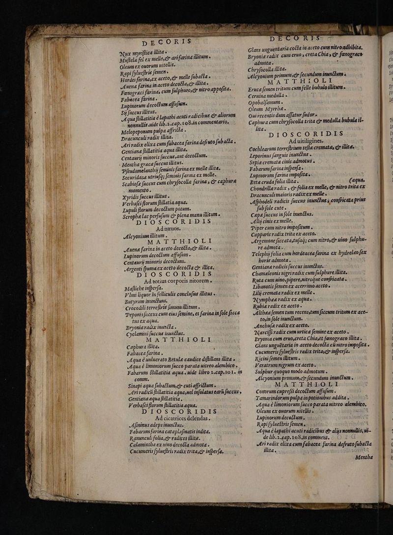 DECOR Nux myriflcailitas = 5s. Muflela fel ex melle, art farina illitum Olenm ex ouorum ui tellis. Rapi fylueftris femen» Hordei farinaex aceto, &amp; melle fabatia e JALuena farina in aceto deco&amp;iasci illita. Fenograci farina cum fulphuresčr nitro appofita. Fabacea farina . Lupinorum decotium afufum. Sü fuccus illitus. Carana, ' Aqua fiillatitia è lapathi acuti radicibus c» aliorum nonnullis uide lib. cap. 108.in commentario. Melopeponum pulpa affritta . Dracunculi radix illita. | Ari vadix elixa cum fabacea farina defruto fubatia . Gentiana flillatitia aqua illita. Centaurij minoris fuccus,aut decoftum, Menthe grace fuccus illitu Se E Pfeudomelantbij feminis farina ex melle illita. Securidac&amp; utriu(q; feminis farina ex melle. Scabiofe fuccus cum chryfocolle farina » &amp; capbura momento . Xyridis fuccus illitus . Verbafci florum flillatia aqua. Lupuli florum decotfum potum. Scropbe lac perfufum cr plena manu illitum DIOSCORIDIS Ad nxuos. Alcyonium illitum . MATTHIOLI uena farina in aceto decotzas cy illita . Lupinorum decotzumn a ffufum . Centauri minoris decothum. „Argenti (puma ex aceto decotLa cj» illita. DIOSCORIDIS Ad totius corporis nitorem e Mafliche infperfa. V lmi liquor in folliculis conclnfus illitus «. Butyrum inuntium. Crocodili terrefiris imum illitum . Teponis fuccus cum eius femine, et farina in fole ficca tus ex agua. ; Bryonie radix inunéta . Cyclamini fuccus inuntius. MATTHIOLI Capbura illita. Fabacea farina . Aqua è uulnerato Betule caudice diftillans illita o Aqua è limoniorum fucco parata uitreo alembico » , Fabarum Stillatitia aqua . mide libro 2.cap.1o1. in comm. Sinapi aqua fubatiumyetr cuti affritium . Ari radicū flillatitia aquayuel infolatus earn fuccus» Gentiana aqua [lillatitia V erbafci florum [lillatitia aqua. DIOSCORIDIS Ad cicatrices delendas. A fininus adeps inunifus. Fabarum farina cataplafmatis indita. Ranunculi folia,e radices illita. . Calamintha ex uino decola admota . Cucumeris (ylneftris radix tritayct in[per[a. were SS Mer Lasse PR AED IS PrTpEE 7 X O REF Glans ungnentaria coĉa in aceto cum nitro adbibita. Bryonie radix cum eruo » creta Chia , c fanograco admota. Cbryfocolla illita. ij Alcyonium primum d fecundum inunétum > MA TTO Eruca femen tritum cum felle bubulo illitum s Ceruina medulla - T Opobal[amum . Oleum Myrrha. Oui recentis dum affatur fudor « Capbura cum chryfocolla trita c medulla bubula il- lita. | | DIOSCORIDIS Ad uitiligines. Cochlearum terveftrium tefte cremata, cr illita. : Leporinus [anguis inunttus . Sepie cremata cinis admotus . Fabarum farina infperfa . Lupmorum farina impofita o | Bete cruda folia illita . (aqua. Cbondrille radix c? folia ex melle, etr nitro trita ex Dracunculimaioris radix ex melle . Afphodeli radicis fuccus inuntius á confricata prius fub fole cute . Capa fuccus in fole inuntius. Ally cinis ex melle. Piper cum nitro impofitum . Capparis radix trita ex aceto. 8 „Argemone ficcataytu[ad; cum nitroy C uino fulphu- re admota.: >: e Telephij folia cum bordeacea farina ex bydrelao fex boris admota . .. ` Gentiang radicis fuccus inunttus. Cbamaleonis nigri radix cum fulpbure.illita. Ruta cum uino,pipere,nitroque confricata « Libanotis femen ex acerrimo aceto e Lilij cremata radix ex melle . Nymphea radix ex aqua. Rubia radix ex aceto. Althea femen tum vecens,tum ficcum tritum ex ace- tosin fole inuncium. Anchufe radix ex aceto. Narci[fi radix cum urtica femine ex aceto . Bryonia cum eruo,creta Cbiaset fenograco illita , Glans unguétaria in aceto decotía cá nitro impofita . Cucumeris fylueflris radix tritaycir infper[a. Ricini femen illitum . Veratrumnigrum ex aceto . Sulpbur quoquo modo admotum . Alcyonium primum, gr fecundum inumtint » MATTH ILOLI Cororum cuprefsi decoctum affufum . Tamarindorum pulpa in potionibus addita . Aqua è limoniorum fucco parata nitreo-alembico. Oleum ex onorum uitellis a -`> mm Lupinorum deco(ium , ST Rapi fyluestris Jemen EE Aqua e lapatbi acuti radicibus &amp; alijs nonnullis, si- de lib.2..gap.108.in comment. i Er elixa cum fabacea farina defruto fubatta Wuta. a AEN