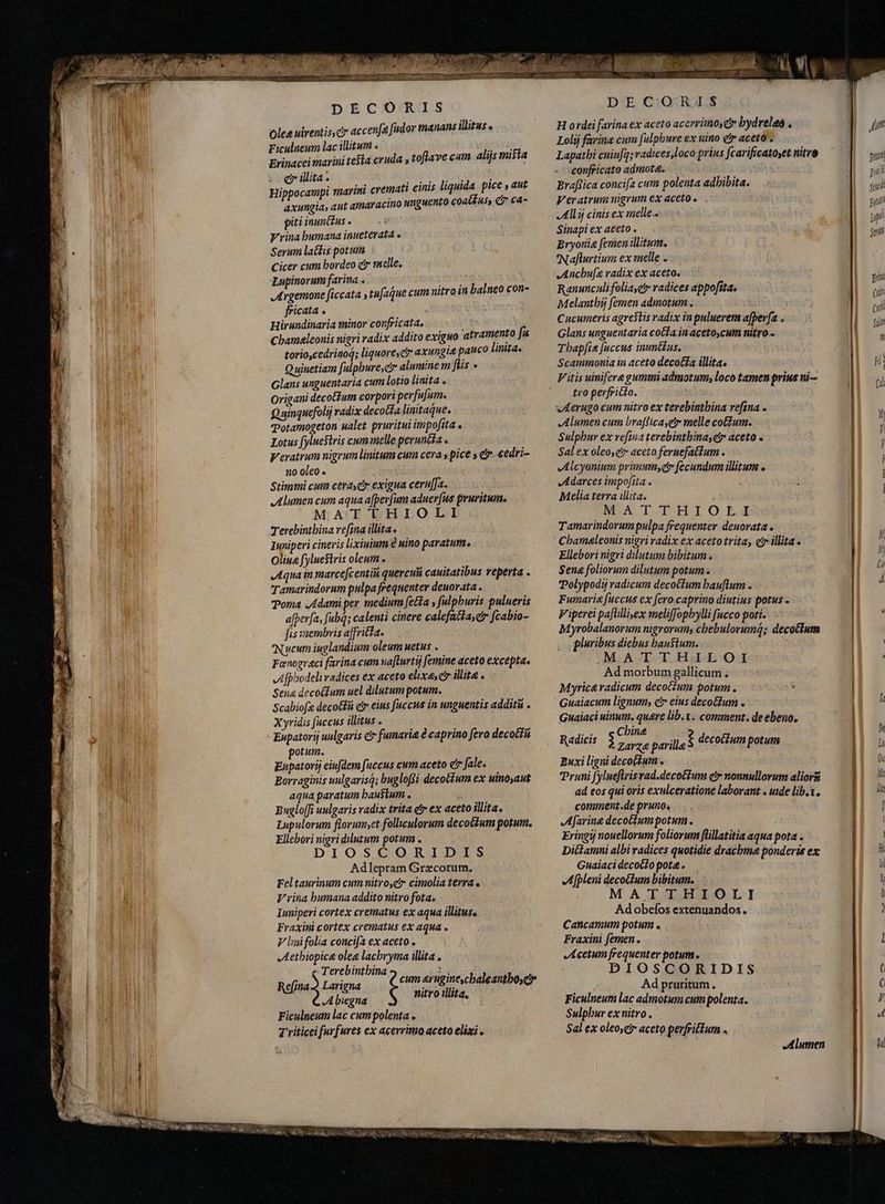 Olea uiventis,c accenfa fudor manans illius a Ficulneum lac illitum ș Erinacei marini testa cruda » c illita. Cunt sje ales Hippocampi marini cremati cis liquida pice , aut axungia, aut amaracino unguento coatiuss C ca- piti inunétus . y rina bumana inueterata e Serum lathis potum Cicer cum hordeo čr melle, Lupinorum farina. imt Argemone ficcata tu[aque cum nitro 1n balneo con- fficata e | Hirundinaria minor confricata. Chamaleonis nigri radix addito exiguo atramento fu torio,cedrinoģ; liquore, c axungia pauco linita. Quinetiam fulpbure,e alumine mflis « Glans unguentaria cum lotio linita . Origani decotfum corpori perfufum. Quinquefolij radix decocta linitaque, Potamogeton ualet pruvitui impofita « Lotus fyluestris cum melle peruntta . Veratrum nigrum linitum cum ceras pice s e. eedri- no oleo « Stimmi cum ceras exigua ceru[Ja. Alumen cum aqua afperfum aduerfus pruvitum. MATTHIOLI Terebintbina refina illita. Inniperi cineris lixiuium è uino paratum. Olina fyluestris oleum. Aqua in marce[centii querculi cauitatibus reperta . Tamarindorum pulpa frequenter deuovata . Toma Adamiper medium fetta , fulpburis pulueris afperfa, fabq; calenti cinere calefattascr fcabio- fis membris affritfa. Nucum iuglandium oleum uetus . Fænograci farina cum nafturtij femine aceto excepta. A fpbodeli radices ex aceto elixescr illita . Sena deco(fum uel dilutum potum. Scabiof&amp; deco&amp;tii ct eius fuccus in unguentis additi . Xyridis fuccus illitus . Eupatorij uulgaris e fumarie è caprino fero decotfiá potum. Enpatorij eiufdem fuccus cum aceto c fale. Borraginis uulgarisq; bugloßi decotium ex uinosaut aqua paratum baustum , Bugloffi uulgaris radix trita e ex aceto illita. Lupulorum florumset folliculorum decotium potum. Ellebori nigri dilutum potum . DIOSCORIDIS Adlepram Grecorum. Feltaurinum cum nitro, cimolia terra. V rina bumana addito nitro fota» Iuniperi cortex crematus ex aqua illitus, Fraxini cortex crematus ex aqua . V lnifolia concifa ex aceto . „Aethiopice olea lacbryma illita , toflave cam alijs mista Terebintbina Em Refina Larigna cum aruginescbaleantboyc A biegna nitro illita, Ficulneum lac cum polenta . T iticei furfures ex acerrimo aceto elixi . IT NEU DECORIS H ordei farina ex aceto acerritnoy co bydreles . Loli farina cum [ulphure ex uino efr aceto. Lapatbi cuiu[q; radices,loco prius fcarificatoyet nitre -confricato adinot&amp;. Braffica concifa cum polenta adhibita. Veratrum mgrum ex aceto . All ij cinis ex melle.. Sinapi ex aceto . Bryonie femen illitum. Naflurtium ex melle . Anchufe radix ex aceto. Ranunculifoliaye* radices appoftta, Melantbij femen admotum . Cucumeris agrestis radix in puluerem a[ber[a . Glans unguentaria cota. inacetoscum nitro- Thapfie fuccus inunétus. Scammonia in aceto decoéta illita. Vitis uinifere gummi admotum, loco tamen prius ni tro perfricto. Alumen cum brafdica,etr melle cotum. Sulphur ex refina terebintbina, e; aceto . Sal ex oleoetr aceto feruefattum . Alcyonium primum, fecundum illitum o Adarces impofita . Melia terra illita. MA T-T HITO EJ Tamarindorum pulpa frequenter deuorata . Cbamaleonis nigri radix ex aceto trita, ctr illita. Ellebori nigri dilutum bibitum . Sena foliorum dilutum potum. Polypodij radicum decottum bauflum . Fumaria fuccus ex [evo caprino diutius potus - Viperei paflilliex meliffopbylli fucco poti. Myrobalanorum nigrorums chebulorumá; decotium , oo pluribus diebus haustum. | MATTHILOI Ad morbum gallicum . Myrica radicum decotzum potum. jT Guaiacum lignum; etr eius decoctum . Guaiaci uinum. quare lib.x.. comment. de ebeno. .. sCbine Hadr i sorae parilla $ decottum potum Buxi ligni decoftum . Pruni fylueftris rad.deco&amp;ium er nonnullorum aliori ad eos qui oris exulceratione laborant . mde lib.t. comment.de pruno: Afarine decottumpotum . Eringij nouellorura foliorum flillatitia aqua pota . Dittamni albi radices quotidie drachme ponderis ex Guaiaci decocto pota. [pleni decoctum bibitum. MATTHIOLI Ad obeíos extenuandos . Cancamum potum . . Fraxini femen . Acetum frequenter potum. DIOSCORIDIS Ad pruritum., Ficulneum lac admotum cum polenta. Sulphur ex nitro. Sal ex oleo, aceto perfrittum . E I Mi. M DU NS diim Lr cn ———————Á putt pi gul pod ppl jen prim (uit (i $i m ni