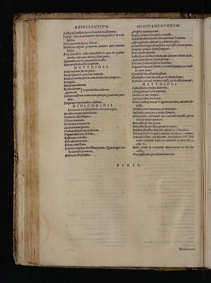 VACUUM APER A z S EN EED MA B A Trifolij radix deacbinarum duarum pondere in uino bibita. Thymelaea uigmti granorum pondere pars interna duobus uiniaqua marina dilutispota . $quamma aris ex aqua mul(a hausta. Tridis radicum fuccus potus . perfici flores in acetarijs deuorati. praftice marina fuccus cum rbabarbaro [umptus , Frangula. Rbabarbarum j JAgaricum Stibium noftrum deuoratum quinque granorum pon- Turpetum in potionibus additum. Adaluum emolliendam; citandamque s Cerafiaveceutia manducata, Pruna in cibis fumpta » Siliqua deuorat&amp;. Lac ficulneum potum. Chamarum pifcium ius potum. Vnguis odoratus ebibitus. Raphanus comefius . Beta alba deuorata « Rumicis cuiu(que decotium potum . Quin et ipfa her- ba decocía deuorata , Malua in cibo fumpta. n potionibus additum . MEDICAMENTORVM: Braffica leniter feruefatta come[la . Lentis decorticata deco&amp;lum primum bauflum. Afparagorum cauliculi in cibum accepti . Cucurbita integra feruefatd e expreffus fuccus potus. Gingiber quoquo modo [umptum . Scille ficca cochlear unum,aut alterum ieiunis datu Helxines foliorum fuccus haustus . fa aqua pota. ` Cynoglofi decoĉtum bauftum. Chamefices rami decocfi,e in cibum fumpti. Bryonie cauliculi recentes coti, cz in cib deuorati x Cafiia folutiue pulpa deuorata . Amygdalinum oleum potum, Manna ex iure [fumpta . Pruna Dama[cenayc Vngarica ex iure, aut nino de- Sebeflena iure macerata,ctr deuorata . Iuglandes cum garo a ieiunis fumpta. Malua folia , uel teneri eius cauliculi deco&amp;ti , c ex -« oleo ei» aceto deuorati. Eiufdem:decoĉta radix fale afperfa cr [4bpofita . Hieracij fuccus ex pofca duorum obolorum pondere . Sena decotum , uel dilutum , aut einfdem uint . Pa- randi rationem babes in comment. proprio lib. 3. Bellis recens in catapotijs deuorata nél ex iure de~ cotta. anae . Vuspal[Je ante prandium deuorata. H Menfurarum