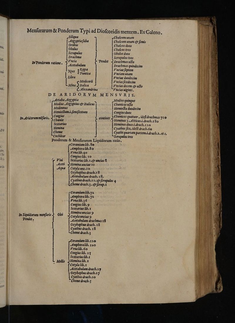 NU di, nj. orah, nodes e Menfurarum & Ponderum Typi ad Diofcoridis mentem. Ex Galeno. cSiliqua ^ cCbalcum unum | Aegyptia faba | | hoic. unum e fernis Orobus Cbalcos duos Obolus | | Cbalcos tres i Serupulus | Obolos duos 1 Drachma 1 ; Scrupulos tres : Vncia Pendet 2 Dracbmas ocfo In Ponderum ratione, ) Acetabulum | | Drachmas quindecim egia Fncias feptem Nay EUR, | Fnciam vi Libra Fnciae duodecim Medicorii | Fncias fexdecim C Mina 3 Italica 3 | Zncias decem ei» ofo Alexandrina Vncias uiginti , DE ARIDORVM MENSVRIS. | Artaba Aegyptia HUS v Medios quinque | MS Aegyptius e Italicus | onim 3 M l Medimnus emiecta duodects Hemiettum.i.femifextum | colga duos 1 : en. YyCongius , €benices quatuor , idefl drachmas 230 In Aridorumme[uris, PS t continet 3 Heminas s, «Atticasi.drach.1 $80 i Sextarius | Heminas duas.i.dracb. 120 Heina Cyatbos fex, idest drach.6o Cbeme | | Cyatbi quartam partem. dracb.s., et s, ` *Cocblear J “Scrupulos tres Ponderum & Menfurarum Liquidorum ratio. e Ceramium lib. 8o E Ampbora lib.8 o Frnalib.40 | Congius lib. 10 (p Vini — | Sextarius lib.x.cy uncias 8 Aceti 4 Hemina uncias 1o Aqua 1 Cotylaunc.10 | Oxybapbus drach.18 | Acetabulum drach: 18. Cyatbus dracb.1 x. čr ferupulos 4 | i v.Cheme drach.3 . e ferup.t | r Ceramium lib.7 | Amphora lib. 72, Frna lib.36 | | Congius lib. 9 | Sextarius lib. 4 ^ Hemina uncias In Liquidorum xir Okei 3c otyla uncias T Pendet, | Acetabulum drachmas 18 | Oxybaphus drach. 18 i Cyathus drach. 18 | &Cheme dracb.s | eCeramium lib.120 | | Amphoralib. 130 Vrnalib. 60 | | Congius lib. 1$ | | Sextarius lib.t € Meli; JHemina lib. 1 J Cotyla lib. 1 Acetabulum drach.29 | Oxybaphus drach.27 Cyathus dracb.20 “Cheme dracb.5