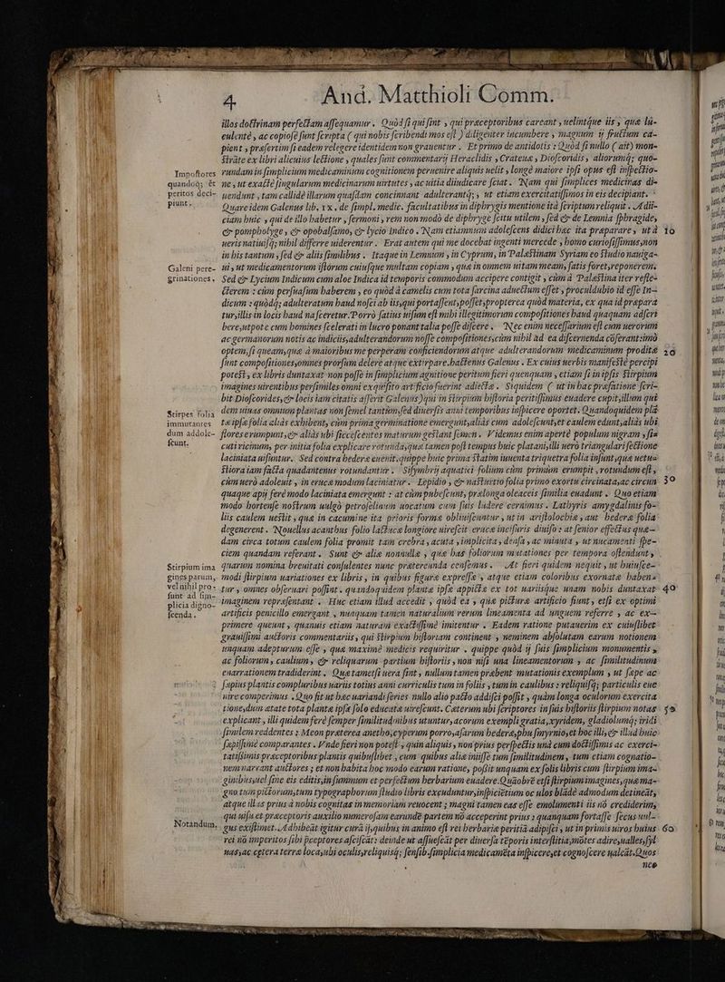 i | Impoftores j quandoà; 6t peritos deci- piunt. Galeni pere- grinationes, Stirpes folia jmmutantes dum addole- fcunt. Stirpium ima gines parum, vel nihil pro - funt ad fim- plicia digno- Ícenda. Notandum. And. Matthioli Comm. illos do&hrinam pevfeGlam affequamur . Quòd fd qui fint , qui praceptoribus caveant , uelintáue iis, qua lú- eulenté , ac copiofe funt fcripta ( qui nobis fcribendi mos eft ) diligenter incumbere » magnum i frutium ca- pient » prafertim fi eadem velegere identidemmon grauentur .. Et primo de antidotis : Quod fi nullo ( ait) mon- Strāte ex libri alicuius le&fione , quales funt commentarij Hevaclidis » Crateua y Diofcoridis, aliorumq; quo- rundam in fimplicium medicaminum cognitionem peruenire aliquis uelit > longe maiore ipfi opus eft in[pettio- ne , ut exalte fingularum medicinarum uirtutes , ac uitia diiudicare fciat. Nam qui fimplices medicinas di- uendumt , tam callide illarum quafdam concinnant adulterantq; ut etiam exercitatifJumos in eis decipiant. Quare idem Galenus lib, v x , de fimpl, medic. facultatibus in dipbrygis mentione ita fcriptum reliquit . Adii- ciam hnic , qui de illo babetur , fermoni , vem non modò de diphryse [citu utilem , fed e de Lemnia fphragide, c pompbolyee , e opobalamo, čr lycio Indico , Nam etiamnum adolefcens didici bac ita preparare, ut à ueris natiui|q; nibil differre uiderentuv .' Erat autem qui me docebat ingenti mercede , bomo curiofiff|jmus non in bis tantum ; fed e aliis fimilibus .. Itaque in Lemuum , in Cyprum, in Pala$linam Syriam eo Studio nauiga- ui, ut medicamentorum iflórum cuiu[que multam copiam , qua in omnem uitam meam, fatis foret,reponerem. Sed ér Lycium Indicum cum aloe Indica id temporis commodum accipere contigit , cii à Palæstina iter refle- ĉlerem : cim perfuafum haberem , eo quód à camelis cum tota farcina aduetdum effet , proculdubio id effe In- dicum s quódqs adulteratum baud nofci ab üs,qui porta[fentspo[Jet propterea quód materia, ex qua idprapara turyillis in locis baud na fceretur -Porró fatius uifum eft mibi illegitimorum compofitiones baud quaquam adferi beveyutpote cum bomines fcelerati in lucro ponant talia poffe difcere «— Nec enim nece[Javium ef cum uerorum ac germanorum notis ac indiciisadulterandormm noffe compofitiones,cim nibil ad ea difcernenda coferant imo optem, fi queam que à maioribus me perperam conficiendorum atque adulterandorum medicaminum prodita [imt compofitionesyomnes prorfum delere atque extirpave.battenus Galenus . Ex cuius uerbis manifeste percipi potest, ex libris duntaxat non poffe in finiplicium agnitione peritum fieri quenquam , etiam fi inipfis Stirpium imagines uirentibus peyfimiles omni exqui[ito artificio fuerint adiete. Siquidem ( utin hac praefatione feri- bit Diofcorides, civ locis iam citatis a[ferit Galenus )qui in Stirpinm biftoria peritiffimus euadere cupityillum qut dem uinas ommum plastas non femel tantum fed diuerfis anni temporibus in[picere oportet. Quandoquidem pla teip[efolia «lids exhibent, ciim prima germinatione emerguntyalids cum adole[cuntyet caulem edunt;alids ubi floreserumpunt er aliàs ubi ficce[centes maturum gestant femen . Videmus enim aperte populum nigram y fis cutivicinum, per initia folia explicare votundasqua tamen poft tempus buic platani,illi weró triangulari fettione laciniata uifantur.. Sed contra hedere enesit.quippe buic priina Statim iumenta triquetra folia infimtyqua uetus Stiora iam fata quadantenus rotundantur .— Sifymbrij aquatici folium cim. primm erumpit , rotundum eft cim ueró adoleuit , in eruca modum laciniatur > Lepidio , e» na$turtio folia primo exortu circinatasac circun quaque apij fere modo laciniata emergunt * at cim pube[cunt, pralonga oleaceis fimilia euadunt . Quo etiam modo bortenfe nostrum unlgó petrofelinum nocatum cum [uis ladere cernimus . Latbyris amygdalinis fo- liis caulem uestit , qua in cacumine ita prioris forme oblinifcuntur , utin ariftolocbie saut bedera folia degenerent . Nouellus acantbus folio la&hace longiore uive[cit eruca incifuris diuifo : at fenior effectus qua— dam circa totum caulem folia promit tam crebra , acuta implicita denfa , ac minuta , ut nncamenti fpe- quarum nomina breuitati confulentes nunc pratereunda cenfemus ..— At fieri quidem nequit , ut buiu[ce- modi flirpium uariationes ex libris, in quibus figure expreffe atque eriam coloribus exornate habens tur , omues ob[eruari poffint. quandoquidem plante ipfe appitte ex tot uarisque unam nobis duntaxat imaginem veprs[entant © Huc etiam illud accedit , quód ea , qua pittura artificio fiunt, etfi ex optimi artificis penicillo emergant. , nunquam tamen naturalium verum lineamenta ad unguem referre , ac ex— primere queunt , quanuis etiam naturam exatfifimd imitentur «© Eadem ratione putauerim ex cuiuflibet grauilfimi autoris commentariis, qui Stirpium bifloram continent , neminem abfolutam earum notionem unquam adepturum effe , qua maxim? medicis requiritur . quippe quód ij fuis fimplicium monumentis , ac foliorum, caulium, c reliquarum partium biftoriis , non nif? una lineamentorum > ac fimilitudinum enarrationem tradiderint «` Que tametfi nera fint, nullum tamen prabent mutationis exemplum , ut fpe ac faepius plantis compluribus uariis totius anni curriculis tum in foliis , tumin caulibus : veliquifa; particulis eue nire comperimus .Quo fit ut bac uaviandi feries nullo alio paco addifci pofiit , quàm longa oculorum exercita tionesdum atate tota planta ipfe folo educate uirecunt. Ceterum ubi fcriptores in fuis bifloriis firpium notas explicant , illi quidem fer femper fimilitaudinibus utuntur, acorum exempli gratia, xyridem, eladiolumq; iridi [nnilem veddentes ; Meon praterea anetboycyperum porrosa[arum bederaspbu fmyrnioset boc illi, e illad buic Sepiime comparantes . Vnde fieri non poteft , quin aliquis , non prius pev[pettis und cum doctifimis ac exerci- tatiffimis praceptoribus plantis quibuflibet , cum quibus alie iniffe tum [mmilitudinem , tum etiam cognatio- nemnarrant autfores ; et non babita boc modo earum ratione, poffit unquam ex folis libris cum [lirpium ima- ginibissuel fine eis editis,in fummum et perfeétum herbarium euadere.Q uaobré etfi flirpiumimagines,que ma- gno tuin pitlorumytum typograpborum (Indo libris excudunturyin[piciétium oc ulos blade admodum detineat, atque illas prius à nobis cognitas in memoriam veuocent ; magni tamen eas effe emolumenti iis nà crediderim, qui nifu et praceptoris auxilio numero[am earunde partem wo acceperint prius » quanquam fortaffe fecus uul- rei no imperitos [ibi peeptores afcifcat: deinde ut affuefcat pev diuerfa teporis intev[litia;motes adiresualles,fyl nq45)4c cetera terra locasubi oculis,reliquisá; fenfib.fimplicia medicamtta infbiceveset cognofcere ualeat.Quos i nce yit ji j jn pii jj j ph n yid ind I i fol preon wimib it v I kit fiif uid. ymer ini ; pam * ffr gt fit qp mhe lico menti deo deh diti T di 1o 20 30 40 in DT fnil LT put jut $9 6o |