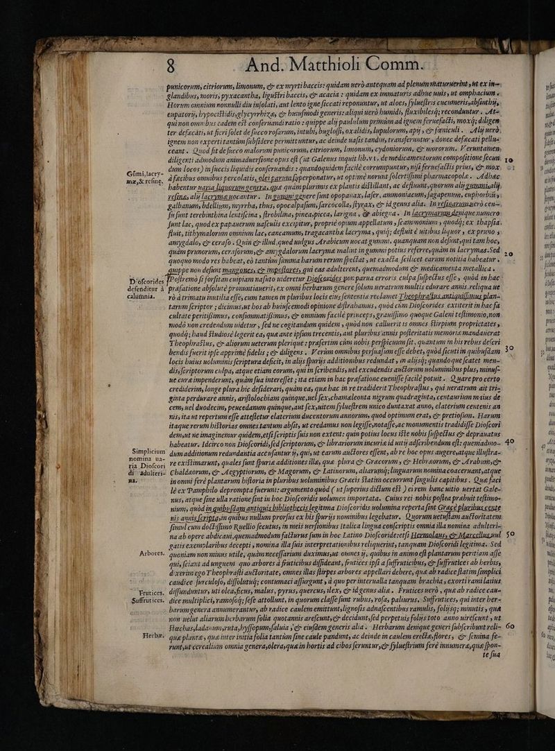 DN - Z —————— — y ors d calce : iT PIT I And. Matthioli C punicorum, citriorum, limonum, c ex myrti baccis: quidam uero antequam ad plenum viatuyuerint sht ex it: 1 glandibus, moris; pyxacantba, ligustri baccis, civ acacia : quidam ex immaturis adhuc unis, ut ompbacium « Horum omnium nonnulli diu infolati, aut lento igne ficcati reponuntur, ut aloes, [ylueftris cucumerissabfinthijs: it ju lu rin : eupatorij, bypociflidisglycyrrhizes c huiufmodi generis: aliqui ueró humidi, fluxibilesq; reconduntur . At^ Wa p^ quinon ommbus cadem est confernandi ratio : quippe alij paululum primiin ad ignem feruefatti, mox; diligen sé i4 ) ter defacàti, ut fieri folet de fucco rofarum, intubis bugloffi, oxalidiss lupulorums apy , e feniculi . Aly nevó; E au | ignem non experti tantùm fubfidere permittuntur, ac deiude ua[is tandin, transferuntur , donec defecati pellus i | ceant. Quod fit de fucco malorum punicorum, citriorum; limonums cydoniorum, er wmororum. Veruntamen, | . diligenti admodum animaduerfione opus efl (ut Galenus inquit lib.v v. de medicamentorum compofitione fecun. io 4 harley eum l ocos) in Juccis liquidis conferuandis : quandoquidem facile corrumpuntur, nif feruefattis prius, e mox, o ! cgi ma,&refne, 4 facibus omnibus percolatis, olei parum fyperponatur, ut optime norunt folertiffimi pharmacopole . Adhec sif 3 | habentur varia liguorum genera» que quamplurimis ex plantis disillant, ac defluunt,quorum alij gummhalij: latis EU ; refing, alij lacryma uocantur «. In gummi genere funt opopanaxs lafer, ammoniacumy fagapenum, eupborbiit y: um galbanum; bdelliym, myrrha, thus, opocalpafum; farcocolla, ftyrax, e id genus alia. In vefinarumaeró cen. fi fant tevebintbina lentifcina , flrobilinay pineapiccas larigna , dr abiegza «In lacrymarum denique numero Junt lac, quod ex papauerum uafculis excipitur, proprie opium appellatum , [cammonium ; quod; ex tbapfia. fluit, titbymalorum omnium lac, cancamum, tragacantba lacryma , qui; defluit e uitibus liquor , ex pruno s amygdalo, cj cerafo . Quin ér illud, quod uulgus Arabicum nocat gumm. quanquam non dejuntyqui tam boc, quam primorum, ceraforumyet amygdalorum lacryma malint in gummi potius referre, quam in lacrymaa.Sed quoquo modo res babeat, eò tantùm fumma barum rerum (bettat y ut exa£ta. fcilicet earum notitia habeatur « wippe non defunt mangoness ctr impo[lores, qui eas adulterent, quemadmodum ej medicamenta metallica . Diofcorides [Poftremò fi forfitan cuipiam nafuto hor moti parua erroris culpa fufpet£us effe quód in bac : : defenditur à práfatione abfolute prouuntiauerit, ex omni herbarum genere folum ueratrum multis edurare annis reliqua ue calmniz — ródtrimatuinutilia effe, cum tamen in pluribus locis eius fententia reclamet Tbeopbraflus antiquilf EN go n tarum fcriptor ; dicimus,ut bos ab buiufcemodi opinione diflrabamus , quod cum Diofcorides extiterit in bac fa i cultate peritiffümus, confummatiffimus, ctr omnium facile princeps, grauiffumo quoque Galeni teflimonio,non Ww led seem 20 , Ampa jdm: fabis ibit modo non credendum uidetur , fed ne cogitandum quidem , quód non calluevit ts omnes $lirpium proprietates, e quodá; baud $iudiosé legerit ea, qua ante ipfum trecentis, aut pluribus annis pofleritatis memori mandauerat qtti Theophrastus, etr aliorum ueterum plerique : praefertim cim nobis perfpicuum fit, quantum in bis rebus defcri powi bendis fuerit ipfe apprime fidelis ; eir diligens «V erùm omnibus perfuafum effe debet, quód ficutiin quibufdam 39 p M locis buius uoluminis fcriptura deficit, in alijs [þurýs additiombus redundat , in alijs; quando que [catet men- f iw dis; fcriptorum culpa, atque etiam eorum, qui in fcribendis, uel excudendis auctorum uoluminibus plus, minu[- qu 4 ue curd impenderunt, quam [ua intere[[et ; ita etiam in bac prafatione euenif[e facile potuit .. Q yare pro certo Ne crediderim; longe plura bic defiderari, quàm ea; Je bac in re tradiderit Tbeopbra[lus , qui ueratrum ait tri- pu ginta perdurare annis, ariflolocbiam quinque uel fexchamaleonta nigrum quadraginta, centaurium maius de | W cem; uel duodecim, peucedanum quinque,aut fexsuitem Jyluefltrem unico duntaxat anno, elaterium centenis an dei nis, itat repertum effe attefletur elaterium ducentorum annorum, quod optimum erat, cj pretiofum. Harum roi itaque rerum historias omnes tantum abfit, ut credamus non legiffesnota[Jeyac monumentis tradidiffe Diofcori din demunt ne imaginemur quidem,etfi fcriptis fuis non extent: quin potius locus iste nobis fufbetfus ei depranatus | di; ~ babeatur. Idcirco non Diofcoridi»fed fcriptorum, ci librariorum incuria id uti adfcribendum eft: quemadmo. 49 dti i s Aie dumadditionum redundantia acċufantur ij, quis ut earum autores effent, ab re hoc opus augeresatque illuflra- E om ria Diofcori € €xiftitnarunty quales funt [purie additiones ille, que plura ct Grecorum , ci Hebraeorum, et JAvabumyeir Oy | | di adulteri- Chaldeorum, c Aegyptiorum, €r Magorum; c Latinorum, aliavupaq; linguavum nomina coaceruant,atque Tar WERE (00 BR in omni feré plantarum hiftoria in pluribus woluminibus Gracis $tatim occurrunt ingulis capitibus . Qua faci quii d le ex Pamphilo deprompta fuerunt: argumento quod ( ut fuperius diétum e$t ) e rem banc uitio uertat Gale- ! iw | nus, atque fine ulla ratione fint in boc Diofcoridis uolumen importata, Cuius vei nobis poflea prabuit teflimo- ! omi nium; quód in quibufdam antiquis bibliothecis legitima Diofcoridis uolumina reperta fint Grace pluribus cente padin nis annis ftripta,in quibus nullum prorfus ex his fpurijs nominibus legebatur, Quorumuetuftam autloritatem E h fimul cum dothiffimo Ruellio fecutus, in meis nerfionibus Italica lingua con[criptis omnia illa nomina adulteri- B w na ab opere abdicaui, quemadmodum fatturus fum in boc Latino Diofcoride:etfi Hermolaus; ex Marcelleguul 50 fii. gatis exemplaribus decepti , nomina illa fais interpretationibus veliquerint; tanquam Diofcoridi legitima. Sed T iij | Arbores, quoniam non minns utile, quamnece[farium duximussut omnes ij, quibus in animo eft plantarum peritiam affe Vj) qui, ciant ad unguem quo arbores à fruticibus di[fideant, frutices ipfi a uffruticibuss e fuffrutices ab herbiss yi ETE dixerim ego T beopbrafli autoritate, omnes ilas flirpes arbores appellari debere, qua ab vadice ftatim fimplici ln candice furculofo, diffolutuá; contumaci a[Jurgunt y à quo per interualla tanquam brachia, exortirami latius | tij Frutices, diffunduntur, uti oleayficus, malus, pyrus, quercus; ilex, cr idgenusalie. Fruticesueró , qua ab radice can- Th, Suffrutices. dice multiplici, ramofog; fefe attollunt, in quorum claffe funt rubus, rofa, paliurus.- Suffrutices, qui inter her- Kd barumgenera annumerantur, ab radice caulem emittunt;lignofis adnafcentibus ramulis, folijsq; minutis , qua | tff non uelut aliarum bevbarum folia quotannis arefcuntset decidunt, (éd perpetuis folijs toto: anno uirefcunt , ut lai flechas ladasuisrutabyffopumfaluia j e eiufdem generis alia . Herbarum denique generi fub[cvibunt veli- 6o ah Herbe. oneplanra , que inter initia folia tantùm fine caule pandunt, ac deinde in caulem eretiesflores , c femina fe- E ^us, runtut cerealium omnia generayolerasqua in hortis ad cibos [eruntur,cr fylueffrium fere numera,qua [pon- B ui te fua liz