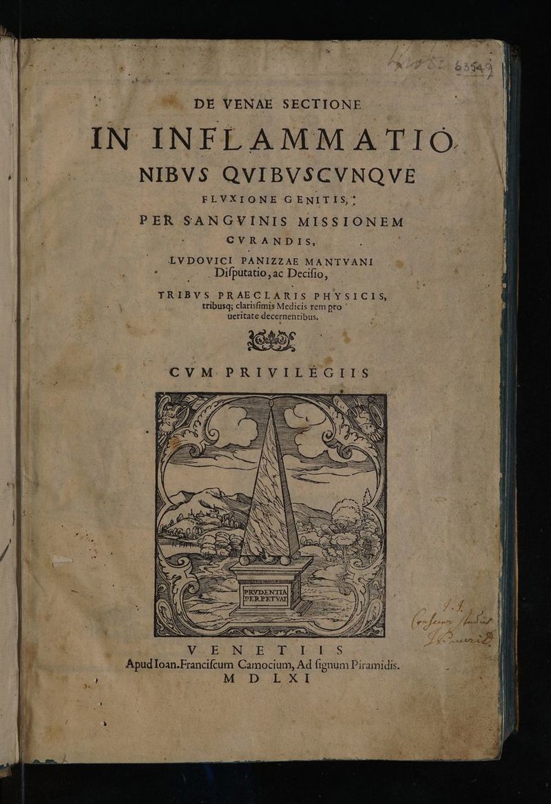 À Wu OP DE VENAE SRÉTIONÉ - IN INFLAMMATIO. || b 2 NIBV$ QVIBVSCVNQVE — | FLVXIONE GENITIS,: PER SANGVINIS MISSIONEM E ; CY RANDIS, Á LVDOVICI PANIZZAE MANTVANI ; . Difputatio, ac Decifio, TRIBVS PRAECLARIS PHYSICIS, n tribusq; clarisfimis Medicis rem pro ' | ueritate decernentibus, MENS Mua RON CEU abs | y ApudlIoan.Francifcum Camocium, Ad fignum Piramidis. DN Us , M D LXI |