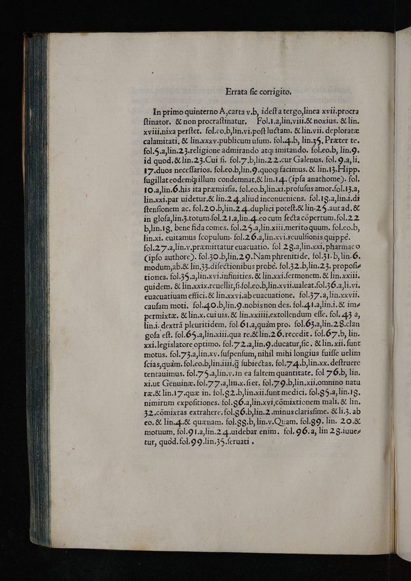 Errata fic corrigito, In primo quinterno À ,carta vb, ideffa tergo,linca xvii.procra flinator. &amp; non procrafünatur, — Fol.1.ajlin,viii.&amp; noxius. &amp; lin. xviiinixa perflet. fol.co,b,lin.vi.poft luctam. &amp; lin.vii. deplorat calamitati, &amp; lin.xxxv.publicum ufu. fol. 4.5, lin.35, Prater te. fol.5.ajlin.2.5.religione admirando atq; imitando. fol.eo.b, lin.9. id quod. &amp; lin.25.Cui fi. fol.7.b,lin.2 2..cur Galenus. fol. 9.2, li, 17.duos neceffarios, fol.eo.bjlin.9.quoq facimus. &amp; lin.13. Hipp. fugillateodemqillum condemnat,&amp; lin.14.. (ipfa anathome). fol. 10.a,lin.Ó.his ita pramisfis, fol,eo.b,linai.profufus amor.fol.13.a, lin.xxi,par uidetur.&amp; lin.2 4.,aliud inconueniens. fol.18.a,lin.1,di ftenfionem ac. fol.2 O.b,lin.2 4. duplici poteft.&amp; lin-2.5.2utad. &amp; in glofajlin.3.totum.fol.2 1.a,lin.4,.co cum fecta copertum.fol.2 2. bjlin.ig, bene fida comes. fol.2.5.a,lin.xiiimerito quum. fol.eo.b, lin.xi. euitamus fcopulum. fol.2 6.a,lin.xvi.rcuulfionis quippe. fol.2 7a, lin.v.pramittatur euacuatio. fol. 2 g.ajlin.xxi, pharmac o Cipfo authore). fol.30.b,lin.2 9. Nam phrenitide, fol.51. b, lin.6. modum,ab.&amp; lin.33.difectionibus probe. fol.352..b,lin.25. propofiz tiones. fol.55.a,lin.xvi.infinities. &amp; lin.xxi. fermonem. &amp; lin. xxiii, quidem. &amp; lin.xxix.reucllit,fi.fol.eo.b,lin.xvii.ualeat.fol.36.a l1.vi. euacuatiuam effici. &amp; linxxvi.ab euacuatione, fol.37.2, lin.xxvii. xi.ut Genuinz. fol.7 7..a,lin.x. fiet. fol 7 9.b,lin.xii,omnino natu rz.&amp; lin.17.quz in. fol. 92..b,lin.xii.funt medici, fol.85.a,lin.19, nimirum expofitiones. fol.56.a,lin.xvi,comixtionem mali. &amp; lin. 32.cómixtas extrahere, fol.GÓ.b,lin.2 minusclarisfime. &amp;li.5. ab co. &amp; lin4.&amp; quanam, fol.88.b, lin.y.Quam. fol.g9. lin. 20.&amp; motuum, fol.91.ajlin.2 4,uidebar enim. fol. 96.a, lin 28.1uuez tur, quod.fol.9 9.lin,35.feruati