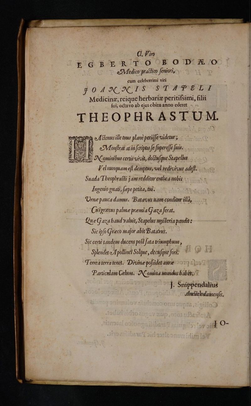 fui; octavo ab ejus obitu anno ederet - THEOPHRASTUM. y oA enus ille tuus plané perife videtur; - ES L Monflrä atin fcripti fe fuperefe fuia. 2 RZE N ominibus certá vivit, dotufque Stapella Vel unquam e[l demptus, wel redivivus adeft. Suada Theophrasti j am redditur entbea nobis : - Ingenio gnati, fepe petita, tui. Urne pauca damus: Batavus nam conditur illa, Cuigrecus palme premia Gaza ferat. Que G axa baud valuit, Stapelus mysteria pandit: Sic ipfo Greco major abit Batavus. Sic cert tandem ducens posi fata triumphum, Splendet y | pollinéi Solgue, decu/que fori. Teneaterra tenet: Divine pofsidet ame Parüclam Gelum.. N omina mundos babbto ^ | J. Snippendalius Amstelodamenfis, jp O-