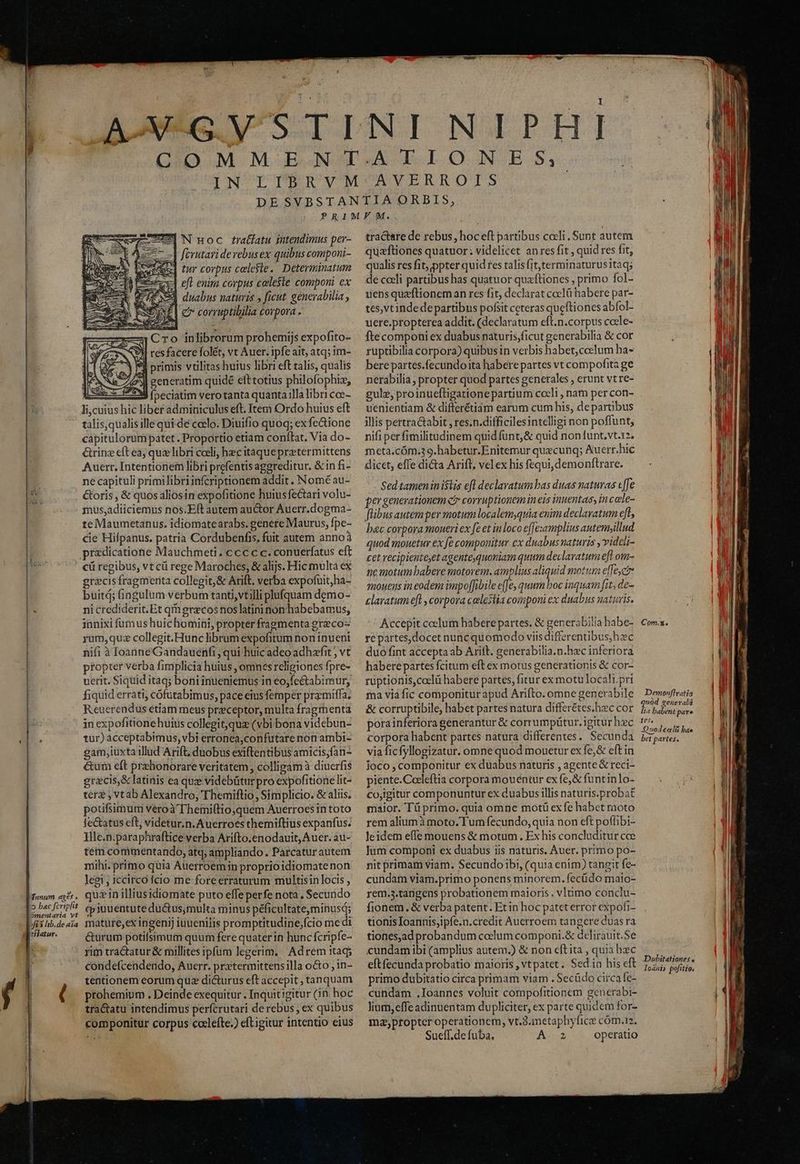 ferutari devebusex quibus componi- tur corpus celesle.. Determinatum ge] eff enim corpus celeste componi ex 20d duabus naturis , ficut. genevabilia ; e corruptibilia corpora . — Pr Jos tn - Cro inlibrorum prohemijs expofito- 1 res facere folet, vt Auer. ipfe ait, atq; im- IN x primis vtilitas huius libri eft talis, qualis e Ze generatim quidé efttotius philofophiz, Dean fpeciatim vero tanta quanta illa libri cce- li,cuius hic liber adminiculus eft, Item Ordo huius eft talisqualis ille quide celo. Diuifio quoq; ex fe&amp;ione capitulorum patet. Proportio etiam conílat. Via do- &amp;rinz eft ea; qui libri colli, hec itaque pretermittens Auerr. Intentionem libri prefentis aggreditur, &amp;in fi- ne capituli primilibriinfcriptionem addit. Nomé au- &amp;oris, &amp; quos aliosin expofitione huiusfectari volu- 4 [4 Tnnum ages» 5 bac fcripfit Ji s lib.de aia fatur. te Maumetanus. idiomatearabs. genere Maurus, fpe- cie Hifpanus. patria Cordubenfis. fuit autem annoà c€ü regibus, vt cü rege Marochces, &amp; alijs. Hic multa ex grecis fragmenta collegit,&amp; Arift. verba expofuit,ha- buitd; ingulum verbum tanti,vtilli plufquam demo- ni crediderit.Et qm grzcos nos latininon habebamus, innixi fumus huichomini, propter fragmenta greco- rum, quz collegit.Hunc librum expofitum non inueni nifi à loanne Gandauenfi, qui huicadeo adhafit , vt propter verba fimplicia huius , omnes religiones fpre- uerit. Siquid itaq; boni inueniemus in eo,fectabimur, fiquid errati, cofutabimus, pace eius femper przmiffa, Reuerendus etiam meus praceptor, multa fragmenta in expofitione huius collegit, quz (vbi bona videbun- tur) acceptabimus, vbi erronea,confutare non ambi- gam;iuxta illud Arift, duobus exiftentibus amicis;fan- &amp;uin eft prebonorare veritatem, colligam à diuerfis grécis,&amp; latinis ea quz videbütur pro expofitione lit- ter , vtab Alexandro, Themiflio, Simplicio. &amp; aliis. potifsimum veroà' Themi(tio,quem Auerroes in toto fectatus eft, videtur.n.Auerroes themiftius expanfus. Ille.n.paraphraftice verba Arifto.enodauit, Auer. au- tem commentando, atq; ampliando, Parcatur autem mihi. primo quia Auerroemin proprioidiomatenon legi, iccirco icio me foreerraturum multisin locis , quiin illiusidiomate puto effe perfe nota, Secundo cpiuuentute du&amp;tus;multa minus péficultate,minusq; mature,ex ingenij iuuenilis promptitudine;fcio me di &amp;urum potilsimum quum fere quater in hunc fcripfe- rim tráctatur &amp; millites ipfum legerim, Adrem itaq; condefcendendo, Auerr. prxtermittensilla o&amp;o ; in- tentionem eorum quz dicturus eft accepit , tanquam prohemium ,. Deinde exequitur . Inquitigitur (1n. hoc tractatu intendimus perfcrutari de rebus, ex quibus componitur corpus caelefte.) efLigitur intentio eius tractare de rebus , hoc eft partibus coli . Sunt autem quzftiones quatuor: videlicet anres fit , quid res fit, qualis res fit, ppter quid res talisfit,terminaturusitaq; de coeli partibus has quatuor quxftiones , primo fol- uensquaftioneman res fit, declarat coclü habere par- tes,vtinde departibus pofsit ceteras queftiones abfol- uere.propterea addit. (declaratum eft.n.corpus cocle- fte componi ex duabus naturis,ficut generabilia &amp; cor ruptibilia corpora) quibus in verbis habet;ceelum ha- berepartes.fecundoita habere partes vt compofita ge nerabilia, propter quod partes generales , erunt vt re- gulz, proinueftigationepartium coeli , nam per con- uenientiam &amp; differétiam earum cum his, de partibus illis pertra&amp;tabit , res.n.difficilesintelligi non poffunt, nifi perfimilitudinem qnid funt,&amp; quid non funt, vt.12. meta.cóm.3 9.habetur.Enitemur quecunq; Auerr.hic dicet, effe di&amp;a Arift, vel ex his fequi, demonftrare. Sed tamenini$lis efl declaratum bas duas naturas c[fe per generationem ct» corruptionem in eis inuentas, in cole- flibus autem per motum localem,quia enim declaratum eft, bac corpora moueri ex fe et in loco e(fexamplius antemyillud quod mouetur ex fe componitur ex duabusnaturis ,vidcli- cet recipiente,et agente,quoniam quum declaratum efl om- ne motum babere motovem. amplins aliquid motum effe,ctr moueuns in eodem impoJibile effe, quum boc inquam fit, de- claratum eft , corpora calestia componi ex duabus naturis. Accepit coelum habere partes. &amp; generabilia habe- re partes,docet nunc quomodo viis differentibus,hec duo fint accepta ab Aritk. generabilia.n.hec inferiora habere partes fcitum eft ex motus generationis &amp; cor- rüptionis,ceelü habere partes, fitur ex motulocali.pri ma via fic componitur apud Arifto. omne generabile &amp; corruptibile, habet partes natura differétes.hzc cor porainferiora generantur &amp; corrumpütur. igitur hc corpora habent partes natura differentes. Secunda via ficfyllogizatur. omne quod mouetur ex fe,&amp; eft in joco , componitur ex duabus naturis , agente &amp; reci- piente.Coeleftia corpora mouentur ex fe, &amp; funtinlo- co,igitur componuntur ex duabus illis naturis.probat maior. Tü primo. quia omne motü ex fe habct raoto rem aliumà moto. Tum fecundo, quia non eft poffibi- Jleidem effe mouens &amp; motum. Ex his concluditur cce jum componi ex duabus iis naturis. Auer. primo po- nit primam viam. Secundoibi, (quia enim) tangit fe- cundam viam.primo ponens minorem. fecüdo maio- rem.5.tangens probationem maioris. vlumo conclu- fionem. &amp; verba patent. Et in hoc patet error expofi- tionis Ioannis;ipíe.n.credit Auerroem tangere duas ra tionesjad probandum coelum componi.&amp; delirauit.Se cundam ibi (amplius autem.) &amp; non eft ita , quia hzc eftfecunda probatio maioris, vtpatet. Sedin his eft primo dubitatio circa primam viam . Secüdo circa fe- cundam ,Ioannes voluit compofitionem generabi- lium,effeadinuentam dupliciter, ex parte quidem for- ma,propter operationem, vt.3.metaphyfice cóm.12. Sueff.de fuba. A2 operatio Com.g, DemonfIrattia quód eenerali lia babent pare tes, Quod celi bae bet partes.