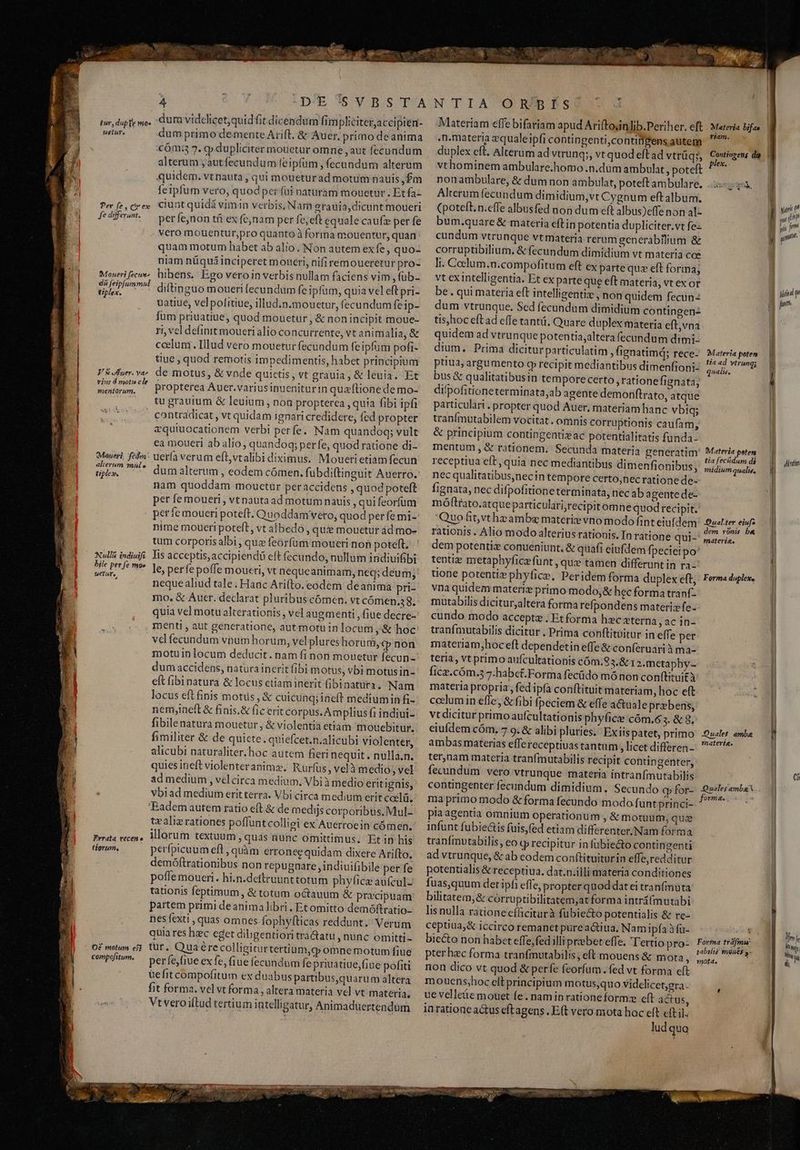 — etia MRNA oignons attdberecem etri remp Mri on tur, dupl mo, dura videlicet;quidfit dicendum (impliciter,accipien- ustur. dum primo demente Arift. &amp; Auer, primo deanima cóm: 7. cp dupliciter mouetur omne ,aut fecundum alterum j, autfecundum feipfum , fecundum alterum quidem. vtnauta , qui moueturad motum nauis, fm feipfum vero, quod per füi naturam mouetur . Et fa- Pe fecpey Clunt quidá vimin verbis, Nam erauia,dicunt moueri fedffne' — perfe,non t ex fe;nam per fe;eft equale caufz per fe vero mouentur,pro quanto à forma mouentur, quan quam motum habet ab alio. Non autem ex fe, quo- niam nüqui inciperet moueri, nifiremoueretur pro- Moueri fece. hibens, Ego veroin verbis nullam faciens vim, fub- esci em diftinguo moueri fecundum fe ipfum, quia vel eft pri- uatiue, velpofitiue, illud.n.mouctur, fecundumfeip- füm priuatiue, quod mouetur, &amp; nonincipit moue- ri, vel definit moueri alio coacurrente, vt animalia, &amp; ccelum . Hlud vero mouetur fecuodüm feipfum pofi- tiue , quod remotis impedimentis, habet principium de motus, &amp; vnde quictis , vt graula, &amp; leuia. Et propterea Auer.variusinueniturin quzftionede mo- tu grauium &amp; leuium , noa propterea quia fibi ipfi . contradicat , vt quidam ignari credidere, fed propter aquiuocationem verbi perfe. Nam quandoq; vult ea moueri ab alio, quandoq; perfe, quod ratione di- uería verum efl, vtalibi diximus. Moueri etiam fecun V» euer. va» vius d motn ele mentórum. Mauri. fed: alterum müle tile», nam quoddam mouctür peraccidens , quod poteft per fe moueri , vtnautaad motum nauis , quifeorfum per fc moueri poteft. Quoddam veto; quod per fe mi-: nime moueri poteft, vt albedo, qui mouetur ád mo- tum corporisalbi , quz feorfum moueri non poteft, Iis acceptis, accipiendi eft fecundo, nullum indiuifibi le, perfe poffe moueri, vt nequeanimam, neq; deum; neque aliud tale. Hanc Arifto. eodem deanima pri- mo. &amp; Auer. declarat pluribus cómen. vt cómen.38. quia vel motu alterationis , vel augmenti, fiue decre-: menti , aut generatione, aut motuin locum ,&amp; hoc: ve fecundum vnum horum, vel plures horum, C non motuinlocum deducit. nam fi non mouetur fecun: dum accidens, natura inerit (ibi motus; vbi motusin-- eft fibi natura &amp; locus etiam inerit (ibinatura. Nam locus eft finis motüs, &amp; cuicunq; ineft mediumin fi- nem;ineft &amp; finis.&amp; fic erit corpus. Amplius fi indiui- fibilenatura mouetur ; &amp; violentia etiam mouebitur., fimiliter &amp; de quicte .quiefcet.n.alicubi violenter, alicubi naturaliter. hoc autem fieri nequit. nulla.n. quies ineft violenteranima. Rurfus, velà medio, vel ad medium , velcirca medium, Vbià medio erit)gnis,: vbiad medium eritterra. Vbi circa medium erit ccelü, Eadem autem ratio eft.&amp; de medijs corporibus. Mul- tealizrationes poffuntcolliei ex Auerroein cómen. illorum textuum , quas nunc omittimus. Et in his perfpicuum efl , quàm erronee quidam dixere Arifto. demóftrationibus non repugnare ,indiuifibile per fe pofle moueri. hi.n.deftruunttotum phyfice aufcul- tationis feptimum, &amp; totam octauum &amp; precipuam partem primi de anima libri Et omitto demóftratio- hes fexti , quas omnes-fophyfticas reddunt. Verum quia res hec eget diligentiori tra&amp;atu , nunc omitti- tur. Quaérecolligiturtertium,qg omnemotum fiue perfe,fiue ex fe, fiue fecundum fe priuatiue,fiue pofiti uefit compofitum ex duabus partibus,quarum altera fit forma. vel vt forma , altera materia vel vt materia. Vtveroiftud tertium intelligatur, Animadüertendum Nullá indiuifc bile perfe moo UCtuTS Errata veceno tiorum, O€ motum eff compofitum. Materiam effe bifariam apud Arifto;inlib.Periher. eft . Materia fas n.materia zqualeipfi contingenti,contillgensautem  duplex eft. Alterum ad vtrunq;, vt quod eft ad vtrüq;, € vthominem ambulare.homo .n.dum ambulat , poteft ^? nonambulare, &amp; dum non ambulat, poteft ambulare, 3 Alterum fecundum dimidium,vt Cygnum eft album. (poteft. n.effe albusfed non dum eft albus)effe non al- bum.quare &amp; materia eftin potentia dupliciter.vt fe cundum vtrunque vtmateria rerum generabilium &amp; corruptibilium. &amp; fecundum dimidium vt materia co Ii. Caclum.n.compofitum eft cx parte quz eft forma; vt exintelligentia. Et ex parte que eft materia, vt exor be . qui materia eft intelligentiz , non quidem fecun: dum vtrunque. Sed fecundum dimidium contingen- tis,hoc eft ad effe tant, Quare duplex materia eft,vna quidem ad vtrunque potentia,altera fecundum dimi. dium, Prima dicitur particulatim fignatimá; rece: Matera poten 1 NR : 2m : TTE vtrung; pia, argumento cp recipit mediantibus dimenfioni- SOM. bus &amp; qualitatibusin tempore certo , ratione fignata; di'pofitioneterminata;ab agente demonftrato, atque particulari. propter quod Auer, materiam hanc vbiq; tranfmutabilem vocitat. omnis corruptionis caufam, &amp; principium contingentizac potentialitatis funda- mentum , &amp; rationem. Secunda materia generatim' Materia poten À : Nes i S 5 tia fecitdum di receptiua eft, quia nec mediantibus dimenfionibus, midium qualis, nec qualitatibus,necin tempore certo,nec ratione de-- fignata, nec difpofitione terminata, nec ab agente de- móftrato.atque particulari;recipitomne quod recipit. Quo fit,vthrambg materie vno modo fint eiu [dem' Qualter eiuf: S. à N mE ED 2 . . dem rónis be rationis. Alio modo alterius rationis. In rattone qui-' pareris, dem potenti conueniunt, &amp; quafi eiufdem fpecietpo? - tenti metaphyficzfünt , qux tamen differuntin ra-: tione potentiz phyfice, Peridem forma duplex eft, vna quidem materi primo modo,&amp; hecforma tranf- mutabilis dicitur,altera forma refpondens materizfe- cundo modo accepte . Et forma hzc eterna, ac in- tranfmutabilis dicitur . Prima conftituitur in effe per materiam,hoceft dependetin effe &amp; conferuari à ma- teria, vt primo aufcultationis cóm.83.&amp; 12. metaphy- : fice. cóm.5 7-habet.Forma fecüdo mó non conftituità Forma duplex, cclumin effe, &amp; fibi fpeciem &amp; effe a&amp;uale praebens, vt dicitur primoaufcultationis phyfice cóm.6 5. &amp; 8. eiufdem cóm, 7 9: &amp; alibi pluries. Exiis patet, primo ambas materias effereceptiuas tantum, licet differen - ter,nam materia tranfmutabilis recipit contingenter, fecundum vero vtrunque materia intranfímutabilis contingenter fecundum dimidium, Secundo c» for- ma primo modo &amp; forma fecundo modo funt princi- piaagentia omnium operationum , &amp; motuum, qua infunt fubie&amp;is fuis,fed etiam differenter, Nam forma tranímutabilis, eo cj recipitur in fübiecto contingenti ad vtrunque, &amp; ab eodem conftituiturin effe, redditur potentialis &amp; receptiua. dat.n.illi materia conditiones fuas,quum det ipfi effe, propter quod datei tranfmuta bilitatem,&amp; corruptibilitatem,at forma intri(mutabi lis nulla ratione effücitarà fubie&amp;o potentialis &amp; re- ceptiua,&amp; iccirco remanet pureactiua. Nam ipfa àfu- biecto non habet effe,fed illiprebeteffe. Tertio pro- pterhzc forma tranfmutabilis , eft mouens &amp; mora, non dico vt quod &amp; perfe feorfum.fed vt forma eft mouens,hoc eft principium motus,quo videlicet;gra. ue velleüe mouet fe. namip ratione formz eft actus, inratione actus eftagens . Eft vero mota hoc eft eft il. | lud quo Quales: amba matertg. forma. tabiltà méaes s mota, il | a | ! yan t M B uim p pmi B un d t a jum | u | i Jl TT SERE C