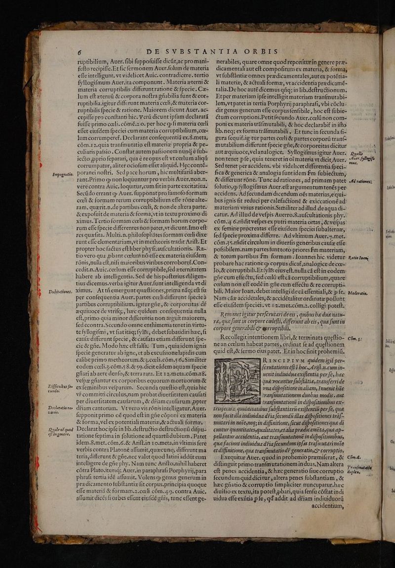 Impugnatio. ruptibilium, Auer. fibi fuppofuiffe dicüt;ac pro mani- fcíto recipiffe.Et fic fermonem Auer.folum de materia effe intelligunt, vt videlicet Auic. contradicere. tertio fyllogifmum Auer.ita componunt. Materia eterni &amp; materia corruptibilis differuntratione &amp; fpecie. Ce- lum eftzternü &amp; corpora noftra güabilia funt &amp; cor- ruptibilia.igitur differunt materia cceli, &amp; materia cor- ruptibilis fpecie &amp; ratione. Maiorem dicunt Auer. ac- cepiffe pro conftanti hic. Verü dicunt ipfam declaratá fuiffe primo coeli. cómé.2 o. per hoc cp fi materia coeli effet eiufdem fpeciei cum materia corruptibilium,coe- lum corrumperct. Declarant confequentiá ex.8.meta, cóm.1 2.quia tranfmutatio efl materiz propria &amp; pe- culiaris paísio . Conftat autem pafsionem nund é fub- iecto pprio feparari, qua é reopuseft vt ccelum aliq corrumpatur, aliter ociofum effetaliquid. Hec conté- poranei noftri, Sed pace horum , hic multifand aber- rant.Primo gp nonloquuntur pro verbis Áuer.non.n. verecontra Auic. loquitur,cum fitin parte excitatiua. Secüdo errant qp Auer. fupponat pro famofo formam cceli &amp; formam rerum corruptibilium effe rónealte- ram, quzrit.n.de partibus cceli, &amp; non de altera parte. &amp;expofuitde materia &amp; forma, vt in textu proximo di ximus. Tertioformam coeli &amp; formam horum corpo- rum efle fpecie differentes on patet, vt dicunt. Imo eft resquzfita. Multi. n.philofophátes formam coeli dixe runt cffe elementariam,vt in metheoris tradit Arift. Et tio vero qua ,pbant cocluni nó effe ex materia ciufdem rónis,nulla eft,nifi maioribus viribus corroboret.Con- cedit.n.Auic.coclum effe corruptibile,fed seternitatem Dubitatienes. Difficultas fe» canda. Declaratio rae tignis. Quale o&amp; quod eft in genere, tius dicemus.verba igitur Auer.funt intelligenda vt di ximus, Attüemerguntquzftiones;prima náq; eft fu per confequentia Auer. partes cceli differunt fpecieà partibus corruptibilium. igitur grie , &amp; corporeitas df zquiuoce de vtrifq; , hec quidem confequentia nulla eft primo quia minor differentia non arguit maiorem; tefyllogifmi , vt fiatitaq; fylts, debetfübaudiri hec, fi caufz differunt fpecie , &amp; caufata etiam differunt fpe- €ic &amp; güe. Modo hac eftfalfa; Tum , quiaidemignis Ípecie generatur ab igne, ct ab excufsionelapidis cum calibeprimo metheorum.&amp; ;.coeli.cóm.5.6, Similiter eodem cacli.3.cóm.5 8.&amp; 59.diciteádem aquam fpecie güari abaere denfo;&amp; terra rara. Et 12.meta:cóma18. velps güiantur ex corporibus equorum mortuorum &amp; exfeminibus vefparum. Secunda quzflio eff;quia hic vf committi circulus,nam probat diuerfitatem caufati per diuerfitatem caufarum , &amp; diam cavufarum ppter dfiam cantorum. Vtvero vis rónisintelligatur; Auer. fupponit primo cé quod eftin ghe cóponi ex materia &amp; forma, vel ex potentiali materia, &amp; actuali forma, Declarathocipfein lib.deftru&amp;io deftru&amp;ionü difpu- tatione feptimain folutionead quartü dubium. Patet idem.8.met, cóm.6.&amp; Arifl.in 10.meta;in vltimis fere verbis contra Platoné affumit,quxcunq; differunt ma teria,differunt &amp; güe.nec valet quod latini addüt eum intelligere degüe phy. Nam tunc Arifto.nihil haberet phrafi tertia idé atfumit. Volens cp genus generum in predicamento fubítantiz fit corpus.principia quoque efle materia &amp; formam.2.cacli cóm.4.9. contra Auic. alfumit dicés f1 orbes effent eiufdé güis, tunc effentge- nerabiles, quareomne quod reponiturin genere prz- dicamentaliaut eft compofitum ex materia, &amp; forma; vt fubftàntiz omnes praedicamentales,autex potétia- li materiz, &amp;actuali formz, vt accidentia predicamé- talia.De hocauté dicemus qiiq; in lib.deftru&amp;ionum. Etper materiam ipfeintelligit materiam tranfmutabi- lem,vtpatetin tertia Porphyrij paraphrafi, vbi cóclu- dit genus generum effe corpusfenfibile , hoc eft fübie- &amp;um corruptioni.Petit fecundo Auer.ccelü non com- poni ex materia tráfmutabili, &amp; hoc declarabit in ifto lib. neq; exformatráfmutabili .. Et tunc in fecunda fi- gura fequit.ig tur partes cceli &amp; partes corporü tranf- mutabilium differunt fpecie grie;&amp; corporeitas dicitur aut zquiuoce,velanalogice, Syllogifmusigitur Auer. non tenet pfe; quia teneretin oi materia vt dicit Auer. Sed tenet per accidens. vbi videlicet differentia fpeci-- fica &amp; generica &amp; analogia funtidem £m fübiectum; &amp; differunt róne. Tunc ad rationes , ad primam patet folutio,gfyllogifmus Auer.e(targumentumtenés per accidens. Adfecundam dicendum oés materias,e qui- bus ignis fit reduci per calefactioné &amp; exiccationé ad: materiam vnius rationis.Similiter ad illud deaqua di- catur. Ad illud devefpis Auerro.8.aufcultationis phy. cóm.4 6.rüditvefpes ex putri materia ortas ,&amp; vefpas ex femine procreatas effe eiufdem fpeciei fübalternz, fed fpecie proxima differre... Ad vltimum Auer. 7.met. cóm.35.rfdit circulum in diuerfis generibus caufz effe pofsibilem.nam partes funttoto prioresfm materiam, &amp; totum partibus £m formam . Ioannes hic videtur probare hac ratione cp corpus dicat,analogice de cce- lo;&amp; corruptibili.Etfylts eruseft. nulla cá eftin eodem: grie cum effectu, fed codi eftcá corruptibilium,quare coelum non eft eodéin gfie cum effe&amp;tu &amp; re corrupti bili. Maior Toan. debet intelligi decá effentiali,&amp; p fe. Nam cáz accidétales, &amp; accidétaliter ordinat poffunt Renuamet igitur per[crutari deeis , quibusba dua natu- 74 qua funt in corpore ceele[li, differunt ab eis , qua funt in corpore generabili e eprruptibili. Recollegitintentionem libri,&amp; terminata queflio- nean ccelum habeat partes; ordinat fead queftionem quid eít,&amp; fermo cius patet. Etin hocfinit prohemiü. RiwNcriPIYM quidemigit per-. ] uenit indiuidua exiflentia per fe, bac p qu&amp; vocantur [ubflatia, transferri de fais | vna difpofitiorne inaliam; Inuenit bac Exiuhc-* vanfinntationem duobus modis . aut a Erase tran[mutatione in difbofitionibus ex- triujeos 2 quidditatibus fabflantiaru exiflentim per fe, que non facit illa indiuidua dria fecundi illas difbofitiones traf mutariin noteyneq; in diffinitione; ficut difpofitiones qua di cuntur quantitatesyqualitates,et alia predicametayqua ap- pellautu accidentia, aut tranfmutation£ in difbofitionibus, qua faciunt indiuidua dia fecundum ipfas trafmutarimo1e et diffinitione, qua tranfmutatio d? genevatioc? corruptio, Exequitur Auer. quod in prohemio premiferat , &amp; diftinguit primo tranfmutationem in duas, Nam altera eft penes accidentia, &amp; hec generatio fiue corruptio fecundum quid dicitur ,altera penes fübítantiam , &amp; hec gatio &amp; corruptio fimpliciter nuncupatur.hac diuifio ex textujita poteft;pbari,quia fenfu cóftat indi uidua effeexütia p fe , qd addit ad d£iam indiuiduorü | fidt Quda ..' n Auer.fyllogife 8 nis. | | VA rationes; ' I ; Datele I m | V] afi, | DP. j ] Ratio leate nh ! l Moderatie, ! 1 a W I CÓm. t: LW j Diod wi | fio, | i Ato u ) ] 1 || | | i Cn Com.6. . Tranfutatig ^ M ou, duplex, |