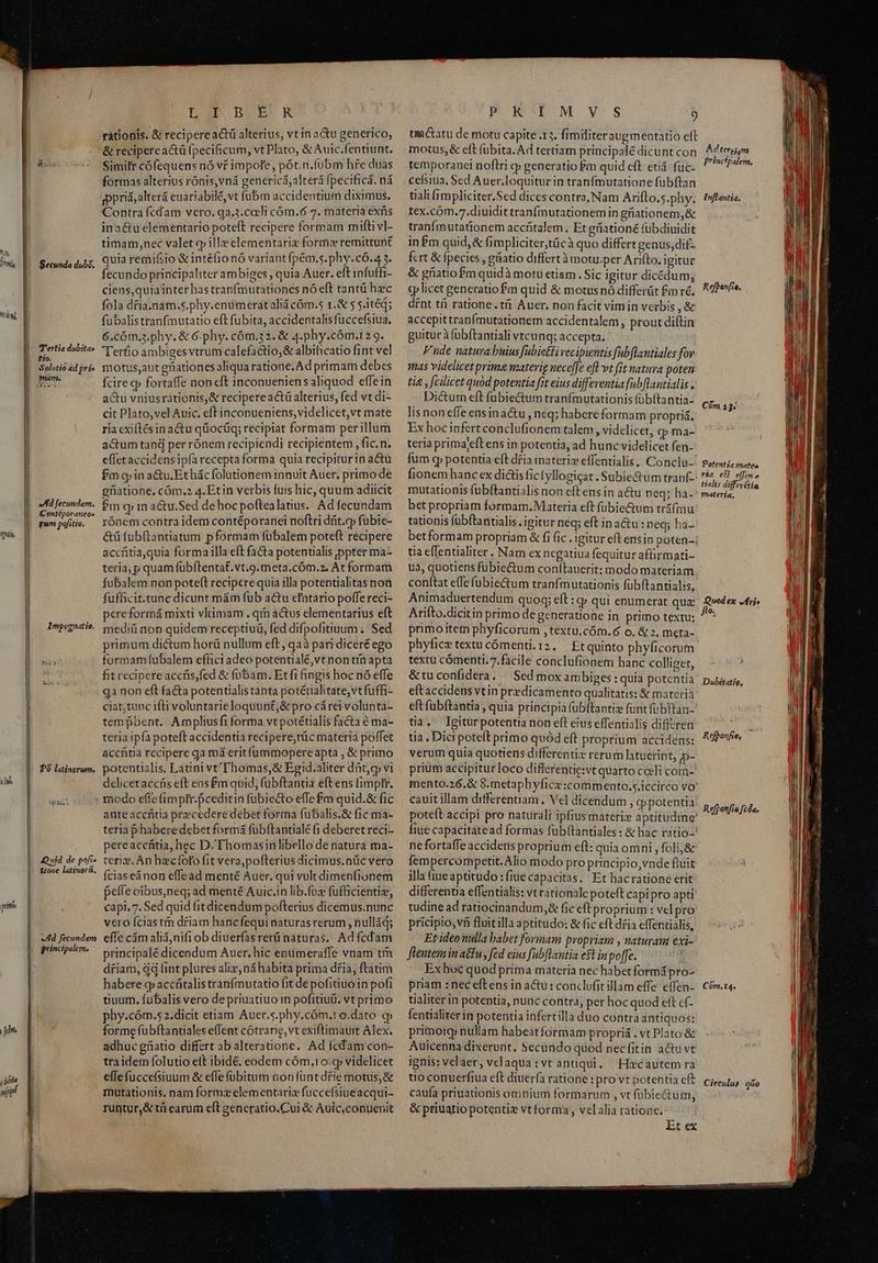 ^tt. Mit, n | pnmo fri í diit mp |. Secunda dabo. Tertia dabitao No Solitio ad pri» Icd fecundam. Contéporaneos gum pofitio. Impugnatio. fo latincrum. Aid de pofi $:0ne latinorá., Ad fecundam principalem, DP Bue R rationis. &amp; recipereactü alterius, vt in adu gen erico, &amp; recipereactü fpeci&amp;icum, vt Plato, &amp; Auic.fentiunt. Simitr cófequens nó vr impote, pót.n.fubm hre duas formas alterius rónis,vnà genericá;alterá fpecificá. nà ippriá;alterá euariabilé, vt fubm accidentium diximus. Contra (cdam vero. qa.3.cacli cóm.6 7. materia exis inactu elementario poteft recipere formam mifti va- timam;nec valet gp ill» elementari forme remittunt quia remifsio &amp; intéfio nó variant [pém.s. phy. cÓ.4.3. fecundo principaliter ambiges , quia Auer. eft infuffi- ciens,quiainter has tranfmutationes nó eft tantü hec fola dfia.nam.s.phy.enümerataliá cóm.5 1.&amp; 5 jitéq; fubalis tranfmutatio eft fubita, accidentalis fuccefsiua, 6.cóm.s.phy. &amp; 6. phy. cóm.32. &amp; 4.phy.cóm.129. Tero ambiges vtrum calefactio, &amp; albi catio fint vel motus,aut gnationes aliqua ratione. Ad primam debes fcire cp fortaffe non cft inconueniens aliquod effein actu vniusrationis,&amp; recipereactü alterius, fed vt di- cit Plato,vel Auic. eft inconueniens,videlicet,vt mate ria cxitlés in actu qüocüq; recipiat formam perillum actum tand per rónem recipiendi recipientem jfic.n. effetaccidens ipfa recepta forma quia recipiturin actu fm qj in a&amp;u.Ethác folutionem innuit Auer. primo de giiatione. cóm.2 4.Etin verbis fuis hic, quum adiicit £m q in actu.Sed dehocpoftealatius. Ad fecundam rónem contra idem contéporanei noftri dát.cy fübie- &amp;ü fubftantiatum p formam fübalem poteft recipere accfitia,quia forma illa eft fa&amp;a potentialis ;ppter ma- tería; p quam fübftenta£.vt.9.meta.cóm.2. At formam fubalem non poteft recipere quia illa potentialitas non fufficit.tunc dicunt mám fub actu efntario poffe reci- pere formá mixti vltimam , qm acus elementarius eft mediü non quidem receptiuá, fed difpofitiuum ;' Sed primum dictum horü nullum eft, qaà pari diceré ego formam fubalem effici adeo potentialé,vtnon tín apta fit recipereaccfis,fed &amp; fubam. Et fi fingis hoc nó effe qa non eft facta potentialistanta potétialitate, vt fuffi- ciat;tunc ifti voluntarie loquunt,&amp; pro cá rei volunta- temfpbent. Ampliusfi forma vt potétialis facta é ma- teria ipfa poteft accidentia recipere,tüc materia poffet accfitia recipere qa má eritfummopereapta , &amp; primo potentialis, Latini vt/Thomas,&amp; Egid.aliter dato vi delicetaccfis eft ens Pm quid, fubftantia eft ens fimptr. ante accfitia przcedere debet forma fubalis.&amp; fic ma- teria p habere debet formá fübftantialé fi deberet reci- pereaccfitia, hec D. Thomasinlibello de natura ma- teri. An hecfofo fit vera,pofterius dicimus.nüc vero Ícias eánon effead menté Auer. qui vult dimenfionem pelle oibus,neq; ad menté Auic.in lib.foz fuflicientig, capi. 7. Sed quid fit dicendum pofterius dicemus.nunc vero fcias tm dfiam hanc fequi naturas rerum , nulláq; effe cám alii,nifi ob diuerfasrerü naturas. Ad fcdam principalé dicendum Auer, hic enumeraffe vnam tri dtiam, dd lint plures aliz, náhabita prima dria, ftatim habere cy accfitalis tranfmutatio fit depofitiuo in pofi tiuum. fubalis vero de priuatiuo in pofitiuü. vt primo phy.cóm.5 .dicit etiam Auer.s.phy.cóm.10.dato t forme fubítantiales effent cótranig, vt exiftimauit Alex. adhuc güatio differt ab alteratione.. Ad fcdam con- tra idem folutio ett ibidé. eodem cóm.10.c videlicet effefuccefsinuum &amp; effe fübitum non fünt dfe motus, &amp; mutationis. nam formz elementarie fuccefsiueacqui- runtur,&amp; tà earum eft generatio.Cui &amp; Auic,conuenit PKÍIMSVS b tna atu de motu capite .13. fimiliter augmentatio eft motus,&amp; eft (ubita.Ad tertiam principalédicunt con temporanei noftri cp generatio £m quid eft. etiá- fuc: cefsiua, Sed Auer.loquitur in tranfmutatione fubftan tiali fimpliciter,Sed dices contra, Nam Arifto.5.phy. rtex.cóm.7.diuidit tranfmutationemin gRationem,&amp; tranfmutationem accíitalem. Et efíationé (ubdiuidit in£m quid,&amp; fimpliciter,tücà quo differt genus, dif. fcrt &amp; fpecies , güatio differtà motu.per Arifto. Igitur &amp; gnatio £m quidà motu etiam . Sic igitur dicédum, tp licet generatio fm quid &amp; motus nó differüt £m ré. dint tri ratione. t Auer. non facit vim in verbis , &amp; accepittranfmutationem accidentalem , prout diftin guiturà fübftantiali vtcunq; accepta. Fude natura buius [ubictti vecipientis [ubflantiales for mas videlicet prima materie neceffe efl vt fit natura poten tia , fcilicet quód potentia fit eius differentia fub[lantialis . Dictum eft fubiectum tranfmutationis fübftantia- lis non effe ens in actu , neq; habereformam propriá. Ex hoc infert conclufionem talem , videlicet, cq ma- teria prima 'eft ens in potentia, ad hunc videlicet fen- fum q potentia eft dtia materiz effentialis, Conclu-' fionem hanc ex ditis ficfyllogicat . Subie&amp;um tranf: mutationis fubítantialis non eft ens in actu neq; ha-: bet propriam formam.Materia eft fübie&amp;um tráfmu tationis fübftantialis ,igitur neq; eft in atu : neq; ha. betformam propriam &amp; fi fic . igitur eft ensin poten-i tia eflentialiter . Nam ex ncgatiua fequitur affirmati- A d f €rtiam frinctpalem, Inflantia. Refbenfie. Cm 13; Potentia mabeo r&amp;e el] effce ^, tialis differttia matería, conítat effe fubie&amp;um tranfmutationis füb(tantialis, Animaduertendum quoq; eft : cp qui enumerat qux Arifto.dicitin primo de generatione in primo textu; primo item phyficorum ,textu,cóm.6 o. &amp; », meta- phylice textu cómenti.12. Et quinto phyficorum textu cómenti.7.facile conclufionem hanc colliger, &amp;tuconfidera. | Sed mox ambiges : quía potentia eftaccidens vtin predicamento qualitatis: &amp; materi eft fubftantia , quia principia fübftantiz funt fe bftan- tia, Igiturpotentia non e(t eius effentialis difitren tia. Dici poteft primo quód eft proprium accidens: verum quia quotiens differentix rerum latuetint, p- prium accipitur loco differentie:vt quarto coeli com-' mento.26.&amp; $.metaphyfice:commento.s.iccirco vo cauit illam differentiam, Vel dicendum , (ppotentia poteft accipi pro naturali ipfius materiz aptitudine' fiue capacitatead formas füb(tantiales : &amp; bac ratio ne fortaffe accidens proprium eft: quia omni , foli; &amp; fempercompetit. Alio modo pro principio, vnde fluit illa Gueaptitudo : fiue capacitas. Et hacratione erit differentia effentialis: vt rationale poteft capipro apti tudine ad ratiocinandum,&amp; (ic eft proprium : velpro pricipio, vfi fluit illa aptitudo: &amp; fic eft dria effentialis, Et ideo nulla babet formam propriam , naturam exi- flentemina&amp;u, fed eius [ubflantia eft in poffe. Exhoc quod prima materia nec habet formá pro- priam : nec eftens in actu: conclufit illam effe. effen- tialiter in potentia, nunc contra, per hoc quod eft cf- fentialiter in potentia infertilla duo contra antiquos: primorg nullam habeatformam propriá . vt Plato &amp; Auicenna dixerunt. Secundo quod necfitin a&amp;u vt ignis: velaer, vclaqua:vtantiqui. Hocautem ra tio conuerfiua cft diuería ratione: pro vt potentia cft caufa priuationis omnium formarum , vt fübie&amp;um, &amp; priuatio potentie vt forma, velalia ratione: | Et ex Quod ex JIrjo 1o. Dubitatio, Refponfie, Refponfie fda. £m. t4. Circulus qo