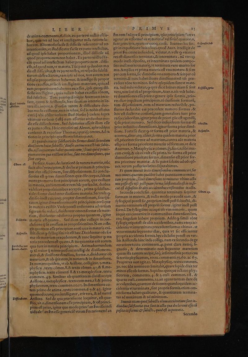 L SB BE ' deanima.commento.6;dicit, ex parterei nullus eftla- l| bor , quia res ad hoc vt intelligantur nulla rationela- borant. Alio modo facile & difficile referuntur ad res | intentionales,vt illud dicatur facile ex parteintelle&us, ad quod ipfe habet proportionem , illud difücile ad quod proportionem non habet . Ex parte rci illud fa- cile quod ad intelle&um habet proportionem . diffi cile,ad quod non,vt materia; Tüc patet qp duobus mo dis eft difficultas,& ex parte noftra, vt refpe&u (ubt. tiarum abílractarum,nam ipfe ad-nos, non autem nos adipfasproportiones habemus. & intellige de propor tione exccffus.at facile intelligimus materiam, quia ad eam proportionem habemus excelfus ,1pfa quoq; dif- ficile intelligitur , quia nullam habet exceffus rónem, fed defectus. Tunc patetquáinique Auerroem 1ncu- fant, quum & Ariftotelis, hec ficetiam intention lit- era illa.inquit.n. fForfan autem & difficultate duo- bus modis exiftente,nonin rebus, fed in nobis eft eius caufa? vbi cófftat verbum illud forfan F cadere fupra vltimum verbum £ eftt nam affertiue ait duobus mo- dis effe difficultatem . Sed dubitatiueafferit illam effe ex parte noftra. Huic expofitioni Alexan. aphrodifeus confentit.& expofitor Thomas,ceterid; omnes.Ad ra tiones in principio quzftionis folutio patet. Et quando inuenit [ubflantiales formas diuidi fecundum diuifionem buius fubie&fi ( diuifio autem nonet buic fubie- ! &oyuif inquantum babet quantitatem ) fciuit quod princi- | ; d ; pium eorum qua exisiumt in boc, funt tres dimeu[tones, que ! funt covpus. Perfecit Auerr.declarationé de natura materiz,nüc facit aliud principium,& declarat primam & principa- Jem eius affectionem, fiue difpofitionem. Er conclu- fio eius eft cy tres dimenfiones que dür corpus,faltem more geometrz funt principium eorum, que exiftunt in materia, enthimematice rem hác perfuadet, duabus videlicet propofitionibus acceptis , prima cpfubftan- tiales forma diuidantur diuifione materia, Secunda cp diuifio ineft cuicuna; propter dimenfionem, fiue qti- tatem.igitur dimenfiotrina erit principium eorü quz jn materia exiftüt. Vnde poteft enthimema ad tertiam figuram fic reduci,diuiduntur omnesformz ob mate- riam , diuiduntur oésforme propterquantum , igitur Dobitsi. materia eftquanta. Sed dices plus collegit in con- clufioned fit emiffum in propofitionibus.Nam colle- git quantum effe principium eorü quein materia exi- Refpesfio. Ítüt.dicas cp fyllogifmi vis eft hec.Dividuntur o€s for mz ob materiam precedentem,& tunc fequitur cp ma teria precedens eft quanta,& ita quantitas erit eorum prn ve quz funtin materia principium. Animaduertendum wrun Aw o tá maior d minorpoffunt intelligi de diuifione nu- merali,& diuifionediméfiua, formz.n.diuiduntur ob mareriam,& ob dtitatemjin numero & in dimenfione, In numero quidem, vt ab Ariftote. colligitur. 7.meta- phyfice .textu cómen.8,& textu cómen. 4 1.& 8.me- taphyfice. textu cómenti.8.& t z.metaphyfice, textu commen. 49. Similiter ob quantitatem diuidi accipit Ariftote.smetaphyficz, textucommen.18.& primo phyfieorum,textu commen.1 0.1 5. In dimenfione au- tem primo de anima.textu commen.ó 7:& 43. Igitur quomodocung; res intelligatur , erit vera, & ad menté Diffcdhaer. Ariftote. Sed de qua precefsione loquitur, eft quz- ftio, ait.n.dimenfionem cffe principium, & oÉ princi- pium eft prius, igitur quo modo prius?an £m effeindi viduale 2 an fm elTe generic? vtrum fm rationem: an Cómen. 18. IN y Depto MM TT eter | tum come [uerto- ciléet jA jt m LuMUNeS 1? PoR 3 fm rem ? nique fi principium, qüo principium ?an vt agenst an vt forma? an vt materia? vel finis? quatuor.n, funt principia,quatuor quoq; caufe. Ioannes hic fin- git in expofitione huius loci.quod Auer. intelligit de priori Fm omne indiuiduü, videtur. n.vcelle cp vnamet res eft dimenfio terminata, & interminata . ná vtroq; modo ineft cópofito, vtinterminata quidem compo- fito ineft merito materie,vt terminata vero merito fot ma. Amplius vt prima materia'eft vna numero & fcm per cum forma,fic dimenfio vna numero & femper cü terminis.& tunc babet dicere diméfionesnó tío prx- cedere róne terminos. fed rc.qüquidem funt vt mate- ria. Sed mihi videtur, cp qux dicit Ioánes etiam fi funt vera,non fint ti ad propofitum, Auer.n.trn vult habe- re dimenfiones effe priores genere ipfis formis , prio- res dico inquátum principium.tü diuifionts formarü, tum difpofitiuum, tum ad materiam reducibile. po- fterius declarabit eas precedere numero formas . & hoceftdo&rinz confonü,nam generaliora funt prio ra fpecialioribus.igitur prius de priori güe eft agendü, dá depriori numero. Sed dicesindiuiduum forma eft prius indiuiduo dimenfionis.igitur forma prior dimé- fionc. Fortaffe dicet qp vt forma eft prior materia , & econtra,aliter atq; aliter,forma quidem materia prior cft, prioritateformz ad materiam,contra aüt materia eftprior forma prioritate materiz ad formam. vt dicit Auerroes.7. Metaphyfice cómen.35.funt.n.fibi inui- cem caufe,& ois oi vult effe prima.Sic forma eft prior dimenfioneprioritate formz,dimenfio eft prior for- ma prioritate materiz . & fic patetfolutio ad oés qó- nes.verum pofterius latius difputabimus. Et quum tnuenit in cis dimen[ionibus communicari for mas omnes,quarum qualibet babet quantitatem termina- tam propriam fciuit dimen[tones terminatas vltimo atfu non poffe effe vifi postquam forma fubflantialis ef in eo-fi- cut eft difpofitio de aliis accidentibus exiflentibus inatfu. Secunda conclufio . quantitas terminata fequitur formam in materia , & nullo modo precedit eam , & fyllogicari poreft fic, proprium ineft poft fubie&tü, di- mentio terminata eft propriü formz. igitur ineft poft formá.Defyllogifmo accepti tm vim minoris . quum inquit eas conuenire in communibus dimenfionibus, atq; fingulam habere propriam. Addit gj fimili róne fyllogicartpoteft de aliis accidentibus,nam catera ac- cidentia vtinterminata precedunt formas vltimas . at vt terminata fequunturillas, quia vt fic efhciuntur propria accidentia formis.bec cóclufio poteft ex ver- bis Ariftotelis hinc inde colligi, nam ex fecundo de ge nerationetcxtu commeniti, 41.patet clare itemd; fi- enatio , &. determinatio non fequuntur materiam quum illa tantum recipit,fitd; infinitudinis potius cau fatertio phyficorum, textu.commenti.59.60. ac 67. Propterea non agit.i2. Metaphyfice. textu commen. 30. nec fibi terminum limitabit,quare fapide dixit ter minos effeob formas. Sapidius quoque octauo phy- ficorum , commento, 4. & 3. cccli commen.28. & quarto cceli. commento. 22.ait agens tantum dare de accidentibus,quantum de formis quandoquidem ac- cidentia vt terminata , fint propria formis.etiam om- nis forma habet qualitates , & quantitatem termina- tàs ad maximum & ad minimum. Inuenit etiam quod fübietta o?umaccideutium funt in- diuidua fubflantie que funt inattu qua declavauit effe co pofita ex formis er [bito quod eft in potentia. Secundo R efponfio Io&^ 744. Refpófio £pria ObictHe. Re :fpenfi [^ Comen. 19.